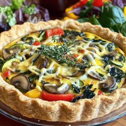 For a great vegetable quiche, you need a few key items. Let’s break down what you’ll need: - 1 pre-made pie crust (or homemade if preferred) - 1 cup spinach, chopped - 1 cup mushrooms, sliced - 1 red bell pepper, diced - 1 small zucchini, grated - ½ cup onion, finely diced - 4 large eggs - 1 cup heavy cream - 1 cup shredded cheese (cheddar or your choice) - 1 teaspoon garlic powder - 1 teaspoon fresh thyme (or ½ teaspoon dried thyme) - Salt and pepper to taste - 1 tablespoon olive oil The pie crust is the base of your quiche. You can buy it ready-made or make your own. Using fresh vegetables brings bright flavors. Spinach adds color, while mushrooms give a nice, earthy taste. The red bell pepper adds a sweet crunch, and zucchini gives a soft texture. The egg and dairy mixture binds everything together. Heavy cream makes it rich and smooth. You can choose any cheese you like, but cheddar is a classic choice. Don’t forget the herbs! Thyme adds a fresh, aromatic touch. Garlic powder gives a warm flavor, while salt and pepper enhance everything. With these ingredients, you can create a savory and satisfying vegetable quiche. You can find the Full Recipe to guide you through each step! First, preheat your oven to 375°F (190°C). This step is key for a well-cooked quiche. While the oven heats, let’s prepare the vegetables. In a skillet, add 1 tablespoon of olive oil over medium heat. Next, toss in the diced onion, sliced mushrooms, diced red bell pepper, and grated zucchini. Sauté these for about 5-7 minutes, until they soften. After that, add 1 cup of chopped spinach. Cook for another 2 minutes until it wilts. Season with salt, pepper, and 1 teaspoon of garlic powder. Once done, remove the skillet from the heat and let it cool slightly. In a large mixing bowl, whisk together 4 large eggs and 1 cup of heavy cream until smooth. This mixture will be the base of your quiche. Next, stir in 1 teaspoon of fresh thyme and half of the 1 cup of shredded cheese, which adds flavor and richness. Once your sautéed vegetables have cooled, add them to the egg mixture. Stir until everything is evenly combined. This step ensures each slice is packed with flavor. Now, it’s time to fill the crust. Pour the vegetable and egg mixture into your prepared pie crust. If you are using a pre-made crust, make sure it fits well in your pie dish. Sprinkle the remaining cheese on top for a cheesy finish. Bake your quiche in the oven for 35-40 minutes. You know it’s ready when the center is set and the top is golden. To check, insert a knife into the center. It should come out clean. Once baked, let your quiche cool for about 10 minutes before slicing. This resting time helps it set and makes cutting easier. For the full recipe, refer to the previous section. Enjoy your delicious vegetable quiche! Choosing the right vegetables is key for great flavor and texture. I love using spinach, mushrooms, bell pepper, zucchini, and onion. Each veggie adds a unique taste and color. Spinach gives a nice green pop, while mushrooms add earthiness. Red bell pepper brings sweetness, and zucchini adds moisture. You can mix and match based on your favorites. Fresh, seasonal vegetables always taste best. For a flaky pie crust, keep your ingredients cold. Use chilled butter and ice water when making dough. If you're using a pre-made crust, make sure it fits well in your pie dish. Press down gently to avoid air pockets. Poking holes in the bottom helps steam escape, keeping the crust crispy. Ovens can vary, so adjust cooking time and temperature as needed. If your quiche looks set but still jiggles, give it an extra 5-10 minutes. A good test is inserting a knife in the center. If it comes out clean, it’s done. If you're looking for a crustless quiche, just skip the pie crust. Pour the egg and vegetable mixture directly into a greased pie dish. It cooks just as well and saves time. A crustless version is also lower in carbs, making it a great choice for many diets. For the full recipe, check out the Garden Delight Vegetable Quiche 🥧. {{image_2}} You can make your vegetable quiche even more delicious by adding proteins like bacon or ham. These meats give the quiche a savory twist. Choose crispy bacon or diced ham to mix in with your veggies. This adds richness and flavor. Using different cheeses or spices can change the taste too. Try feta for a tangy kick or Swiss for a nutty flavor. Adding spices like paprika or cumin can also bring new life to your dish. Each choice creates a unique flavor profile that fits your taste buds. If you need a gluten-free option, use a gluten-free crust. Many stores sell ready-made gluten-free crusts. You can also make your own using almond flour or gluten-free oats. For vegetarian and vegan adaptations, swap the eggs and heavy cream with chickpea flour and plant milk. This mixture creates a creamy base that holds everything together. You can also use tofu for a protein boost. These tweaks make your quiche suitable for everyone, no matter their diet. Check out the Full Recipe to explore more ways to enjoy this tasty dish! To keep your vegetable quiche fresh, store it in the fridge. Place leftovers in a tight container. Make sure it cools down first. It will stay good for about three to four days. If you want to save it for longer, freeze your quiche. Wrap it well in plastic wrap or foil. Then, place it in a freezer bag. This way, it can last up to three months. Remember to label the bag with the date. To reheat your quiche, there are a few good methods. The best way is in the oven. Preheat your oven to 350°F (175°C). Place the quiche on a baking sheet. Heat it for about 15 to 20 minutes. This keeps the crust crisp and the filling warm. You can also use the microwave. If you choose this method, heat it in short bursts. Start with 30 seconds, then check. This way, the texture stays nice. For a quick snack, enjoy it cold! The flavors will still be great. For more tips and the full recipe, check out the Garden Delight Vegetable Quiche. How long does homemade vegetable quiche last? Homemade vegetable quiche lasts about 3 to 4 days in the fridge. Make sure to store it in an airtight container. This keeps it fresh and tasty for your next meal. Can I make vegetable quiche ahead of time? Yes, you can make vegetable quiche ahead of time. Just prepare it, bake it, and cool it. Then, cover it and store it in the fridge. You can also freeze it. Just thaw it overnight in the fridge before reheating. What should I serve with quiche? Quiche pairs well with salads or fresh fruit. A simple green salad with a light dressing works great. You can also enjoy it with a fruit platter for a sweet touch. - User-submitted suggestions for enhancements: Some users love adding sun-dried tomatoes or feta cheese for extra flavor. Others suggest using different herbs like basil or oregano. Experiment with your favorites! - Serving suggestions for various meals: Quiche is perfect for brunch or lunch. Serve it with toast or a warm baguette. You can also enjoy it as a light dinner with roasted veggies on the side. Making vegetable quiche is fun and easy. You learned about key ingredients like a good pie crust, fresh veggies, and the egg mixture. Following my step-by-step guide, you can cook a tasty quiche that's perfect for any meal. Use my tips to improve flavor, texture, and baking techniques. Don’t forget the variations to suit different diets. With proper storage and reheating tips, your quiche will stay fresh. Enjoy experimenting with flavors and creating your own delicious quiche at home!