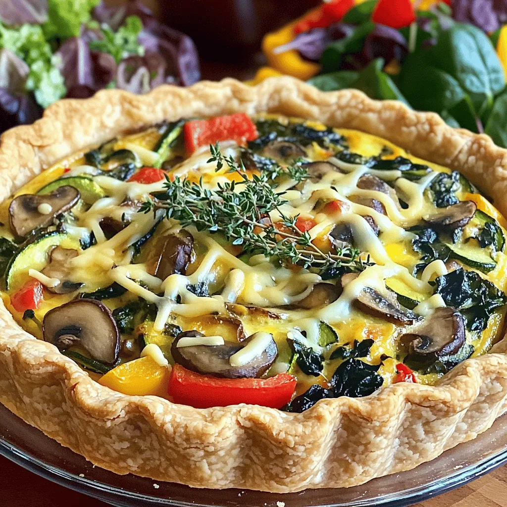 For a great vegetable quiche, you need a few key items. Let’s break down what you’ll need: - 1 pre-made pie crust (or homemade if preferred) - 1 cup spinach, chopped - 1 cup mushrooms, sliced - 1 red bell pepper, diced - 1 small zucchini, grated - ½ cup onion, finely diced - 4 large eggs - 1 cup heavy cream - 1 cup shredded cheese (cheddar or your choice) - 1 teaspoon garlic powder - 1 teaspoon fresh thyme (or ½ teaspoon dried thyme) - Salt and pepper to taste - 1 tablespoon olive oil The pie crust is the base of your quiche. You can buy it ready-made or make your own. Using fresh vegetables brings bright flavors. Spinach adds color, while mushrooms give a nice, earthy taste. The red bell pepper adds a sweet crunch, and zucchini gives a soft texture. The egg and dairy mixture binds everything together. Heavy cream makes it rich and smooth. You can choose any cheese you like, but cheddar is a classic choice. Don’t forget the herbs! Thyme adds a fresh, aromatic touch. Garlic powder gives a warm flavor, while salt and pepper enhance everything. With these ingredients, you can create a savory and satisfying vegetable quiche. You can find the Full Recipe to guide you through each step! First, preheat your oven to 375°F (190°C). This step is key for a well-cooked quiche. While the oven heats, let’s prepare the vegetables. In a skillet, add 1 tablespoon of olive oil over medium heat. Next, toss in the diced onion, sliced mushrooms, diced red bell pepper, and grated zucchini. Sauté these for about 5-7 minutes, until they soften. After that, add 1 cup of chopped spinach. Cook for another 2 minutes until it wilts. Season with salt, pepper, and 1 teaspoon of garlic powder. Once done, remove the skillet from the heat and let it cool slightly. In a large mixing bowl, whisk together 4 large eggs and 1 cup of heavy cream until smooth. This mixture will be the base of your quiche. Next, stir in 1 teaspoon of fresh thyme and half of the 1 cup of shredded cheese, which adds flavor and richness. Once your sautéed vegetables have cooled, add them to the egg mixture. Stir until everything is evenly combined. This step ensures each slice is packed with flavor. Now, it’s time to fill the crust. Pour the vegetable and egg mixture into your prepared pie crust. If you are using a pre-made crust, make sure it fits well in your pie dish. Sprinkle the remaining cheese on top for a cheesy finish. Bake your quiche in the oven for 35-40 minutes. You know it’s ready when the center is set and the top is golden. To check, insert a knife into the center. It should come out clean. Once baked, let your quiche cool for about 10 minutes before slicing. This resting time helps it set and makes cutting easier. For the full recipe, refer to the previous section. Enjoy your delicious vegetable quiche! Choosing the right vegetables is key for great flavor and texture. I love using spinach, mushrooms, bell pepper, zucchini, and onion. Each veggie adds a unique taste and color. Spinach gives a nice green pop, while mushrooms add earthiness. Red bell pepper brings sweetness, and zucchini adds moisture. You can mix and match based on your favorites. Fresh, seasonal vegetables always taste best. For a flaky pie crust, keep your ingredients cold. Use chilled butter and ice water when making dough. If you're using a pre-made crust, make sure it fits well in your pie dish. Press down gently to avoid air pockets. Poking holes in the bottom helps steam escape, keeping the crust crispy. Ovens can vary, so adjust cooking time and temperature as needed. If your quiche looks set but still jiggles, give it an extra 5-10 minutes. A good test is inserting a knife in the center. If it comes out clean, it’s done. If you're looking for a crustless quiche, just skip the pie crust. Pour the egg and vegetable mixture directly into a greased pie dish. It cooks just as well and saves time. A crustless version is also lower in carbs, making it a great choice for many diets. For the full recipe, check out the Garden Delight Vegetable Quiche 🥧. {{image_2}} You can make your vegetable quiche even more delicious by adding proteins like bacon or ham. These meats give the quiche a savory twist. Choose crispy bacon or diced ham to mix in with your veggies. This adds richness and flavor. Using different cheeses or spices can change the taste too. Try feta for a tangy kick or Swiss for a nutty flavor. Adding spices like paprika or cumin can also bring new life to your dish. Each choice creates a unique flavor profile that fits your taste buds. If you need a gluten-free option, use a gluten-free crust. Many stores sell ready-made gluten-free crusts. You can also make your own using almond flour or gluten-free oats. For vegetarian and vegan adaptations, swap the eggs and heavy cream with chickpea flour and plant milk. This mixture creates a creamy base that holds everything together. You can also use tofu for a protein boost. These tweaks make your quiche suitable for everyone, no matter their diet. Check out the Full Recipe to explore more ways to enjoy this tasty dish! To keep your vegetable quiche fresh, store it in the fridge. Place leftovers in a tight container. Make sure it cools down first. It will stay good for about three to four days. If you want to save it for longer, freeze your quiche. Wrap it well in plastic wrap or foil. Then, place it in a freezer bag. This way, it can last up to three months. Remember to label the bag with the date. To reheat your quiche, there are a few good methods. The best way is in the oven. Preheat your oven to 350°F (175°C). Place the quiche on a baking sheet. Heat it for about 15 to 20 minutes. This keeps the crust crisp and the filling warm. You can also use the microwave. If you choose this method, heat it in short bursts. Start with 30 seconds, then check. This way, the texture stays nice. For a quick snack, enjoy it cold! The flavors will still be great. For more tips and the full recipe, check out the Garden Delight Vegetable Quiche. How long does homemade vegetable quiche last? Homemade vegetable quiche lasts about 3 to 4 days in the fridge. Make sure to store it in an airtight container. This keeps it fresh and tasty for your next meal. Can I make vegetable quiche ahead of time? Yes, you can make vegetable quiche ahead of time. Just prepare it, bake it, and cool it. Then, cover it and store it in the fridge. You can also freeze it. Just thaw it overnight in the fridge before reheating. What should I serve with quiche? Quiche pairs well with salads or fresh fruit. A simple green salad with a light dressing works great. You can also enjoy it with a fruit platter for a sweet touch. - User-submitted suggestions for enhancements: Some users love adding sun-dried tomatoes or feta cheese for extra flavor. Others suggest using different herbs like basil or oregano. Experiment with your favorites! - Serving suggestions for various meals: Quiche is perfect for brunch or lunch. Serve it with toast or a warm baguette. You can also enjoy it as a light dinner with roasted veggies on the side. Making vegetable quiche is fun and easy. You learned about key ingredients like a good pie crust, fresh veggies, and the egg mixture. Following my step-by-step guide, you can cook a tasty quiche that's perfect for any meal. Use my tips to improve flavor, texture, and baking techniques. Don’t forget the variations to suit different diets. With proper storage and reheating tips, your quiche will stay fresh. Enjoy experimenting with flavors and creating your own delicious quiche at home!