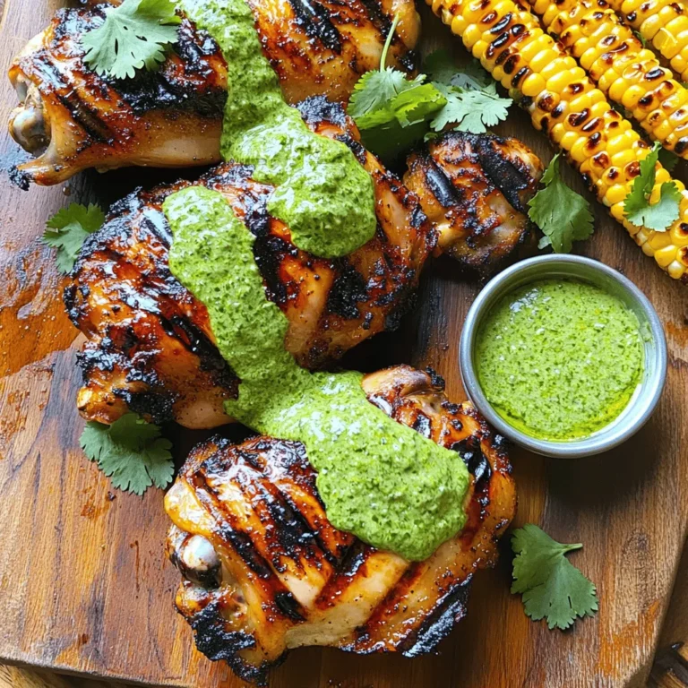 - 4 boneless, skinless chicken thighs - 2 tablespoons olive oil - 2 cloves garlic, minced - 1 teaspoon ground cumin - 1 teaspoon paprika - Salt and pepper, to taste - Juice of 1 lime - Fresh cilantro, for garnish - 1 cup fresh cilantro leaves - 1 jalapeño, seeded and chopped - 2 cloves garlic - 1/4 cup mayonnaise - 1/4 cup Greek yogurt - Juice of 1 lime - Salt to taste - Mixing bowl - Food processor - Grill or grill pan - Meat thermometer To make the best Peruvian grilled chicken, you need fresh, high-quality ingredients. The chicken thighs provide a rich flavor and stay moist when grilled. Olive oil adds a nice touch and helps the spices stick. Garlic, cumin, and paprika give it that distinct taste. Lime juice brightens everything up. For the green sauce, fresh cilantro is key. It brings a vibrant color and fresh taste. The jalapeño adds a slight kick, but you can adjust it based on your spice level. Mayonnaise and Greek yogurt create a creamy texture. They balance the heat and add richness. Gathering the right tools is also important. A mixing bowl will help you combine your marinade. A food processor makes the green sauce quick and easy. The grill or grill pan is where the magic happens. Finally, a meat thermometer ensures your chicken is perfectly cooked. You can find the full recipe for preparing this delicious dish in the complete article. To start, mix the marinade ingredients in a bowl. Use 2 tablespoons of olive oil, 2 minced garlic cloves, 1 teaspoon of ground cumin, 1 teaspoon of paprika, the juice of 1 lime, and salt and pepper to taste. Once it’s well mixed, add 4 boneless, skinless chicken thighs to the bowl. Coat each piece well in the marinade. Cover the bowl and refrigerate it. Letting it sit for at least 1 hour makes the chicken flavorful. For the best taste, marinate overnight. Next, let’s make the green sauce. In a food processor, combine 1 cup of fresh cilantro leaves, 1 chopped jalapeño (make sure to seed it), 2 cloves of garlic, 1/4 cup of mayonnaise, 1/4 cup of Greek yogurt, the juice of 1 lime, and a pinch of salt. Blend until smooth. Taste the sauce and adjust the seasoning if needed. Once it is ready, transfer it to a bowl and refrigerate. This sauce adds a fresh kick! Now, it’s grilling time! Preheat your grill or grill pan over medium-high heat. Take the marinated chicken out of the fridge. Grill each piece for about 6 to 8 minutes on each side. To check if it’s done, use a meat thermometer. The internal temperature should be 165°F (75°C). This will ensure your chicken is juicy and safe to eat. After grilling, remove the chicken from the grill. Let it rest for about 5 minutes. This step helps keep the juices in the meat. Once it’s rested, slice the chicken into strips. Arrange the grilled chicken on a platter, drizzle with the green sauce, and garnish with fresh cilantro. For a perfect presentation, serve on a wooden board with extra green sauce on the side. You can also add grilled vegetables or corn for a colorful meal. You can find the full recipe [here]. - For the best flavor, marinate chicken for at least 1 hour. - If you want more spice, add chili powder to the marinade. - Try yogurt or vinegar-based marinades for a tangy twist. - Preheat your grill to medium-high, around 400°F. - Oil the grill grates to stop the chicken from sticking. - Flip the chicken only once for even cooking and nice grill marks. - If you like heat, add more jalapeño to the green sauce. - You can make the sauce a day ahead and store it in the fridge. - Experiment with herbs like parsley for a different flavor. These tips will help you create a delicious Peruvian grilled chicken meal with rich flavors. For the full recipe, check out the details above. {{image_2}} You can switch chicken thighs for breasts if you prefer. Breasts are leaner and cook faster. Thighs give a juicier bite and more flavor. Both options work well in this dish. You can also try fish like salmon or halibut. Fish cooks quickly and pairs well with the green sauce. Tofu is another great choice for a plant-based meal. It absorbs flavors well, making it tasty and filling. To make the marinade more exciting, add spices like cayenne or smoked paprika. These will give an extra kick and depth to your chicken. You can also mix in fresh herbs like oregano or thyme for a fragrant touch. For the green sauce, try adding avocado for creaminess. A splash of vinegar can also give it a nice zing. You could even mix in some diced tomatoes or bell peppers for extra color and flavor. Serve your grilled chicken with rice or a fresh salad. Coconut rice adds a sweet twist. A crisp, green salad balances the flavors well. You can also pair it with grilled corn for a fun summer vibe. If you have leftovers, slice the chicken and use it in tacos or sandwiches. You can toss it with pasta for a quick meal. The green sauce can also be used as a dip or dressing. For the full recipe, check out the complete guide. You can store leftovers in the fridge for up to 3 days. Make sure to place them in an airtight container. If the chicken has a sour smell or a slimy texture, it’s no longer fresh. To freeze chicken with green sauce, first let it cool completely. Place the chicken and sauce in freezer-safe bags. Remove as much air as possible before sealing. For thawing, place the bag in the fridge overnight. Reheat gently on the stove or in the microwave until hot. You can prepare chicken thighs ahead of time. Marinate them the night before for quick grilling. Use leftover grilled chicken in tacos or salads for easy meals. You can also mix it into pasta or grain bowls for added flavor. To keep chicken juicy, marinate it well. Use olive oil, lime juice, and spices. This adds flavor and moisture. Grill the chicken on medium heat. Flip it only once to avoid drying. Cook it until the internal temperature reaches 165°F. Let it rest for five minutes before slicing. This helps the juices stay inside the meat. Yes, you can make green sauce without mayonnaise. Swap it out for Greek yogurt or avocado. Both options give a creamy texture. Greek yogurt also adds protein. For a lighter sauce, try using just yogurt and more lime juice. This keeps the flavor fresh and bright. Use a meat thermometer to check the chicken. Insert it into the thickest part. The chicken is done when it reaches 165°F. You can also look for visual cues. The juices should run clear, and the meat should not be pink. These signs ensure safe and tasty chicken. Peruvian grilled chicken goes well with many sides. Try serving it with rice or quinoa. A fresh salad with lime dressing is also great. You can add grilled vegetables for color and taste. For drinks, serve it with a light beer or a refreshing lemonade. These pairings make your meal complete and satisfying. You've learned how to make delicious grilled chicken with a vibrant green sauce. Using fresh ingredients and clear steps is key. Remember to marinate for flavor and check your chicken’s doneness with a thermometer. You can adjust spices and explore variations to fit your taste. Whether you’re meal prepping or enjoying leftovers, these tips will elevate your cooking. Enjoy your grilling and share your creations!