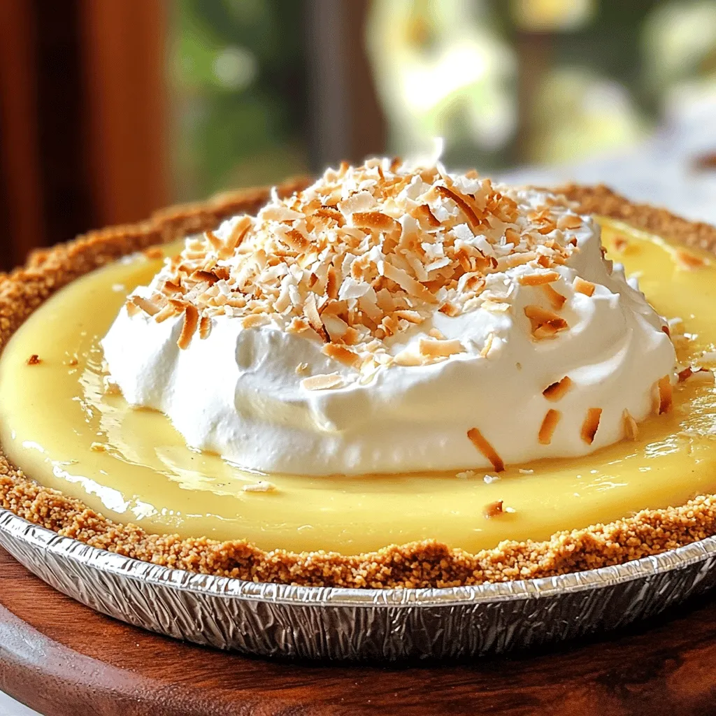 To make a great coconut cream pie, you need a few key ingredients: - 1 ½ cups graham cracker crumbs - ½ cup unsweetened shredded coconut, toasted - ½ cup unsalted butter, melted - 1 cup granulated sugar These ingredients create the base and filling of the pie. The graham cracker crumbs form a sweet and crunchy crust, while the unsweetened shredded coconut adds that tasty coconut flavor. For the filling, we also need: - ¼ cup cornstarch - ½ teaspoon salt - 2 cups whole milk - 4 large egg yolks, lightly beaten - 1 teaspoon pure vanilla extract The cornstarch helps thicken the filling, while the milk and egg yolks create a rich and creamy texture. The vanilla extract adds a lovely aroma and taste. To finish off our pie, we will use: - 1 ½ cups heavy whipping cream - 3 tablespoons powdered sugar - Extra toasted coconut and whipped cream for garnish The heavy whipping cream becomes a fluffy topping, while the powdered sugar sweetens it up. The extra toasted coconut adds a nice touch for garnish. For the full recipe, visit Tropical Coconut Cream Pie 🥥. 1. Preheat your oven to 350°F (175°C). This step is key for a crispy crust. 2. Mix the crust ingredients: In a medium bowl, combine 1 ½ cups of graham cracker crumbs, ½ cup of toasted shredded coconut, and ½ cup of melted unsalted butter. Add ¼ cup of granulated sugar too. Mix well until crumbly. 3. Press the mixture firmly into the bottom and sides of a 9-inch pie dish. This helps form a sturdy base. 4. Bake the crust: Place the pie dish in the preheated oven. Bake for 8-10 minutes or until golden brown. Remove it and let it cool completely. 1. Combine the filling ingredients: In a saucepan over medium heat, whisk together 1 cup of sugar, ¼ cup of cornstarch, and ½ teaspoon of salt. This forms the base of your filling. 2. Gradually add milk: Slowly pour in 2 cups of whole milk while whisking continuously. Keep whisking until smooth. 3. Cook the mixture: Stir constantly until it thickens and starts to bubble. This usually takes a few minutes. Once it thickens, remove it from the heat. 4. Incorporate egg yolks: Take a small amount of the hot mixture and whisk it into 4 large beaten egg yolks. This tempers the yolks. Then, pour the yolk mixture back into the saucepan, stirring constantly for another minute. 5. Finish the filling: Remove from heat again. Stir in 1 teaspoon of pure vanilla extract and 1 cup of shredded coconut. Let the filling cool slightly before pouring it into the cooled crust. 1. Pour the filling into the cooled crust. Spread it evenly. Then cover with plastic wrap and refrigerate for at least 4 hours or until set. 2. Whip the cream: In a large mixing bowl, beat 1 ½ cups of heavy whipping cream with 3 tablespoons of powdered sugar until stiff peaks form. 3. Top the pie: Once the pie has set, spread the whipped cream evenly over the top. 4. Garnish with coconut: Add extra toasted coconut on top to make it look beautiful and tasty. Now you have a delicious coconut cream pie ready to enjoy! For the full recipe, check out Tropical Coconut Cream Pie. Tempering egg yolks is key for a creamy filling. If you add hot mixture directly, you risk scrambling the eggs. - To temper, take a small amount of the hot filling and mix it with the yolks. - Then, slowly pour this yolk mix back into the pot, stirring all the while. This method helps the filling cook evenly and become smooth. For a velvety texture, whisk continuously while cooking. This keeps the mixture lump-free. To make your pie even more delightful, consider adding flavors like almond extract. A tiny splash can add depth without overpowering the coconut. To boost coconut flavor, use both shredded coconut and coconut milk. This gives layers of coconut taste and aroma. Also, try toasting the shredded coconut before adding it. This adds a nutty flavor that's simply amazing. Garnishing can elevate your pie. For a fun touch, use extra toasted coconut. It adds texture and looks beautiful on top. You can also add fresh fruit, like mango slices or berries, for a pop of color. When serving, cut neat slices and place each piece on a colorful plate. This makes your dessert even more inviting. {{image_2}} To make a vegan coconut cream pie, you need to swap out dairy and eggs. Use coconut milk or almond milk instead of whole milk. Instead of egg yolks, you can use a mix of cornstarch and water. This will help thicken the filling just right. For whipping cream, look for plant-based options. Brands now offer coconut cream or almond cream. These will give you a similar taste and texture to traditional whipped cream. You can still enjoy the same creamy, luscious pie without the dairy. If you need a gluten-free coconut cream pie, start with the crust. Use a gluten-free graham cracker or make one from gluten-free flour. Just crush the crackers and mix them with melted butter. This will help create a tasty base. Check all your other ingredients too. Make sure your sugar, cornstarch, and coconut are gluten-free. This way, everyone can enjoy a slice without worry. You can add a fun twist to your coconut cream pie by including fresh fruit. Pineapple or mango can brighten the flavor. Just chop them up and mix them into the filling. This makes each bite burst with tropical goodness. You can also try other coconut desserts. Coconut cream bars are a great option. They are easy to make and pack a punch of coconut flavor. With these twists, you can keep your dessert exciting and fresh. For the Full Recipe, check out Tropical Coconut Cream Pie. Enjoy the fun and flavors! To store leftover coconut cream pie, wrap it tightly in plastic wrap. Place it in the fridge right away. This keeps the pie fresh and safe to eat. If you want the crust to stay crisp, avoid covering it directly. Instead, use a pie dome if you have one. This allows air to flow and keeps the crust from getting soggy. You can freeze coconut cream pie if you won't eat it soon. First, let the pie cool completely. Then, wrap it tightly in plastic wrap and aluminum foil. This helps prevent freezer burn. When you want to enjoy it, take it out of the freezer. Thaw the pie in the fridge overnight. Serve it chilled for the best taste. Coconut cream pie lasts up to 4 days in the fridge. After that, it may spoil. Look for signs like an off smell or discoloration. If it smells funny or looks strange, do not eat it. Always trust your senses. Keeping the pie sealed well helps it last longer and stay tasty. You can find the Full Recipe to make this treat again. To keep your crust firm, pre-bake it. Start by mixing graham cracker crumbs, toasted coconut, and melted butter. Press this mix into a pie dish. Bake it at 350°F for about 8-10 minutes. This helps it set before adding the filling. Let it cool completely too. A cold crust holds up better against the creamy filling. Yes, you can make coconut cream pie ahead of time. It’s best to chill the pie for at least 4 hours. You can even prepare it a day in advance. Just keep it covered in the fridge. This lets the flavors blend well. Plus, it saves you time when you want to serve it. One common mistake is not mixing the filling well. This can lead to clumps in the pie. Always whisk the cornstarch, sugar, and salt together first. Gradually add the milk while whisking. This helps create a smooth filling. Take your time when adding the egg yolks too. It prevents cooking them too fast, which can cause clumping. You can check out the Full Recipe for this treat: Tropical Coconut Cream Pie 🥥. You now have all the tools to make a great coconut cream pie. You learned about the key ingredients, from the crust to the toppings. The step-by-step guide makes the process easy to follow. Remember to try the tips and tricks for the best texture and flavor. You can even explore variations like vegan or gluten-free options. When storing your pie, follow the tips to keep it fresh. Enjoy your delicious, homemade coconut cream pie!