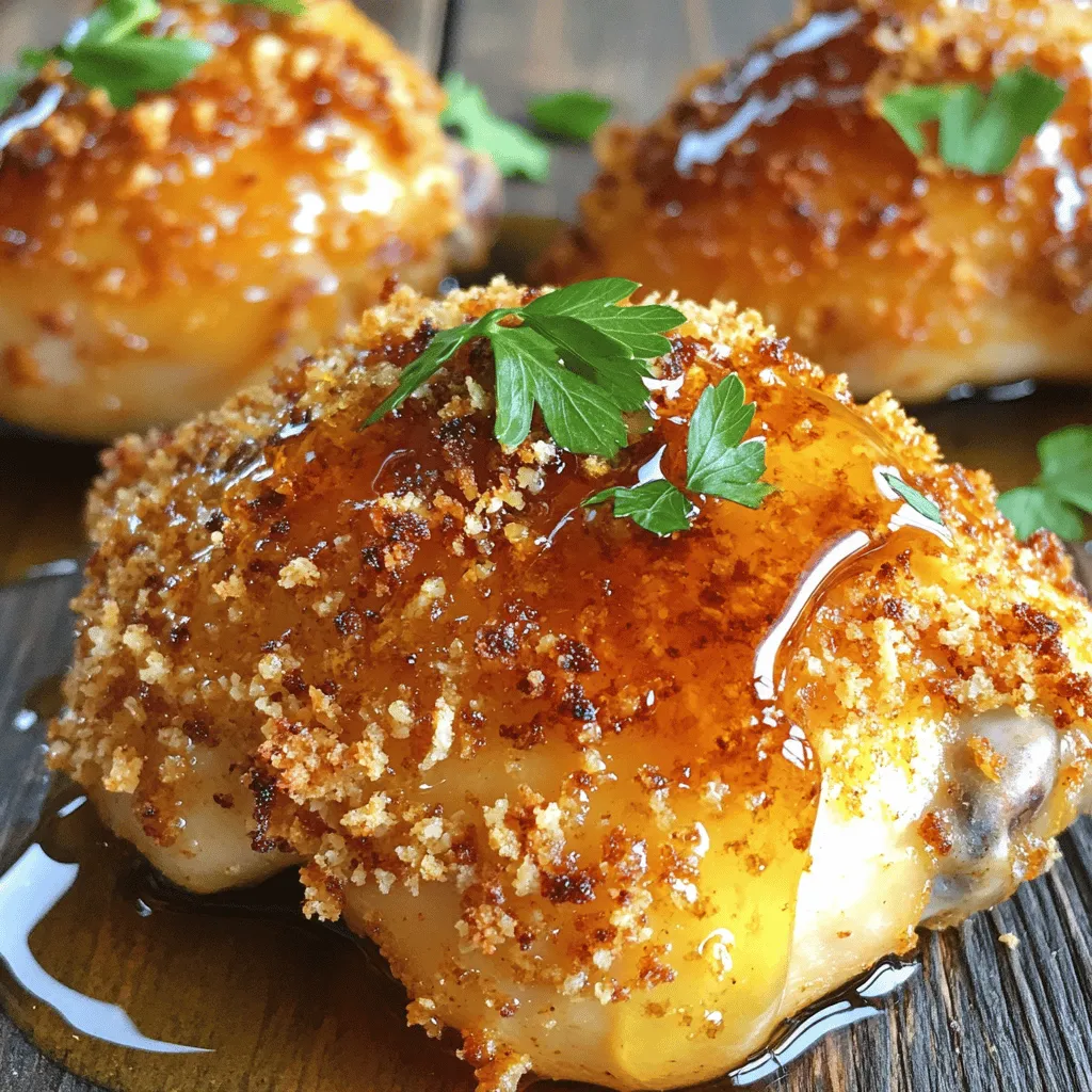 For Baked Crunchy Hot Honey Chicken, you'll need: - 4 boneless, skinless chicken thighs - 1 cup all-purpose flour - 1 cup panko breadcrumbs - 1 teaspoon garlic powder - 1 teaspoon onion powder - 1 teaspoon paprika - 1 teaspoon cayenne pepper (adjust for spice level) - 1 teaspoon salt - 1/2 teaspoon black pepper - 2 eggs, beaten - 1/4 cup hot honey (store-bought or homemade) - 1 tablespoon olive oil - Fresh parsley for garnish (optional)