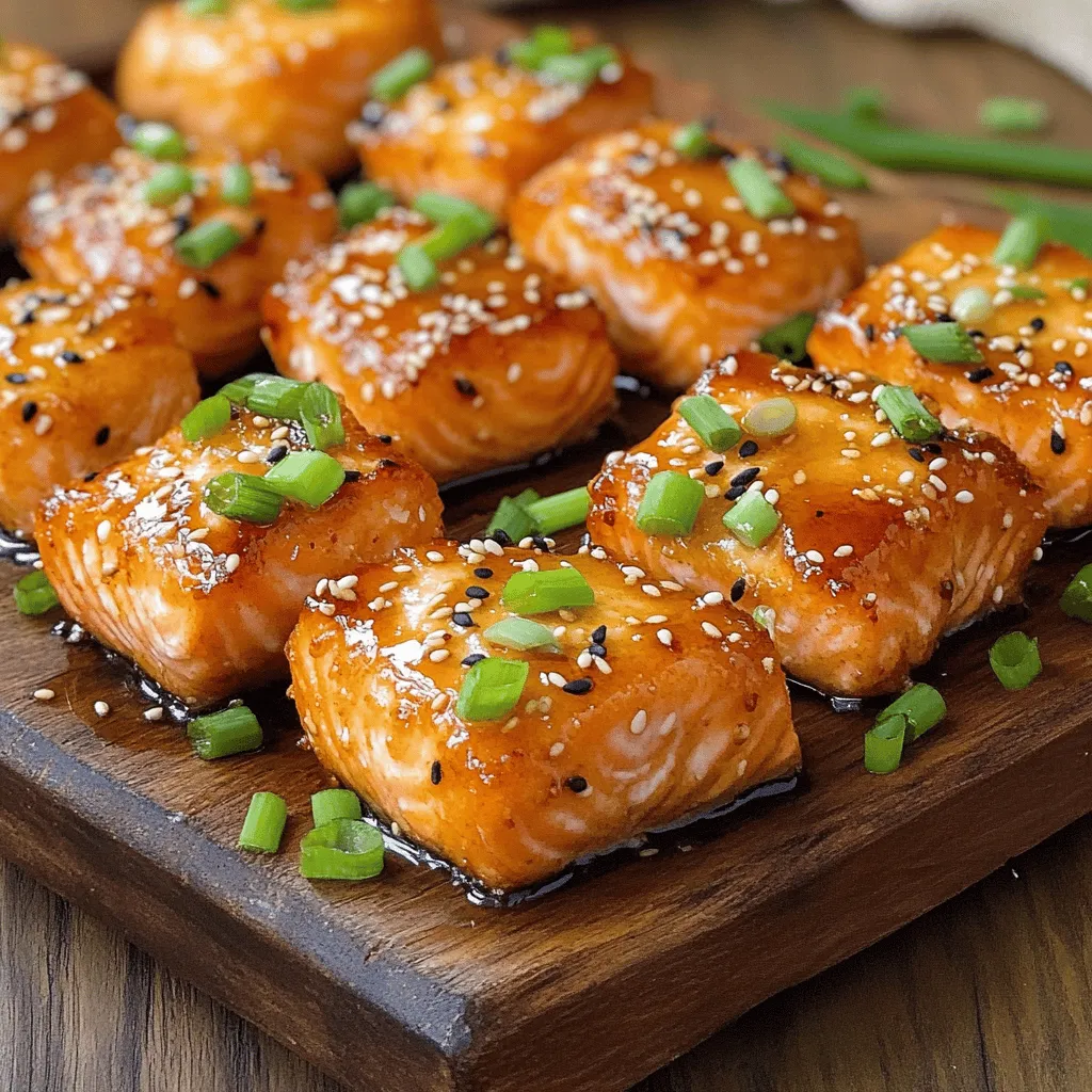 To make crispy honey garlic salmon bites, gather these simple and fresh ingredients: - 1 lb fresh salmon fillet, skin removed and cut into bite-sized cubes - 1/4 cup all-purpose flour - 1/4 cup cornmeal - 1/2 teaspoon garlic powder - 1/2 teaspoon onion powder - 1/2 teaspoon paprika - Salt and pepper to taste - 2 tablespoons vegetable oil (for frying) - 1/4 cup honey - 3 tablespoons soy sauce (low sodium) - 2 cloves garlic, minced - 1 teaspoon fresh ginger, grated - 1 tablespoon sesame seeds (optional for garnish) - 2 green onions, finely chopped (optional for garnish) When choosing salmon, look for fresh, high-quality fillets. Wild-caught salmon is best for flavor and health. Varieties like Sockeye or King salmon provide rich taste and firm texture. Farmed salmon can work too but may have a milder flavor. Always check for bright color and no fishy smell to ensure freshness. You can easily swap ingredients if needed. For the salmon, try using trout or even firm white fish like cod. If you want a gluten-free option, replace all-purpose flour with rice flour. You can also use maple syrup instead of honey for a different sweetness. If you’re out of ginger, a dash of ground ginger works in a pinch. Experiment with what you have on hand! For the full recipe, check out the steps to create this delicious treat. Start by cutting the salmon fillet into bite-sized cubes. You want them to be about one inch. Next, grab a mixing bowl. In this bowl, mix the flour, cornmeal, garlic powder, onion powder, paprika, salt, and black pepper. Stir these dry ingredients well. Now, toss the salmon cubes in this mix until they are fully coated. This will create a crispy crust when you fry them. Make sure each piece gets a nice layer, as this adds great texture and flavor. To cook the salmon bites, heat the vegetable oil in a large skillet over medium-high heat. Wait until the oil shimmers, which means it’s hot enough. Carefully add the salmon cubes in a single layer. Don't overcrowd the pan, or they won’t fry well. Cook them for about 2-3 minutes on each side. You'll know they are done when they turn golden brown and crispy. Once done, take them out and place them on a paper towel-lined plate to soak up extra oil. Now it's time for the honey garlic sauce. In a small saucepan, combine the honey, soy sauce, minced garlic, and grated ginger. Cook this mixture over medium heat. Stir it occasionally for about 3-5 minutes. You want the sauce to thicken a bit. Once it’s ready, take the salmon bites from the paper towel and return them to the skillet. Drizzle the thickened honey garlic sauce over the salmon. Gently toss the salmon bites to coat them well in the sauce. This will give them a sweet and savory flavor that is hard to resist. For the full recipe, check the earlier section. Enjoy your cooking adventure! To get the best crispiness, start with dry salmon. Pat the fish with paper towels. This helps the coating stick. Next, use a mix of flour and cornmeal. The cornmeal adds crunch. Make sure to coat each piece well. Fry in hot oil. If the oil is not hot, the salmon will soak up oil and become soggy. You can boost the flavor with a few simple tricks. Try adding cayenne pepper to the dry mix for heat. Lemon zest adds a fresh twist. You can also swap honey for maple syrup. This change gives a nice, rich flavor. Don't forget to sprinkle sesame seeds and green onions. They add texture and color. Use a heavy skillet for frying. A cast-iron skillet holds heat well. This helps fry the salmon evenly. A slotted spatula works great to flip the bites. It allows the oil to drain off easily. For the sauce, a small saucepan is best. It helps to control the heat while cooking the sauce. For the full recipe, check the detailed instructions above. {{image_2}} To add some heat, mix in chili flakes or Sriracha. This gives your bites a nice kick. You can also try using spicy honey if you can find it. It adds a sweet and spicy flavor that makes each bite exciting. Adjust the spice level to your liking. You can even serve with a side of spicy dipping sauce for more fun. If you want a healthier option, try baking your salmon bites. Preheat your oven to 400°F. Place the coated salmon on a baking sheet lined with parchment paper. Spray with a little cooking spray to help with crispiness. Bake for about 12-15 minutes, flipping halfway. This method keeps the bites tender and juicy while still offering a nice crunch. You can swap salmon for chicken or tofu if you prefer. For chicken, cut it into bite-sized pieces and follow the same steps. For tofu, press it to remove excess water, then cube it. The cooking time may vary, so check for doneness. Both proteins soak up the honey garlic sauce well, making them delicious options. To keep your crispy honey garlic salmon bites fresh, store them in an airtight container. Place them in the fridge. They stay good for about 2-3 days. Make sure they cool down first. This helps keep their texture. Reheat your salmon bites in the oven for the best results. Preheat your oven to 350°F (175°C). Spread the bites on a baking sheet. Heat them for about 10 minutes. This helps restore their crispiness. You can also use a skillet on medium heat. Just warm them for a few minutes, flipping gently. You can freeze these salmon bites for later enjoyment. First, let them cool completely. Then, place them in a freezer-safe bag or container. They last up to 2 months in the freezer. When ready to eat, thaw them overnight in the fridge. Reheat them as mentioned above for a tasty treat! You should cook salmon bites for about 2-3 minutes on each side. This timing gives you crispy, golden bites. Make sure not to overcrowd the pan. Overcrowding may lead to uneven cooking. Yes, you can use frozen salmon. Just thaw it first to ensure even cooking. Pat it dry to remove excess moisture. This helps the coating stick better and keeps the bites crispy. These bites pair well with several sides. Try serving them with rice or a fresh salad. You could also add steamed veggies for a healthy touch. For extra flavor, serve them with a dipping sauce. I recommend a soy or sweet chili sauce for a tasty twist. For the full recipe, check out the Crispy Honey Garlic Salmon Bites. In this article, we explored how to make delicious honey garlic salmon bites. We covered key ingredients and the best types of salmon. You also learned step-by-step cooking methods and tips for maximum crispiness. Variations like spicy bites and storage options were also discussed. Preparing these bites can be simple and fun. Enjoy experimenting with flavors and ingredients. Make this dish your own, and share it with friends and family!