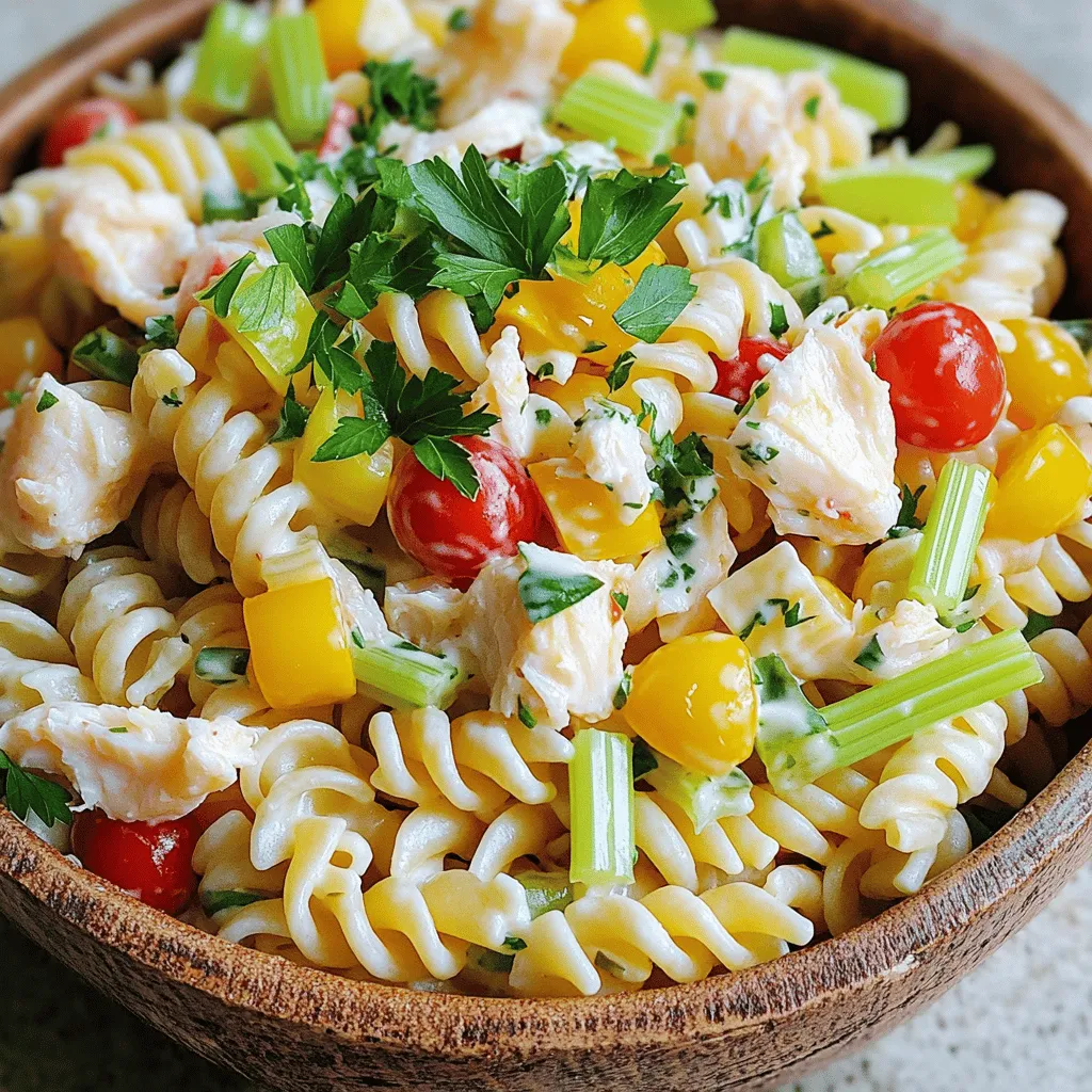 - 8 oz rotini pasta - 1 cup crab meat (or imitation crab, shredded) - 1/2 cup celery, finely chopped - 1/2 cup red bell pepper, diced - 1/4 cup red onion, finely chopped - 1/2 cup cherry tomatoes, halved - 1/2 cup mayonnaise - 2 tablespoons lemon juice - 1 teaspoon Dijon mustard - 1/2 teaspoon garlic powder - Salt and pepper to taste - Fresh parsley, chopped (for garnish) Gathering fresh ingredients is key. Each one adds flavor and texture. You want the best taste! I love using rotini pasta. The spirals hold the dressing well. You can also use any small pasta shape you like. Crab meat is the star of this dish. Real crab has a sweet taste. If you're on a budget, imitation crab works too. It’s still tasty and easy to find. Fresh vegetables are a must! Celery adds crunch, while bell pepper and red onion give a sweet bite. Cherry tomatoes bring a juicy pop. For the dressing, mayonnaise is creamy and rich. The lemon juice adds a bright zing. Dijon mustard gives a slight kick. Garlic powder rounds out the flavors. Don't forget to add salt and pepper to taste! Chopped parsley makes a lovely garnish. It adds color and freshness. This Super Easy Crab Pasta Salad is quick to prepare. Check the Full Recipe for step-by-step instructions. You’ll love how simple it is to make! - Boiling the Water Fill a large pot with water. Add a pinch of salt to the water. Bring the water to a boil over high heat. - Cooking the Rotini When the water is boiling, add the rotini pasta. Cook it according to the package instructions until it is al dente. This usually takes about 8 to 10 minutes. After cooking, drain the pasta in a colander. Rinse it under cold water to cool it down and stop the cooking process. - Mixing the Ingredients Take a large mixing bowl. Add the cooled rotini pasta. Then, add 1 cup of crab meat, 1/2 cup of finely chopped celery, 1/2 cup of diced red bell pepper, 1/4 cup of finely chopped red onion, and 1/2 cup of halved cherry tomatoes. - Making the Dressing In a small bowl, mix together 1/2 cup of mayonnaise, 2 tablespoons of lemon juice, 1 teaspoon of Dijon mustard, and 1/2 teaspoon of garlic powder. Add salt and pepper to taste. Stir it well until it is smooth and creamy. - Tossing the Salad Pour the dressing over the pasta and crab mixture. Gently toss everything together until all the ingredients are coated. Taste it and adjust the seasoning if needed. - Refrigerating for Best Flavor Cover the bowl with plastic wrap. Place it in the fridge for at least 30 minutes. This helps the flavors come together nicely. Before serving, give it a final toss and garnish with fresh parsley. Enjoy your super easy crab pasta salad! For the full recipe, check the earlier section. Adjusting Seasoning Taste is key in this dish. Start with the basic salt and pepper. After mixing, taste your salad. If it needs more zing, add a pinch of salt or a squeeze of lemon juice. This simple adjustment can brighten the entire dish. Adding Fresh Herbs Fresh herbs elevate your crab pasta salad. I love using parsley for its bright flavor. You can also try dill or chives. Chop the herbs finely and mix them in just before serving for a fresh burst. Cooking Pasta Al Dente Cook your pasta to al dente. This means it should be firm to the bite. Overcooked pasta can become mushy in the salad. Check the package for cooking times and taste it a minute early to get it just right. Choosing Fresh Vegetables Fresh veggies make a big difference. Use crisp celery and sweet bell peppers for crunch. Look for bright cherry tomatoes, too. They should be firm and vibrant. Fresh vegetables add color and a satisfying texture to your salad. Best Side Dishes This crab pasta salad pairs well with many sides. Try serving it with garlic bread or a simple green salad. A light vinaigrette can balance the creaminess. These sides complement the flavors nicely. Presentation Ideas Presentation matters! Serve your salad in a large bowl. Garnish with extra parsley on top. You can also use a clear glass dish to show off the colorful layers. A good presentation makes the dish even more inviting. {{image_2}} Using Different Pasta Shapes You can swap rotini for other pasta. Fusilli, penne, or even bowties work great. Each shape gives a new twist. They hold the dressing and mix well with the other ingredients. Try a whole grain or chickpea pasta for a healthy twist! Alternative Protein Options If crab isn't your thing, don't worry! You can use shrimp, chicken, or even canned tuna. Imitation crab also works if you want a budget-friendly choice. Each protein adds its own flavor to the dish. Adding Spices or Seasonings Want to spice things up? Add a pinch of cayenne or red pepper flakes. You can also mix in some Italian herbs like oregano or basil. These simple changes can boost the taste and make it your own. Incorporating Cheese or Nuts Cheese can make this salad even better. Try feta or shredded cheddar for extra creaminess. You can also add nuts like walnuts or almonds for a nice crunch. Nuts give a great texture contrast and a boost of protein. Gluten-Free Options Need a gluten-free dish? Use gluten-free pasta made from rice or lentils. Many brands make it easy to enjoy this dish without gluten. Just check the labels to ensure it meets your needs. Vegan Substitutes To make this salad vegan, swap crab for chickpeas or vegan crab meat. Use vegan mayo to replace regular mayonnaise. These changes keep the salad tasty and suitable for everyone. Storing in the Refrigerator After making your crab pasta salad, store it in an airtight container. This keeps it fresh. It will last well in the fridge. I recommend using it within three days for the best taste. Freezing for Later You can freeze crab pasta salad, but it may change texture. If you choose to freeze it, place it in a freezer-safe container. Make sure to leave some space for expansion. Use it within one month for the best quality. How Long It Lasts in the Fridge In the fridge, crab pasta salad lasts about three days. Keep an eye on it. If you see any changes, it’s best to toss it out. Signs of Spoilage Look for off smells or changes in color. If the salad seems watery or mushy, it’s time to let it go. Food safety is key! Best Practices for Reheating If you want to reheat your crab pasta salad, do it gently. Use a microwave on low power. Heat it in short bursts to avoid cooking the crab. Maintaining Texture and Flavor To keep it fresh, add a little dressing after reheating. This will help restore the flavor. Enjoy your dish just like the first time! To make crab pasta salad, follow these simple steps: 1. Boil a pot of salted water. 2. Cook 8 oz of rotini pasta until al dente. 3. Drain and rinse the pasta with cold water. 4. In a large bowl, mix the pasta with 1 cup of crab meat, 1/2 cup of chopped celery, 1/2 cup of diced red bell pepper, 1/4 cup of chopped red onion, and 1/2 cup of halved cherry tomatoes. 5. In another bowl, blend 1/2 cup of mayonnaise, 2 tablespoons of lemon juice, 1 teaspoon of Dijon mustard, 1/2 teaspoon of garlic powder, salt, and pepper. 6. Pour the dressing over the pasta mixture and toss gently. 7. Cover and chill for at least 30 minutes before serving. This recipe is quick and full of flavor. You can find the full recipe above! Yes, you can make this salad ahead of time. Here are some tips: - Prepare the salad a few hours or even a day before serving. - Store it in the fridge in a sealed container. - The flavors will blend better if it sits for a while. - Just give it a quick stir before serving. If you cannot find crab meat, here are some alternatives: - Imitation crab works well and is budget-friendly. - You can use shrimp or cooked chicken for a different taste. - For a vegetarian option, try chickpeas or tofu. - Each option will add its own unique twist to the salad. This blog post covered a fun crab pasta salad recipe. We reviewed key ingredients, cooking steps, and helpful tips. I shared ways to change flavors and what to serve with it. Proper storage methods keep your salad fresh. This dish is great for meals or parties. You can adjust it to suit your taste. Enjoy making and sharing this tasty salad!