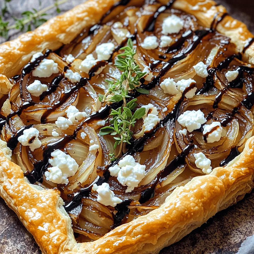 - 1 sheet of puff pastry, thawed - 3 large yellow onions, thinly sliced - 3 tablespoons olive oil - 1 tablespoon balsamic vinegar - 1 teaspoon sugar - Salt and pepper to taste - 4 oz goat cheese, crumbled - 1/2 cup heavy cream - 2 large eggs - Fresh thyme leaves for garnish You need specific amounts for each ingredient to make this tart. Use: - 1 sheet of puff pastry - 3 large yellow onions - 3 tablespoons olive oil - 1 tablespoon balsamic vinegar - 1 teaspoon sugar - 4 oz of goat cheese - 1/2 cup of heavy cream - 2 large eggs For vegan options, swap the eggs and cream with a mixture of silken tofu and plant-based milk. Use nut cheese instead of goat cheese. Choosing the best onions matters for flavor. Look for yellow onions that feel firm and heavy. They should have a smooth, dry skin. Avoid any that feel soft or have dark spots. When it comes to goat cheese, select high-quality brands. Look for cheese that is creamy and tangy. Fresh cheese will add a nice texture and depth to your tart. First, take the puff pastry out of the freezer. Let it thaw in the fridge for about 30 minutes. After that, place it on a floured surface. Roll it out gently to fit your baking sheet. Aim for a rectangle or circle, about 1/4 inch thick. Next, transfer the rolled pastry to a lined baking sheet. Press the edges to make a small border. This will hold the filling inside. Start by heating a large skillet over medium heat. Add the olive oil and sliced onions. Cook them slowly, stirring often. This takes about 20-25 minutes. You want them soft and golden brown. The perfect caramelization looks sweet and rich. If they start to stick, lower the heat. Add the balsamic vinegar, sugar, salt, and pepper. Cook for five more minutes, until the mixture thickens a little. Take it off the heat and let it cool. Now, it’s time to layer the ingredients. Spread the cooled onion mixture evenly over the pastry. Crumble the goat cheese on top. In a bowl, whisk the heavy cream and eggs. Add salt and pepper for flavor. Pour this mixture over the onions and cheese. Make sure it covers everything evenly. This ensures each bite is full of flavor. Now, you’re ready to bake! To get sweet, golden onions, cook them low and slow. I recommend a cook time of about 25-30 minutes at medium heat. Stir the onions every few minutes. This helps them cook evenly. If you stir too often, they won’t caramelize well. Let them sit for a bit, then stir. You want that rich, deep color and sweet flavor. Pair your tart with a simple green salad. A light vinaigrette works well. You can also serve it with a glass of white wine, like Sauvignon Blanc. For a nice touch, cut the tart into squares for serving. Place them on a wooden board and sprinkle fresh thyme on top. It looks beautiful and inviting. One common mistake is overcooking the onions. This makes them bitter instead of sweet. Keep an eye on them and adjust the heat if needed. On the other hand, undercooking means they won’t have that rich flavor. Another mistake is not preparing the pastry right. Ensure the puff pastry is cold when you roll it out. This helps it puff up nicely in the oven. If it’s too warm, it can become flat and chewy. Follow the steps in the Full Recipe for the best results. {{image_2}} You can change the cheese for more taste. Feta or blue cheese adds a sharp twist. Both give a nice tang. You can also mix in veggies. Spinach adds a fresh crunch. Mushrooms bring an earthy flavor. Need a gluten-free crust? Use almond flour or gluten-free puff pastry. These options work great! If you want dairy-free cheese, try cashew or coconut-based cheeses. They melt well and taste good, too. Seasonal vegetables can make this dish shine. Use fresh asparagus in spring or roasted squash in fall. For special occasions, add herbs for flavor. Thyme or rosemary works well for holidays. You can even change the shape for parties! To keep your caramelized onion and goat cheese tart fresh, store it in the fridge. Place leftovers in an airtight container. This helps prevent moisture loss and keeps flavors intact. Make sure it cools to room temperature before sealing. For freezing, wrap the tart tightly in plastic wrap, then place it in a freezer bag. This will protect it from freezer burn. It can last up to three months in the freezer. When you want to enjoy leftovers, reheating is key. Preheat your oven to 350°F (175°C). Place the tart on a baking sheet lined with parchment. Cover it loosely with foil to keep moisture in. Heat for about 15-20 minutes. This method preserves the texture of the puff pastry. You can also microwave individual slices for about 30 seconds, but the pastry may not be as crisp. For the best taste, enjoy your tart within three days if stored in the fridge. After that, the flavors may dull. If frozen, aim to eat it within three months for the best quality. Always check for any signs of spoilage, like an off smell or unusual texture, before eating. This ensures safety and keeps your meals delicious. Yes, you can make this tart ahead of time. To do this, cook the onions and prepare the tart up to the baking step. Cover it and store it in the fridge. When ready to bake, let it sit at room temperature for about 20 minutes. Then, bake it as directed in the Full Recipe. This helps keep the pastry fresh and flaky. To prevent sogginess, cook the onions well before adding them to the tart. Drain any excess liquid from the onions. Also, bake the tart at a high temperature. This helps the bottom crust become crispy. Using a good quality puff pastry also improves texture and taste. This tart is great on its own, but you can serve it with a fresh salad. A simple green salad with a light vinaigrette works well. You might also pair it with roasted vegetables or a soup for a full meal. A glass of white wine can enhance the flavors, too. Yes, there are gluten-free puff pastry options available. Look for brands made with rice flour or almond flour. You can also make your own using gluten-free flour. Just remember that the texture may differ slightly from traditional puff pastry. In this post, we explored making a tasty caramelized onion and goat cheese tart. You learned about key ingredients, like puff pastry and goat cheese, and how to prepare them. We covered steps for caramelizing onions just right and assembling the tart. You now have tips for serving and variations to keep it fresh. Creating this dish can be fun and rewarding. With a few simple steps, you can impress guests or enjoy a great meal. Happy cooking!