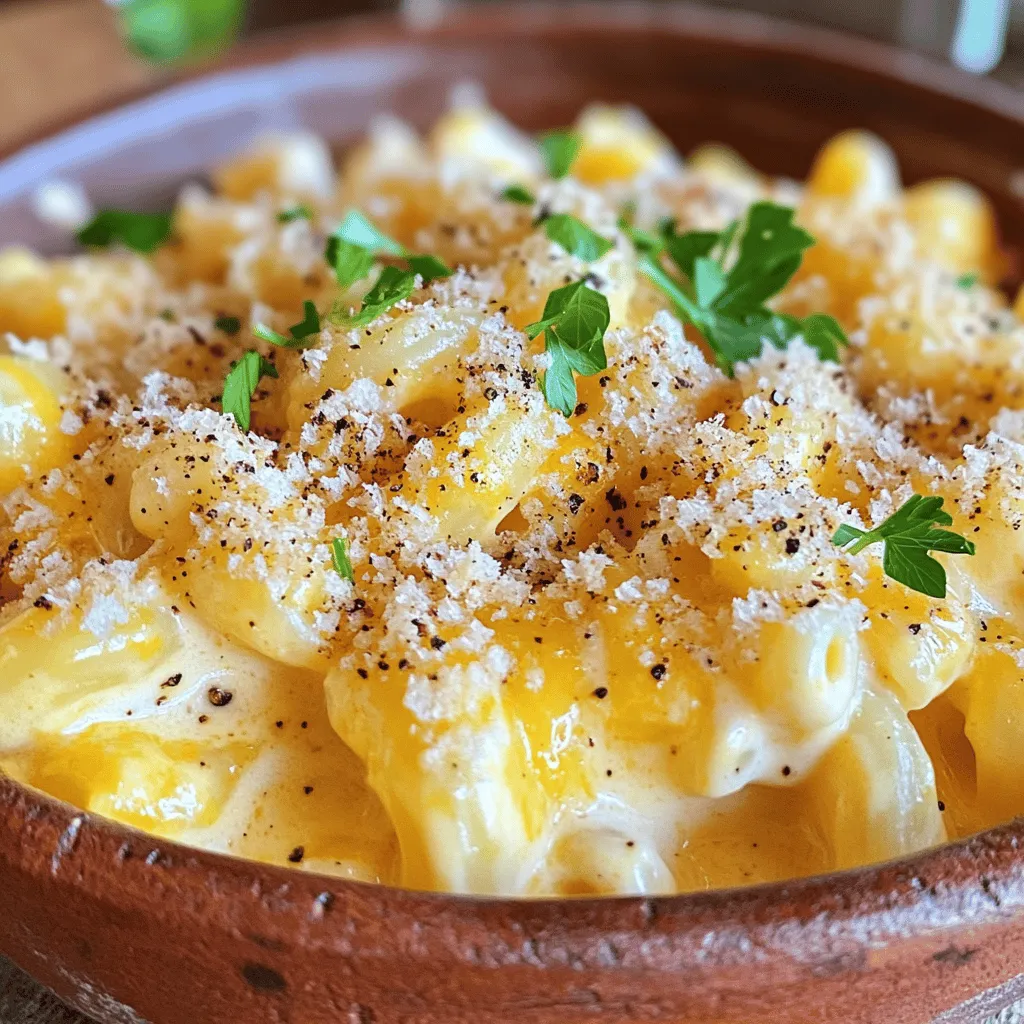 - 8 oz elbow macaroni - 2 tablespoons unsalted butter - 2 cups whole milk The main ingredients form the base of your creamy honey pepper mac and cheese. The elbow macaroni gives this dish its shape and texture. You want to cook it just right, so it stays firm. The unsalted butter adds richness to the sauce, while whole milk makes it creamy and smooth. - 1 cup sharp cheddar cheese, shredded - 1 cup mozzarella cheese, shredded - 1/4 cup cream cheese, softened Choosing the right cheese is key. Sharp cheddar brings a bold flavor that balances the sweetness of honey. Mozzarella adds a stretchy, gooey texture. Cream cheese ensures the sauce is extra creamy. Mix these cheeses for a mouthwatering blend that melts beautifully. - 2 tablespoons honey - 1 teaspoon freshly cracked black pepper - 1 teaspoon smoked paprika - Salt to taste - Optional toppings: 1/4 cup panko breadcrumbs, fresh parsley for garnish Now, for the fun part: flavor! Honey gives a sweet touch that surprises your taste buds. Freshly cracked black pepper adds a nice kick. Smoked paprika gives a warm, smoky flavor. Adjust the salt to your liking. If you want a crunchy topping, sprinkle panko breadcrumbs before baking. Fresh parsley adds color and freshness when you serve it. For the full recipe, check the earlier section. To cook elbow macaroni, bring a large pot of salted water to a boil. Add the macaroni and cook it according to the package instructions. Usually, this takes about 7 to 9 minutes. To achieve that perfect al dente texture, I recommend tasting the pasta a minute or two before the time is up. It should be firm but not hard. Drain the pasta and set it aside for later. Now, let's make the roux. In the same pot, melt 2 tablespoons of unsalted butter over medium heat. Once melted, sprinkle in 2 tablespoons of all-purpose flour. Whisk this mixture for about 1 to 2 minutes. You want it to turn a light golden color. Next, we add the milk. Gradually whisk in 2 cups of whole milk. This helps prevent lumps from forming. Keep cooking and whisking for about 5 to 7 minutes until the sauce thickens. It's time to melt the cheeses! Lower the heat and add 1 cup of sharp cheddar cheese, 1 cup of mozzarella cheese, and 1/4 cup of cream cheese to the thickened milk mixture. Stir until all the cheese is melted and the sauce is smooth. Now, we add flavor. Mix in 2 tablespoons of honey, 1 teaspoon of freshly cracked black pepper, and 1 teaspoon of smoked paprika. Stir well until everything is combined. If you want a crispy topping, you can bake the mac and cheese. Preheat your oven to 350°F (175°C). Transfer the mac and cheese to a baking dish. Sprinkle 1/4 cup of panko breadcrumbs on top if you like. Bake for 15 to 20 minutes until it is bubbly and lightly golden on top. When you serve your creamy mac and cheese, I suggest garnishing it with freshly chopped parsley. This adds a nice touch and a pop of color to the dish. For the full recipe, check out the complete list of instructions. For a creamy mac and cheese, cheese choice matters. I like using sharp cheddar and mozzarella. This mix gives a great taste and texture. Cream cheese adds an extra rich feel. Use a 1:1 ratio of cheddar to mozzarella for the best results. If your mac and cheese seems too thick, add milk or cream. Start with a little, then mix. Keep adding until you reach your desired creaminess. If it's too thin, let it cook longer to thicken. You can adjust the sweetness and spice of your dish. If you want it sweeter, add more honey. For more heat, add extra cracked black pepper. Smoked paprika adds a nice depth, so don’t skip it. Try adding herbs like thyme or basil for a fresh twist. A pinch of garlic powder can also enhance the flavor. Taste as you go to find your perfect balance. Reheating mac and cheese can be tricky. The oven works best for even heating. Place it in a baking dish and cover it with foil. Heat at 350°F (175°C) for about 20 minutes. If using a microwave, heat in short bursts. Stir often to keep it creamy. Common issues include mac and cheese being too thick or too thin. If it's too thick, add a bit of milk. If too thin, cook it a little longer on low heat. This will help it thicken nicely. For the full recipe, check out the detailed steps. {{image_2}} You can switch up the pasta shape for fun. Try using penne or shells instead of elbow macaroni. These shapes hold sauce well and add variety to your dish. For cheese, experiment with different kinds. Gouda or pepper jack cheese can give a smoky or spicy kick. You can also mix in some Parmesan for a rich flavor. Each cheese adds its unique taste to the creamy honey pepper mac and cheese. If you're gluten-free, use gluten-free pasta. There are many good options made from rice or chickpeas. This way, everyone can enjoy the meal without worry. For a vegan version, choose dairy-free cheese options. There are many brands that melt well and taste great. You can also use plant-based milk for the sauce. This keeps the creamy texture and flavor without dairy. Want to boost the flavor? Add veggies like spinach or caramelized onions. They mix well with the cheese sauce and add nutrients. Incorporate proteins to make it heartier. Crispy bacon or grilled chicken can elevate the dish. Mix in cooked protein before serving to create a balanced meal. For the full recipe, check out the Creamy Honey Pepper Mac and Cheese section. To enjoy your creamy honey pepper mac and cheese again, reheating is key. The best methods for reheating include using an oven or a microwave. - Oven: Preheat it to 350°F (175°C). Place the mac and cheese in a baking dish. Cover it with foil to keep it moist. Heat for about 20 minutes or until hot throughout. - Microwave: Use a microwave-safe bowl. Add a splash of milk to keep it creamy. Heat on medium power in short bursts of 1-2 minutes, stirring in between until warm. Proper storage helps keep your mac and cheese tasty. After it cools, put it in an airtight container. Store it in the fridge for up to three days. If you want to keep it longer, freezing works too. Scoop the mac and cheese into freezer-safe containers. Leave some space at the top for expansion. It can last up to three months in the freezer. To thaw, place it in the fridge overnight before reheating. For maximum freshness, eat your creamy honey pepper mac and cheese within three days if stored in the fridge. If frozen, aim to enjoy it within three months. Always check for signs of spoilage before eating leftovers. Making Creamy Honey Pepper Mac and Cheese takes about 40 minutes. You spend 10 minutes prepping and 30 minutes cooking. It’s quick and easy, perfect for a weeknight meal. Yes, you can make this dish ahead. Cook it fully, let it cool, and store it in the fridge. Use an airtight container to keep it fresh. When you are ready, reheat in the oven or microwave. This dish pairs well with many sides. Try a simple green salad for freshness. Roasted vegetables also add a nice crunch. Grilled chicken or shrimp can make it heartier. Absolutely! For a dairy-free version, use plant-based milk and cheese. Almond milk or oat milk works well. Look for vegan cheese that melts nicely. You can still enjoy great flavors without dairy. For the full recipe, check out the details in the earlier sections. In this blog post, we covered how to make a delicious Creamy Honey Pepper Mac and Cheese. We discussed the key ingredients, including pasta and cheeses, and how to prepare a rich cheese sauce. I shared tips for achieving creaminess and suggested tasty variations. Always remember, you can modify the recipe to suit your taste. This dish is perfect for any occasion. Happy cooking and enjoy your creamy mac and cheese!