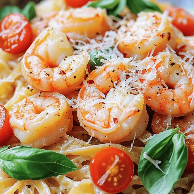 - 12 oz linguine or fettuccine pasta - 1 lb large shrimp, peeled and deveined - 2 tablespoons olive oil - 4 cloves garlic, minced - 1 teaspoon red pepper flakes - 1 cup cherry tomatoes, halved - 1 cup heavy cream - 1 cup grated Parmesan cheese - 1 tablespoon lemon juice - Salt and black pepper to taste - Fresh basil leaves for garnish When I make Marry Me Shrimp Pasta, I focus on fresh and high-quality ingredients. Start with your choice of linguine or fettuccine. Both work well, but I lean towards linguine for its delightful texture. For the shrimp, look for large, juicy ones, peeled and deveined. This makes your dish easy to eat. The olive oil adds richness and helps in cooking the shrimp to perfection. Now let’s talk about flavor. Garlic is a must; it gives a wonderful aroma. I also love adding red pepper flakes. They give a nice kick, but you can adjust the amount to fit your taste. Cherry tomatoes not only add color but also a sweet burst when you bite into them. The sauce is where the magic happens. Heavy cream creates that rich, creamy base. When you stir in grated Parmesan, it melts beautifully, adding a salty, nutty flavor. A touch of lemon juice balances the richness perfectly. Finally, I always season with salt and black pepper to bring out all the flavors. Don't forget fresh basil! It adds a lovely pop of color and freshness to your dish. For the full recipe, check out the complete instructions to create this irresistible dish. - Boil salted water and cook pasta until al dente. - Drain and reserve pasta water. To start, grab a large pot and fill it with water. Add a good amount of salt to the water. This adds flavor to the pasta. Bring the water to a rolling boil. Once boiling, add the linguine or fettuccine. Stir often for even cooking. Cook it until it's al dente, which means it’s firm but not hard. This usually takes about 8 to 10 minutes. After cooking, drain the pasta in a colander. Make sure to save about 1 cup of the pasta water for later. This water will help adjust the sauce. - Heat olive oil in a skillet. - Sauté shrimp with seasoning until cooked. Next, heat 2 tablespoons of olive oil in a large skillet over medium-high heat. Once the oil is hot, add the shrimp. Season them with salt and black pepper. Cook the shrimp for 2 to 3 minutes on each side. You'll know they are done when they turn pink and opaque. Once cooked, remove the shrimp from the skillet and set them aside. - Sauté garlic and red pepper flakes. - Add tomatoes, cream, and cheese until thickened. In the same skillet, lower the heat to medium. Add 4 minced garlic cloves and 1 teaspoon of red pepper flakes. Sauté for about 1 minute until the garlic smells great. Then, add 1 cup of halved cherry tomatoes. Cook them for about 2 minutes. Now pour in 1 cup of heavy cream. Bring it to a gentle simmer, stirring often. Finally, add 1 cup of grated Parmesan cheese. Mix until the cheese melts and the sauce thickens, which takes about 3 to 4 minutes. - Mix cooked pasta, shrimp, and sauce. - Adjust consistency with reserved pasta water. Now it's time to bring everything together. Add the cooked pasta back into the skillet. Add the shrimp and 1 tablespoon of lemon juice for brightness. Toss everything gently to combine. If the sauce seems too thick, add some reserved pasta water. Keep mixing until you reach your desired sauce consistency. Taste and adjust the salt and pepper if needed. - Garnish with fresh basil. - Serve immediately for best flavor. For the final touch, remove the skillet from heat. Chop some fresh basil leaves and sprinkle them on top. This adds freshness and color. Serve the pasta right away for the best taste. Each bite of Marry Me Shrimp Pasta will leave you wanting more. Enjoy this creamy delight! To make great pasta, use plenty of water for boiling. It helps the pasta cook evenly. Don't forget to add salt to the water for flavor. Aim for al dente, which means firm but not hard. This keeps the pasta from getting mushy when mixed with sauce. For the best shrimp, look for ones that turn pink and opaque. This shows they are cooked well. Avoid overcrowding the skillet. Cook in batches if needed. This helps each shrimp cook evenly and stay juicy. If the sauce is too thick, use reserved pasta water to thin it out. This adds flavor and keeps it creamy. Always taste your sauce. Adjust salt, pepper, and red pepper flakes as needed. You want it to be just right for your taste. For the full recipe, check out the complete instructions and enjoy making this dish! {{image_2}} You can change the protein in this dish. If you don’t like shrimp, use chicken or scallops. Both options bring great taste. They cook quickly and soak up the sauce well. For a vegetarian twist, try a mix of your favorite vegetables. Bell peppers, zucchini, and mushrooms work well. You can roast the veggies first for added flavor. Want to kick up the flavor? Add a splash of white wine to the sauce. It adds depth and a bit of sweetness. You can also toss in some spinach or kale. This adds color and makes the dish healthier. The greens will wilt nicely in the warm sauce. Not a fan of regular pasta? Try whole grain or gluten-free pasta. These options give you a different texture and flavor. You can also experiment with various pasta shapes. Fusilli, penne, or even farfalle can add fun to your dish. Each shape holds the sauce in its own way. For more details and a full list of ingredients, check out the Full Recipe. To keep your Marry Me Shrimp Pasta fresh, refrigerate it in an airtight container. It will stay good for up to 3 days. For the best taste, eat it within 1-2 days. The flavors will be more vibrant, and the pasta will have a better texture. If you want to save some for later, freeze the pasta in portions. You can keep it in the freezer for up to 2 months. When you're ready to eat, thaw it overnight in the fridge. Reheat it gently to avoid overcooking the shrimp. To reheat, use the stovetop. Add a splash of water to help bring back the creamy texture. Avoid using the microwave, as it can make the pasta rubbery. Stir slowly and make sure everything heats evenly for the best taste. Total time is approximately 30 minutes. You can have dinner ready in no time! Yes, thaw before cooking for best results. Frozen shrimp can still taste great! Substitute with half-and-half or coconut cream for a lighter option. Both will work well! Yes, it's great for meal prep; just follow storage tips. You can enjoy it all week! The sauce can be prepared ahead and combined with pasta and shrimp when ready to serve. It saves time on busy nights! This recipe for Marry Me Shrimp Pasta is a winner. You start with simple, fresh ingredients like shrimp, pasta, and a creamy sauce. Then, you'll learn how to cook each element perfectly. Don't forget the tips for variations and storing leftovers! Remember, you can swap shrimp for chicken or veggies to suit your taste. Enjoy making this dish for a tasty meal any time. Cooking should be fun and flavorful!