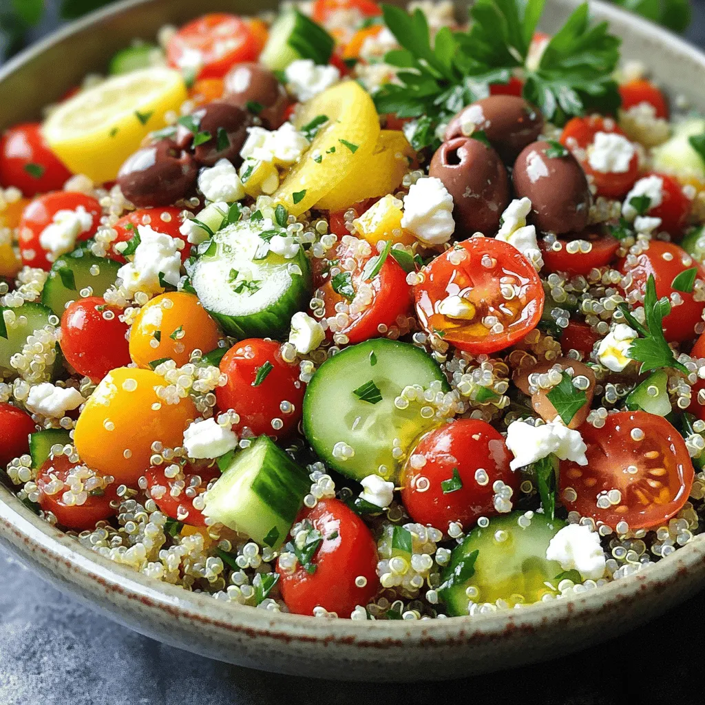 To make a tasty Mediterranean quinoa salad, you need these ingredients: - 1 cup quinoa, rinsed - 2 cups water or vegetable broth - 1 cup cherry tomatoes, halved - 1 cucumber, diced - 1 red bell pepper, diced - ½ red onion, finely chopped - 1 cup canned chickpeas, drained and rinsed - ½ cup Kalamata olives, pitted and sliced - ¼ cup feta cheese, crumbled - ¼ cup fresh parsley, chopped - 3 tablespoons olive oil - 2 tablespoons lemon juice - 1 teaspoon dried oregano - Salt and pepper to taste Using fresh ingredients gives your salad the best taste and texture. Fresh veggies, like tomatoes and cucumbers, add a crisp bite. They also bring bright colors to your dish. Canned ingredients, like chickpeas and olives, save time. They are handy and still packed with flavor. Just rinse them well before adding. Choose fresh when you can, but don’t worry if you need to use canned. You can easily tweak this recipe to fit your needs. If you want it vegan, skip the feta cheese. Use a dairy-free cheese or leave it out. For a gluten-free option, quinoa is already gluten-free, so you’re safe there. If you don’t like chickpeas, try black beans or kidney beans instead. You can mix and match to make the salad work for you. This way, everyone can enjoy this fresh quinoa salad! First, you need to rinse the quinoa. Rinsing removes any bitterness. Next, in a medium saucepan, bring 2 cups of water or vegetable broth to a boil. Once boiling, add 1 cup of rinsed quinoa. Reduce the heat to low, cover, and let it simmer for about 15 minutes. At this point, all the liquid should be absorbed. Remove the pot from the heat and let it sit, covered, for another 5 minutes. After that, fluff the quinoa with a fork and let it cool. Now, it’s time to mix everything. In a large mixing bowl, add the cooled quinoa. Then, add 1 cup of halved cherry tomatoes, 1 diced cucumber, 1 diced red bell pepper, and ½ finely chopped red onion. Next, toss in 1 cup of drained and rinsed canned chickpeas, ½ cup of pitted and sliced Kalamata olives, ¼ cup of crumbled feta cheese, and ¼ cup of chopped fresh parsley. Make sure to mix gently to keep the ingredients whole. For the dressing, take a small bowl. In it, whisk together 3 tablespoons of olive oil, 2 tablespoons of lemon juice, 1 teaspoon of dried oregano, and salt and pepper to taste. Once mixed, pour this dressing over the salad. Gently toss the salad again until everything is well coated. Taste it and adjust the seasoning if needed. Let the salad sit for at least 15 minutes before serving. This waiting time helps the flavors blend nicely. For the full recipe, check the earlier section. To keep quinoa from being mushy, rinse it well before cooking. This step removes the saponins, which can make your quinoa taste bitter. Use a fine mesh strainer for the best results. When cooking, use a 2:1 ratio of liquid to quinoa. This helps achieve the perfect texture. After cooking, let it sit covered for five minutes. This resting time allows the quinoa to firm up. Fluff it with a fork afterward for light, separate grains. To boost flavor, use vegetable broth instead of water while cooking quinoa. This adds depth to every bite. Fresh herbs can elevate the dish, so don’t skip the parsley. Lemon juice brightens the salad, making it taste fresh. You can add more lemon juice if you love citrus. For extra zing, consider adding minced garlic or a pinch of red pepper flakes. These small changes make a big difference in taste. Serve your Mediterranean quinoa salad in a large, shallow bowl. This makes it easy for guests to help themselves. For a colorful touch, arrange the salad in layers. Start with quinoa, then add veggies on top. Finish with feta and olives for a beautiful finish. Garnish with extra parsley sprigs for a fresh look. A drizzle of olive oil right before serving makes it shine. These simple presentation tips will impress your guests. For the full recipe, check out the details above. {{image_2}} You can boost your Mediterranean Quinoa Salad with proteins. Chicken adds a hearty touch. Grilled or roasted chicken works great. Shrimp gives a nice flavor and pairs well with the salad. Just sauté it quickly in olive oil. For a plant-based option, use tofu. Firm tofu adds texture and absorbs flavors well. Just marinate and grill or sauté it before adding. You can switch up vegetables based on what’s fresh. In summer, try adding zucchini or bell peppers. In autumn, roasted sweet potatoes add sweetness and warmth. In winter, use root vegetables like carrots or beets. These changes keep your salad fresh and exciting all year round. The dressing is key to flavor. While olive oil and lemon juice is classic, you can explore. Try a tahini dressing for a nutty taste. A balsamic vinaigrette adds a sweet tang. For a spicy kick, mix in some harissa or chili flakes. Feel free to experiment with your favorite flavors to find the best fit for you. For the Full Recipe, follow the steps to create this vibrant dish. To keep your Mediterranean quinoa salad fresh, store it in an airtight container. Make sure to cool the salad to room temperature before sealing it. This helps prevent moisture buildup. Place the container in the fridge. The salad lasts about three to five days. If you notice any changes in smell or color, it’s best to toss it. When prepping for the week, store each ingredient separately. This keeps everything fresh longer. Prepare quinoa and veggies but wait to mix them until you’re ready to eat. This way, the salad stays crisp. Use small containers for dressings. Pour over the salad just before serving for the best taste. You can freeze quinoa salad, but some ingredients do not freeze well. It's best to freeze the quinoa and chickpeas only. Leave out fresh veggies and feta cheese. When you’re ready to eat, thaw in the fridge overnight. Add fresh ingredients and dressing for a tasty meal. For the full recipe, check out the details above. Yes, you can make this salad ahead of time. It tastes even better after sitting for a while. This allows the flavors to mix well. I suggest making it a day in advance. Just keep it in the fridge until you're ready to serve. This way, you save time and enjoy a tasty meal. Quinoa is a superfood packed with nutrients. It is high in protein, making it great for energy. Quinoa has all nine essential amino acids, which is rare for grains. It is also full of fiber, which helps digestion. Plus, it contains vitamins and minerals like magnesium and iron. Eating quinoa can help keep your heart healthy and boost your immune system. Yes, this Mediterranean Quinoa Salad is gluten-free. Quinoa itself is a gluten-free grain. This makes it a perfect choice for those with gluten sensitivities. All other ingredients, like veggies and chickpeas, are also gluten-free. So, you can enjoy this salad worry-free! For the full recipe, check out the Mediterranean Quinoa Salad section. This article covered all you need to know about making Mediterranean Quinoa Salad. We looked at ingredients, from fresh choices to substitutions for diets. I shared steps for preparing the salad and tips for flavor and serving. We explored fun variations and how to store leftovers properly. With these tips, you can enjoy a tasty, healthy dish. Try different ingredients to find your favorite combo. Enjoy making this salad again and again!