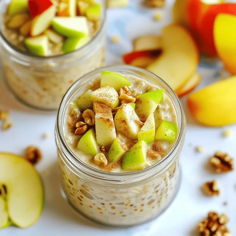 - 1 cup rolled oats - 1 cup unsweetened almond milk - 1 medium apple, diced - 1 tablespoon chia seeds - 1 teaspoon ground cinnamon - 2 tablespoons maple syrup - 1/2 teaspoon vanilla extract - A pinch of salt - Chopped walnuts - Additional apple slices - Greek yogurt When I make apple cinnamon overnight oats, I love using these fresh, simple ingredients. The rolled oats give a nice base. They soak up the liquid well and provide fiber. Unsweetened almond milk makes it creamy without extra sugar. I prefer using a medium apple, like Granny Smith or Honeycrisp. Dicing it adds a fun crunch. The chia seeds are small but mighty. They help thicken the oats and add healthy omega-3s. Ground cinnamon brings warmth and a sweet spice to the dish. For sweetness, I use maple syrup, but honey works too. Adding a splash of vanilla extract brightens the flavors. Just a pinch of salt balances everything. If you want to make it special, think about toppings. Chopped walnuts add crunch and healthy fats. Extra apple slices give a fresh bite. A scoop of Greek yogurt adds creaminess and protein. This recipe is so easy and tasty! You can check the Full Recipe for more details. - Combine rolled oats, chia seeds, ground cinnamon, and salt in a bowl. - Whisk together almond milk, maple syrup, and vanilla extract in a separate bowl. - Pour the wet mixture over the dry ingredients and stir to combine. - Fold in the diced apple, saving some for topping later. - Divide the mixture into jars, seal them, and refrigerate overnight. - In the morning, stir before serving. Adjust the consistency with almond milk if needed. Check out the [Full Recipe] for more details and tips! To get the best texture, let your oats soak longer. This helps them absorb liquid and become creamier. If you want more flavor, try using different types of apples. Each kind adds a unique taste. For example, Granny Smith gives tartness, while Honeycrisp adds sweetness. For a boost in nutrition, add a scoop of protein powder. It makes your oats more filling. You can also spice things up by adding nutmeg or pumpkin spice. These flavors are great for the fall season. They make your breakfast feel extra cozy. Mason jars are perfect for storing and serving your oats. They keep everything fresh and look nice too. To save time, prepare several servings at once. This way, you have breakfast ready for the week. Just grab a jar and enjoy! You can check the full recipe for more details on how to make this tasty dish. {{image_2}} You can easily change the recipe to fit your needs. For a vegan option, use maple syrup and almond milk. This makes it sweet and creamy without any dairy. If you are gluten-free, make sure your oats are certified gluten-free. This way, you can enjoy your oats without worry. Want to mix things up? You can add berries or bananas for an extra burst of flavor. Berries like blueberries or strawberries pair well with apples. You can also swap in different nuts or seeds for toppings. Try almonds, pecans, or even pumpkin seeds for a crunch. Enjoy your apple cinnamon overnight oats warm or cold. If you like a creamier texture, serve it with yogurt. Greek yogurt adds extra protein and makes it even more delicious. You can also top it with a sprinkle of cinnamon for added flavor. Store your Apple Cinnamon Overnight Oats in airtight containers. This keeps them fresh. You can keep them in the fridge for up to 3 days. Freezing these oats for longer storage is not a good idea. The texture will change, and they might not taste as good. Instead, prepare fresh batches as needed. If you want your oats warm, microwave them for 30-60 seconds. To keep them moist, add a splash of milk when reheating. Enjoy your tasty breakfast! Apple Cinnamon Overnight Oats are a great way to start your day. They are rich in fiber, which helps with digestion. Oats provide energy and keep you full longer. Apples add vitamins and minerals. Plus, cinnamon may help regulate blood sugar. This combination makes for a healthy breakfast choice. Yes, you can make them ahead of time. They are perfect for meal prep. You can store them in the fridge for up to four days. This makes busy mornings a breeze. Just grab a jar and enjoy! Adjusting servings is simple. Just scale the ingredients up or down based on how many people you are serving. If you want to double the recipe, use double the oats and liquid. It’s that easy! I recommend using rolled oats for the best texture. They soak up the liquid well and stay chewy. Avoid instant oats; they can get mushy. Rolled oats give you a nice bite in every spoonful. Apple Cinnamon Overnight Oats are simple and tasty. You only need a few ingredients, like oats, apple, and almond milk. Mix them up the night before, and you have breakfast ready. These oats are easy to customize with flavors and toppings. Remember, making a batch can save you time and give you a delicious start to your day. Enjoy experimenting with different toppings and flavors. You can create your perfect bowl that fits your taste and needs. Dive into making these oats for your next breakfast!