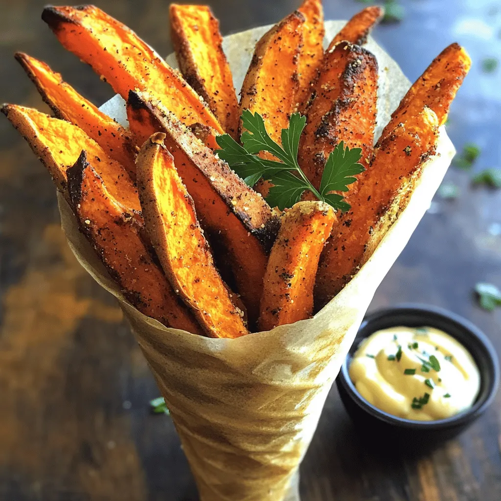 To make baked sweet potato fries, you need a few key items. Here is what you need: - 2 large sweet potatoes, peeled and cut into thin strips - 2 tablespoons olive oil - 1 teaspoon paprika - 1 teaspoon garlic powder - ½ teaspoon cumin - Salt and pepper to taste These ingredients come together to create a tasty and healthy snack. You can also add some optional ingredients to kick up the flavor. Here are some ideas: - 1 teaspoon chili powder for a spicy kick - Fresh parsley for garnish Adding these ingredients makes the fries even better and more fun. Sweet potatoes are not just delicious; they are also good for you. Here are some reasons to love them: - Rich in vitamins: Sweet potatoes are high in vitamin A, which helps your eyes and skin. - Good fiber source: They contain fiber, which aids digestion and keeps you full longer. - Low in calories: Sweet potatoes are lower in calories than regular potatoes, making them a smart choice. Eating baked sweet potato fries is a tasty way to enjoy their health benefits. For the full recipe, check out the section above. First, choose two large sweet potatoes. Peel them and cut them into thin strips. Aim for even sizes. This ensures they cook at the same time. Thinner strips will crisp up better. You can use a sharp knife or a mandoline for this. Once cut, place the strips in a bowl. Rinse them in cold water to remove extra starch. This step helps them get crispy. After rinsing, pat them dry using a kitchen towel. Next, gather your seasonings. In a large bowl, add the sweet potato strips. Pour in two tablespoons of olive oil. Then, add one teaspoon of paprika, one teaspoon of garlic powder, and half a teaspoon of cumin. If you like heat, include one teaspoon of chili powder. Toss everything together until each strip is well coated. This gives your fries great flavor. Ensure they are well spread out. This helps them bake evenly and get crisp. Now, preheat your oven to 425°F (220°C). Line a baking sheet with parchment paper. This makes cleanup easy and helps with crispiness. Arrange the sweet potato strips in a single layer. Avoid overcrowding; give them space. Bake for 25 to 30 minutes. Flip them halfway through for even cooking. Keep an eye on them; they should turn golden brown and crispy. When they’re done, season with salt and pepper to taste. For a fun touch, serve them in a cone made from parchment paper. Enjoy your crispy and flavorful snack! For the full recipe, check out the details above. To get crispy sweet potato fries, cut them into thin strips. The thinner they are, the crispier they will be. Toss them well with olive oil and spices. Make sure each fry gets coated evenly. Spread them out on the baking sheet. Avoid crowding them; this helps them crisp up nicely. Bake at 425°F (220°C) for the best results. Flip them halfway through baking to ensure even cooking. One big mistake is not drying the sweet potatoes. After peeling and cutting, pat them dry with a paper towel. Excess moisture prevents crispiness. Another error is using too much oil. Just enough oil helps them crisp without being greasy. Avoid layering the fries too thick on the baking sheet. This can lead to soggy fries instead of crispy ones. You can get creative with your seasonings! Try adding cayenne pepper for heat or brown sugar for a sweet touch. A mix of Italian herbs adds a nice flavor too. If you're feeling adventurous, try adding a sprinkle of cinnamon for a unique twist. Fresh herbs like rosemary or thyme can also enhance the taste. Enjoy customizing your fries with these fun ideas, and don’t forget to check the Full Recipe for more details! {{image_2}} You can change the flavor of your sweet potato fries easily. Try adding herbs like rosemary or thyme for a fresh taste. For a sweet twist, sprinkle cinnamon and a bit of brown sugar. If you love heat, add cayenne pepper or smoked paprika. These simple changes keep your fries exciting and fun. Baking is great, but you can try other ways too. An air fryer cooks fries quickly and makes them crispy. You could also grill the sweet potatoes for a smoky flavor. If you have a skillet, pan-frying is another option. Just be careful with the oil and heat! Dipping sauces can take your fries to the next level. I love serving them with spicy mayo or ranch dressing. You can also try ketchup, barbecue sauce, or garlic aioli. Pair your fries with a fresh salad or a sandwich for a complete meal. The right dip can make all the difference! For the full recipe, check out the section above. To keep your sweet potato fries fresh, place them in an airtight container. Let them cool to room temperature before sealing. This helps avoid sogginess. Store the container in the fridge for up to three days. For best taste, eat them as soon as possible. Reheating fries can be tricky. The goal is to keep them crispy. Preheat your oven to 400°F (200°C). Spread the fries on a baking sheet in a single layer. Bake for about 10 minutes. This method revives their crunch. You can also use a toaster oven for smaller batches. You can freeze sweet potato fries if you have leftovers. First, let them cool completely. Then, spread them on a baking sheet and place them in the freezer for about an hour. Once frozen, transfer them to a freezer bag. Remove as much air as possible to avoid freezer burn. They can last for up to three months. When you’re ready to eat, bake them directly from the freezer. Just add a few extra minutes to the cooking time. For the full recipe, check out the details above! Yes, you can make baked sweet potato fries in an air fryer. The air fryer cooks them quickly and gives them a nice crunch. To do this, follow the same steps as in the oven. Just adjust the temperature to 400°F (200°C) and reduce the cooking time to about 15-20 minutes. Shake the basket halfway through to ensure even cooking. Baked sweet potato fries are healthier than traditional fries. They have more fiber and vitamins. Sweet potatoes are rich in beta-carotene, which is good for your eyes. Regular fries often use white potatoes and are fried in oil. This adds extra fat and calories. Baked sweet potato fries give you a tasty snack with fewer calories and more nutrients. To cut sweet potatoes for fries, start by peeling them. Then, slice each sweet potato lengthwise into thin strips. Aim for about ¼ inch thick. This size helps them bake evenly and stay crispy. If you prefer thicker fries, adjust the cooking time to ensure they cook through. For a fun twist, you can also cut them into wedges or cubes. Baked sweet potato fries are easy, healthy, and delicious. We covered essential ingredients, tips for perfect texture, and serving ideas. Using the right prep and baking methods makes a big difference. Remember to try different seasonings to find your favorite flavor. If you have leftovers, store them well to enjoy later. Sweet potato fries are a fun twist on regular fries. Enjoy making them at home for a tasty snack!