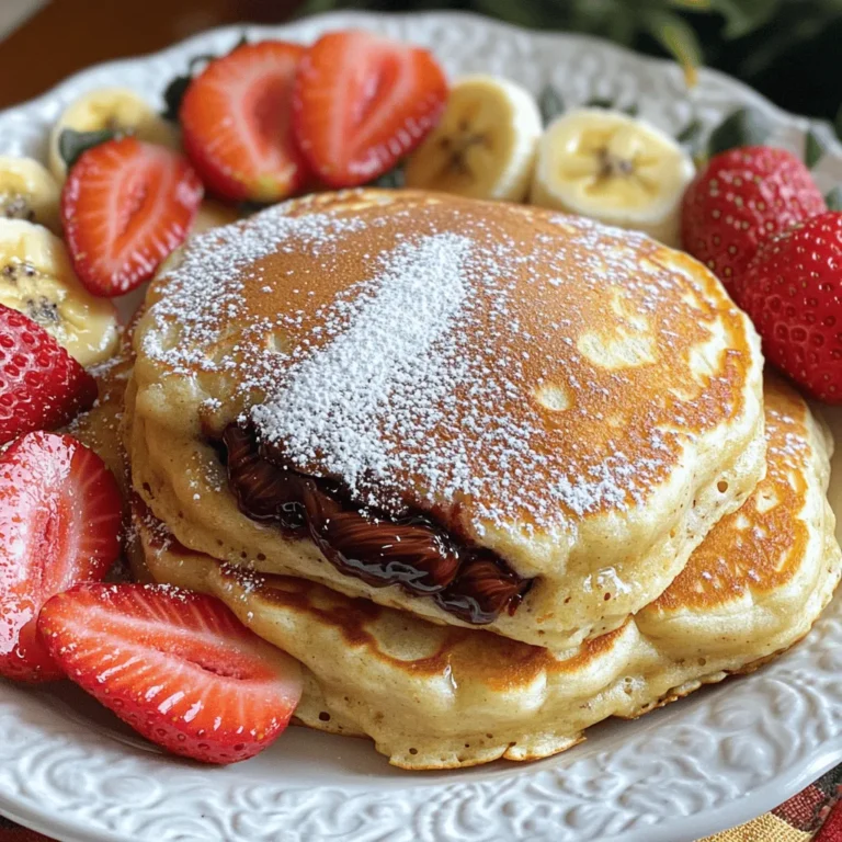 To make Nutella stuffed pancakes, gather these simple ingredients: - 1 cup all-purpose flour - 2 tablespoons sugar - 1 teaspoon baking powder - 1/2 teaspoon baking soda - 1/4 teaspoon salt - 1 cup buttermilk (or regular milk with a splash of vinegar) - 1 large egg - 2 tablespoons melted butter (plus more for the pan) - 1/2 cup Nutella - Powdered sugar (for dusting) - Fresh strawberries or bananas (for serving) These ingredients come together to create fluffy pancakes with a rich, gooey center of Nutella. The buttermilk adds tang and helps the pancakes rise, while the sugar gives a touch of sweetness. The melted butter makes the batter rich and smooth. Using Nutella as a filling takes these pancakes to a whole new level of deliciousness. Always use fresh ingredients for the best flavor. If you want a lighter pancake, try using cake flour instead of all-purpose flour. This will make your pancakes even fluffier. For a fun twist, consider adding chocolate chips or nuts to the batter. You can find the full recipe to guide you through each step in detail. Enjoy your cooking! To start, grab a mixing bowl. In it, whisk together the following dry ingredients: - 1 cup all-purpose flour - 2 tablespoons sugar - 1 teaspoon baking powder - 1/2 teaspoon baking soda - 1/4 teaspoon salt Mix these well until they blend into a smooth, light mixture. This step is key. Next, take a separate bowl. Here, mix these wet ingredients until smooth: - 1 cup buttermilk - 1 large egg - 2 tablespoons melted butter Use a whisk for this part. It helps create a nice texture for your pancakes. Now, pour the wet mixture into the dry bowl. Gently fold them together. You want to mix just until combined. A few lumps are fine. Overmixing can make pancakes tough. It’s time to cook! Preheat a non-stick skillet over medium heat. Add a small amount of butter to grease the pan. Pour about 1/4 cup of the batter onto the skillet. Watch for small bubbles to form, which takes about 2-3 minutes. To add Nutella, make a small indentation in the center of the pancake. Spoon 1 tablespoon of Nutella in. Then, gently pour more batter on top to cover it. Carefully flip the pancake after 2-3 minutes, cooking until it's golden brown. Repeat this for the rest of the batter. Serve warm, dusted with powdered sugar, and top with sliced strawberries or bananas. You can find the Full Recipe to follow along! To make fluffy pancakes, keep the batter thick yet slightly lumpy. Overmixing makes them dense. Use a whisk gently. Combine the wet and dry ingredients just until you see no dry flour. This method gives you tender pancakes that rise well. Cooking at medium heat is key. If the skillet is too hot, the outside burns, and the inside stays raw. Start with a preheated skillet, then adjust the heat as needed. You want a steady temperature to cook evenly. Always grease the pan with a bit of butter to prevent sticking. Filling pancakes with Nutella requires care. After pouring batter, make a small dip in the middle of the pancake. Use a spoon to add about one tablespoon of Nutella. Cover it with more batter gently. This way, you avoid spills and keep the Nutella inside. When you flip, ensure it’s fully sealed for a delicious surprise! For the full recipe, see the instructions above. {{image_2}} You can switch up the filling in your Nutella stuffed pancakes. Try peanut butter for a nutty twist. You can also use fruit preserves like strawberry or raspberry for a sweet burst of flavor. Just spoon a tablespoon of your chosen filling into the pancake before flipping it. This will create a delightful surprise for everyone who takes a bite. To take your pancakes to the next level, add a splash of vanilla extract to the batter. A pinch of cinnamon or nutmeg can also add warmth and depth. These small changes make a big difference in taste. You will notice the rich flavors blend perfectly with the Nutella. If you need gluten-free pancakes, use almond or coconut flour instead of all-purpose flour. For a dairy-free option, swap buttermilk for almond or oat milk. You can still enjoy these pancakes without the usual ingredients. Customize them to fit your diet while keeping them delicious. Try the full recipe to experience all these variations. To keep leftover pancakes fresh, stack them neatly. Place parchment paper between each pancake. This keeps them from sticking together. Then, put the stack in an airtight container. You can also wrap them in plastic wrap. Store them in the refrigerator for up to three days. If you want to keep them longer, freeze the pancakes. They will last in the freezer for up to two months. To reheat pancakes, use a non-stick skillet or a microwave. For the skillet, heat it on low. Add a small amount of butter to keep them moist. Place the pancakes in the pan for about one minute on each side. This method helps maintain their fluffy texture. If using a microwave, place the pancakes on a plate. Cover them with a damp paper towel. Heat for about 30 seconds. This keeps them soft and warm. Enjoy your Nutella stuffed pancakes again! For the full recipe, check out the main article. Yes, you can make these pancakes ahead of time. Cook the pancakes and let them cool. Then, store them in an airtight container in the fridge for up to three days. You can reheat them on a skillet or in the microwave. They taste great even after a day or two! To make Nutella pancakes without eggs, use a substitute. You can try 1/4 cup of applesauce or mashed banana for each egg. This will help bind the ingredients together and keep the pancakes moist. The flavor will change slightly, but they will still be delicious. You can serve Nutella stuffed pancakes with many toppings. Here are a few ideas: - Fresh strawberries - Sliced bananas - Whipped cream - Chopped nuts - Maple syrup These toppings add flavor and fun to your pancakes! To prevent sticking, use a non-stick skillet or griddle. Heat the pan over medium heat before adding batter. Make sure to grease the pan with a little melted butter or oil. This helps create a nice barrier between the pancakes and the pan. You now know how to make tasty Nutella-stuffed pancakes. We covered all the ingredients, step-by-step cooking, and useful tips for fluffy texture. I shared ways to customize these pancakes with different flavors and dietary options. Remember to store leftovers properly and reheating tips for the best taste. Enjoy your pancakes with fresh fruit or your favorite toppings. Now, go ahead and treat yourself to a delicious breakfast!