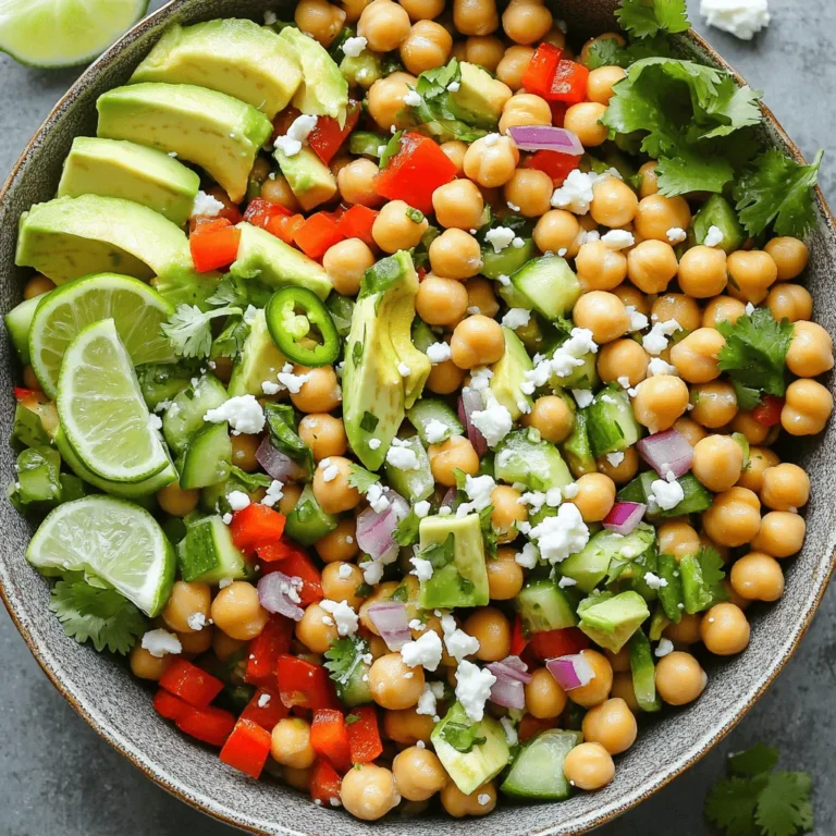 To make a tasty Spicy Chickpea Salad, gather these key ingredients: - 1 can (15 oz) chickpeas, drained and rinsed - 1 red bell pepper, diced - 1 cucumber, diced - 1/2 red onion, finely chopped - 1 small jalapeño, deseeded and minced - 1 avocado, diced - 1/4 cup fresh cilantro, chopped - Juice of 2 limes - 2 tablespoons olive oil - 1 teaspoon cumin - 1 teaspoon smoked paprika - Salt and pepper to taste You can customize your salad with these fun toppings: - 1/4 cup feta cheese (for a creamy touch) - Sliced olives for a briny kick - Cherry tomatoes, halved, for sweetness - Chopped nuts for crunch To ensure your salad shines, pick fresh ingredients: - Choose firm, ripe avocados that yield slightly when pressed. - Look for bell peppers with bright color and smooth skin. - Select cucumbers that are firm and dark green. - Fresh herbs should smell strong and vibrant, with no wilting. Follow these tips to make your Spicy Chickpea Salad a fresh delight. For the full recipe, check out the detailed steps in the Full Recipe section. Start with a can of chickpeas. Drain and rinse them well. This step helps remove excess salt. In a large bowl, add the chickpeas. Next, dice one red bell pepper and one cucumber. Chop half a red onion finely. If you like spice, take one small jalapeño, deseed it, and mince it. Add all these veggies to the bowl. Finally, dice one avocado and chop a quarter cup of fresh cilantro. Toss these in too. Grab a small bowl for the dressing. Squeeze the juice of two limes into it. Add two tablespoons of olive oil. Mix in one teaspoon of cumin and one teaspoon of smoked paprika. Sprinkle in some salt and pepper to taste. Whisk everything together until it blends well. This dressing will add flavor and zing to your salad. Now, pour the dressing over the chickpea mixture. Gently toss everything together to coat all the ingredients. Taste your salad. If it needs more flavor, add more salt, pepper, or lime juice. If you want, sprinkle a quarter cup of feta cheese on top. For serving, use a large shallow bowl or individual glasses. This makes it look fancy. Garnish with extra cilantro and lime wedges for a fresh finish. Enjoy your spicy chickpea salad full of flavor! For a full recipe, check [Full Recipe]. To boost the flavor of your Spicy Chickpea Salad, try adding fresh herbs. Basil or mint can add a nice twist. You can also use fresh lime zest for extra zing. A dash of hot sauce can raise the heat level, if you like spice. Roasting the chickpeas until crisp can add a great crunchy texture. Toasting the spices before adding them to the salad can also bring out their flavors. One common mistake is using canned chickpeas without rinsing them. Rinsing gets rid of excess salt and improves taste. Another mistake is adding too much dressing. Start with a little and add more if you need it. Be careful when chopping the jalapeño too. If you want less heat, remove the seeds and ribs inside. Lastly, don’t skip on tasting the salad before serving. Adjust the seasoning to your liking. For a beautiful presentation, serve the salad in a large, shallow bowl. This allows all the colorful ingredients to shine. You can also serve it in clear glasses for an elegant touch. Garnish with extra cilantro and lime wedges for a fresh look. If you like, sprinkle feta cheese on top for a creamy finish. This adds a nice contrast to the spicy salad. For the full recipe, check out the details above. {{image_2}} You can easily make this salad vegan. Just skip the feta cheese. The chickpeas offer protein and flavor. The fresh veggies add crunch and color. You can also add more avocado for creaminess. This keeps your meal both filling and plant-based. If you love heat, add more jalapeño or a pinch of cayenne. For a milder taste, remove the seeds from the jalapeño. You can also leave it out altogether. This way, you control the spice level. Everyone can enjoy their perfect bowl of salad. You can swap out ingredients based on your needs. If you're gluten-free, this salad is already safe! If you don't like cilantro, use parsley instead. For a nutty flavor, try adding sunflower seeds. If you're avoiding avocado, use a splash of coconut milk for creaminess. These swaps keep the salad tasty and fun. Check the Full Recipe for more ideas! To keep your Spicy Chickpea Salad fresh, use an airtight container. Place the salad in the fridge. It helps to store the dressing separately. This way, the salad stays crisp. Leftovers can last for about three days. Always check for any bad smells or changes in color before eating. I suggest eating the salad within the first two days. This ensures the best flavor and crunch. After two days, the veggies may start to wilt. You can enjoy it as a light lunch or snack. It also makes a great side dish for dinner. Freezing this salad isn't the best choice. The texture of the veggies will change when thawed. If you want to freeze it, skip the fresh ingredients. You can freeze just the chickpeas and dressing. When ready to eat, thaw them and mix in fresh veggies. This helps keep the salad tasty and enjoyable. For the full recipe, check out the Full Recipe section. You can add several items for more protein. Cooked quinoa is a great choice. It adds texture and boosts the protein content. You can also toss in grilled chicken or shrimp. If you want a plant-based option, try adding hemp seeds or tofu. These options make the salad heartier and more filling. Spicy Chickpea Salad lasts for about 3 to 5 days in the fridge. To keep it fresh, store it in an airtight container. Make sure to keep it away from foods with strong odors. The flavors meld together over time, making it even tastier. Yes, you can make this salad ahead of time! It tastes great after chilling for a few hours. If you prepare it the night before, the flavors will blend nicely. Just add the avocado and feta right before serving to keep them fresh. Chickpeas are packed with health benefits. They are high in fiber, which aids digestion. This legume also provides protein, making it great for vegans and vegetarians. Chickpeas help to keep you full longer, which may aid in weight management. They are rich in vitamins and minerals, too, like iron and folate. This makes them a fantastic choice for a healthy diet. You’ll find more about their benefits in the Full Recipe. This blog post covered everything you need for a Spicy Chickpea Salad. We explored ingredients, including fresh options and various toppings. You learned how to prepare and combine them for a tasty dish. I shared tips for enhancing flavor and avoiding common mistakes. Remember, you can adjust this salad to fit any diet. Always store leftovers properly to maintain freshness. With these insights, you’re ready to make a delicious salad that’s packed with flavor and nutrition. Enjoy every bite!