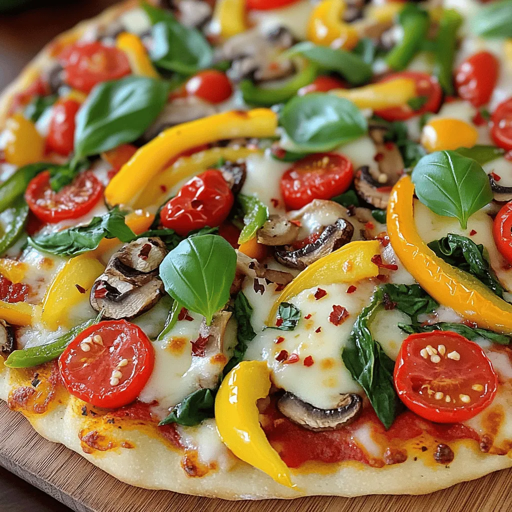 - 2 cups all-purpose flour - 1 packet (2 ¼ tsp) active dry yeast - ¾ cup warm water (about 110°F/43°C) - 1 tablespoon olive oil - 1 teaspoon sugar - 1 teaspoon salt - 1 cup marinara sauce - 1 cup shredded mozzarella cheese - ½ cup bell peppers (red, yellow, and green), sliced - ½ cup mushrooms, sliced - ½ cup red onion, thinly sliced - ½ cup cherry tomatoes, halved - ½ cup baby spinach - 1 teaspoon dried oregano - Fresh basil leaves for garnish (optional) - Crushed red pepper flakes (optional) Each ingredient plays a key role in your veggie pizza. The flour forms the base, giving the dough its structure. Yeast helps the dough rise, making it light and fluffy. Warm water activates the yeast. Olive oil adds moisture and flavor. Sugar feeds the yeast for better rising. Salt enhances taste and controls yeast activity. Fresh veggies like bell peppers, mushrooms, and spinach add color, texture, and nutrition. They make your pizza not just tasty but also healthy. Mozzarella cheese melts beautifully, creating that gooey, cheesy goodness we all love. Marinara sauce adds moisture and a rich tomato flavor. Dried oregano gives it that classic pizza taste. You can easily modify this recipe to fit your needs. For gluten-free options, use gluten-free flour. If you are dairy-free, try vegan cheese or skip it entirely. You can replace olive oil with avocado oil or melted coconut oil. If you prefer a lower-carb choice, use a cauliflower crust. For a spice kick, add jalapeños instead of red pepper flakes. You can mix and match veggies based on what you have. Zucchini, artichokes, or even corn will work well. This recipe is flexible, making it easy to customize for everyone! Check the Full Recipe for more details. To make the dough, start with warm water. Add sugar and yeast to a small bowl. Let it sit for 5-10 minutes until it looks foamy. In a large bowl, mix all-purpose flour and salt. Make a well in the center. Pour in the yeast mixture and olive oil. Stir until a dough forms. Knead the dough on a floured surface for 5-7 minutes. It should feel smooth and elastic. Place the dough in a greased bowl. Cover it with a damp cloth. Let it rise in a warm spot for about 1 hour. The dough should double in size. Once the dough has risen, preheat your oven to 475°F (245°C). If you have a pizza stone, place it in the oven to heat. Roll out the dough on a floured surface. Aim for about ½ inch thick. Transfer the dough to a pizza pan or a parchment-lined baking sheet. Spread marinara sauce evenly over the crust. Leave a small border around the edges. Sprinkle shredded mozzarella cheese over the sauce. Now, add your veggie toppings! Place sliced bell peppers, mushrooms, red onion, cherry tomatoes, and baby spinach on top. Don't forget to sprinkle dried oregano for extra flavor. If you like heat, add crushed red pepper flakes. Now it's time to bake! Place the pizza in the preheated oven. Bake for 12-15 minutes. The crust should turn golden, and the cheese should be bubbly. When it’s done, take it out and let it cool for a few minutes. You can garnish it with fresh basil leaves for a special touch. Finally, slice your delicious veggie pizza and enjoy! For the full recipe, check out the details above. To make the perfect dough, start with fresh yeast. Mix your warm water and sugar with the yeast. Let it sit until it becomes frothy. This shows the yeast is alive. Next, use all-purpose flour and salt in a large bowl. Make a well in the center. Add the yeast mix and olive oil. Stir until a dough forms. Knead it for about 5 to 7 minutes. You want a smooth and elastic dough. Let it rise in a warm area until it doubles in size. This step is key for a fluffy crust. Seasoning is crucial for taste. Use salt in your dough to enhance flavor. For the sauce, I recommend a good marinara. You can also spice it up with garlic or herbs. Dried oregano gives a classic Italian taste. If you like heat, add crushed red pepper flakes. These simple tweaks can elevate your pizza. Fresh basil leaves add a nice touch when serving. They bring a burst of flavor and color. To get a great texture, watch the baking time and temperature. Preheat your oven to 475°F (245°C). If you have a pizza stone, place it in the oven. This helps create a crispy crust. Roll your dough to your preferred thickness, ideally about ½ inch thick. This keeps it soft inside while being crispy outside. Bake the pizza for 12 to 15 minutes. Keep an eye on it. You want a golden crust and bubbly cheese. The right timing makes all the difference. {{image_2}} You can mix and match toppings for your veggie pizza. Here are some ideas: - Zucchini slices - Artichoke hearts - Olives (black or green) - Broccoli florets - Roasted red peppers - Corn kernels - Arugula These toppings add flavor and color. You can use any combo you love. Try adding seasonal veggies for freshness! If you need gluten-free dough, you can use a mix. Many brands offer gluten-free pizza dough. Just follow the package instructions. You can also make your own with: - 2 cups gluten-free flour - 1 packet (2 ¼ tsp) gluten-free yeast - ¾ cup warm water - 1 tablespoon olive oil - 1 teaspoon sugar - 1 teaspoon salt This keeps your pizza tasty and safe for gluten-free diets. Not a fan of mozzarella? No problem! Here are some other cheese options: - Goat cheese - Feta cheese - Vegan cheese - Ricotta cheese Each cheese gives a unique taste. Feel free to mix different cheeses for added depth. You can also use less cheese for a lighter pizza. For a full recipe, check the details above and start creating your delicious veggie pizza! To keep leftover veggie pizza fresh, wrap it tightly. Use plastic wrap or aluminum foil. Place the wrapped pizza in an airtight container. Store it in the fridge. It stays good for up to 3 days. When storing, try to keep the slices stacked neatly. This helps them stay crispy. When it’s time to reheat your pizza, use the oven for the best taste. Preheat your oven to 375°F (190°C). Place the slices on a baking sheet. Heat for about 10-15 minutes. This helps the crust regain its crunch. If you're in a hurry, you can use a microwave. Just remember, the crust might get chewy. You can freeze your uncooked veggie pizza for later. After you assemble it, wrap it well. Use plastic wrap and then aluminum foil. This keeps it fresh for about 2 months. When you’re ready to cook it, don’t thaw it. Just bake it straight from the freezer. Add extra baking time if needed. This method lets you enjoy a fresh pizza anytime! For the full recipe, check out the Delicious Veggie Pizza guide. The best temperature to bake pizza is 475°F (245°C). This hot temperature ensures that the crust cooks quickly and gets nice and crispy. A hot oven also helps the cheese melt evenly and bubble. Always preheat your oven before baking to achieve the best results. Yes, you can use a store-bought crust. It saves time and can be just as tasty. Look for a crust that fits your taste, like thin or thick crust. Just follow the package instructions for baking. Feel free to add your favorite toppings to make it your own! You can easily make pizza without a pizza stone. Use a baking sheet or a pizza pan instead. If you're using a baking sheet, line it with parchment paper for easy cleanup. Preheat the baking sheet in the oven for a few minutes before adding the pizza. This helps the crust crisp up nicely! For the full recipe, check out the Delicious Veggie Pizza section. You’ve now learned how to make pizza from scratch, including key ingredients and steps. I shared tips for perfect dough and flavor enhancements. You also discovered tasty variations, like gluten-free options and different veggie toppings. Finally, I covered how to store and reheat pizza effectively. Making pizza can be fun and easy. With practice, you’ll impress friends and family. Enjoy this delicious dish your way!