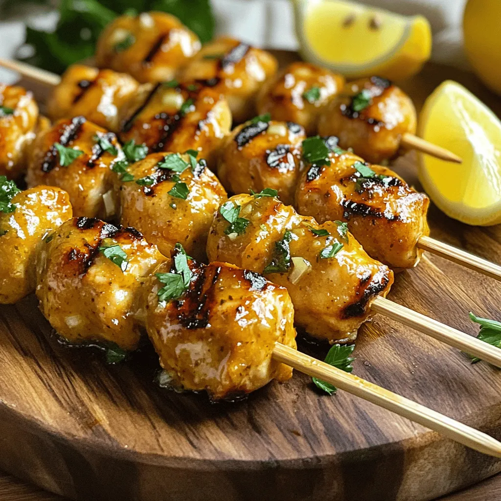 - 1 pound boneless, skinless chicken thighs - 3 tablespoons olive oil - 4 cloves garlic - 1 tablespoon fresh lemon juice - 1 teaspoon dried oregano - 1 teaspoon paprika The main ingredients for grilled chicken bites are simple yet full of flavor. Chicken thighs give a juicy bite, while garlic adds a strong taste. The olive oil helps keep the chicken moist while cooking. Fresh lemon juice brightens the dish, and dried oregano and paprika bring depth. - Salt and pepper - Fresh parsley for garnish Salt and pepper are key for bringing out the best flavors. Fresh parsley adds a pop of color and freshness when sprinkled on top. These small touches make a big difference in your dish. - Greek yogurt dipping sauce - Fresh lemon wedges For an extra touch, you can serve the chicken bites with Greek yogurt dipping sauce. It adds creaminess and pairs well with the garlic. Fresh lemon wedges also work great. They add a zesty kick that enhances every bite. If you want the full experience, check out the Full Recipe for all the details. Marinating the chicken pieces To start, you need to make a tasty marinade. In a large bowl, mix 3 tablespoons of olive oil, 4 minced garlic cloves, 1 tablespoon of fresh lemon juice, 1 teaspoon of dried oregano, and 1 teaspoon of paprika. Add salt and pepper to taste. Then, add the chicken pieces. Make sure each piece is coated well. Cover the bowl and place it in the fridge. Let the chicken marinate for at least 30 minutes. For even better taste, marinate for up to 2 hours. Prepping the grill or grill pan While the chicken marinates, get your grill ready. Preheat it to medium-high heat. If you use a grill pan, heat it on the stove until it’s hot. This step is key for nice grill marks and juicy chicken. Threading chicken onto skewers Once marinated, take the chicken out of the bowl. Thread the chicken pieces onto skewers. Leave some space between each piece. This helps the chicken cook evenly and makes it easy to turn. Cooking times and temperature requirements Now, place the skewers on the grill. Cook for about 5-7 minutes on each side. You want the chicken to be golden brown with nice grill marks. The internal temperature should reach 165°F (75°C) to be safe to eat. Resting the chicken after grilling When the chicken is done, take the skewers off the grill. Let them rest for a few minutes. This helps the juices settle back into the chicken. Garnishing with parsley and sauce Finally, serve the grilled chicken bites. Drizzle any leftover garlic sauce from the bowl over the chicken. Sprinkle fresh parsley on top for a pop of color and flavor. Enjoy your delicious grilled chicken bites! This recipe is a guaranteed hit at any meal. For the complete details, check the Full Recipe. To get juicy grilled chicken, marinate for at least 30 minutes. For best flavor, aim for 2 hours. This time lets the chicken soak up all the tasty garlic and spices. To check if your chicken is done, use a meat thermometer. The internal temperature should reach 165°F (75°C). If you don’t have a thermometer, cut a piece open. The meat should be white with no pink inside. Spices can make your chicken pop. Try adding cumin or chili powder for a kick. Fresh herbs like thyme or rosemary also boost the taste. When grilling, use a grill for those nice char marks. If you have a grill pan, that works too. Just remember to use medium-high heat to sear the chicken quickly and keep it juicy. Serve your grilled chicken bites on a colorful platter. Add fresh lemon wedges for brightness. You can also drizzle extra garlic sauce over the top for a beautiful shine. For a fun twist, make little skewers. Use small wooden sticks and alternate chicken with veggies. This adds color and makes it easy to grab and enjoy. {{image_2}} You can switch up the protein in this dish. If you prefer chicken breast, it works great, too. Chicken breast is lean and cooks well on the grill. Simply cut it into bite-sized pieces like the thighs. If you're in the mood for seafood, try shrimp. Shrimp cooks quickly and absorbs flavors well. Just remember to watch them closely on the grill. For a vegetarian option, use tofu. Firm tofu holds its shape better when grilled. Cut it into cubes and marinate it just like the chicken. This way, you keep all the tasty garlic flavors. Garlic sauce is the star here, but you can add your twist. Mix in fresh herbs like basil or rosemary for extra flavor. You can also try adding some honey for a sweet touch. If you love heat, add chili flakes or hot sauce. This will give your garlic sauce a spicy kick. Adjust the spice level based on your taste. You can even try a lemon-herb sauce for a refreshing twist. Just mix lemon juice with fresh herbs and olive oil for a bright flavor. Side dishes can make your meal even better. Serve your grilled chicken bites with a fresh salad. A simple mix of greens, tomatoes, and cucumbers is perfect. Grains like quinoa or brown rice work well, too. They add a nice texture and soak up the garlic sauce. You might also consider grilled veggies. Zucchini, bell peppers, and asparagus are great choices. They pair nicely with the chicken and add vibrant colors to your plate. For the full recipe, check out the Full Recipe section. After you enjoy your grilled chicken bites, store the leftovers in airtight containers. Glass or plastic containers with tight lids work well. This keeps the chicken fresh and safe. You can keep the chicken bites in the fridge for up to four days. If you want them to last longer, freeze them. They can stay in the freezer for about three months. When you want to eat leftovers, reheating is key to keep them tasty. The best way is to use the oven. Preheat it to 350°F (175°C) and place the chicken in a baking dish. Cover it with foil to lock in moisture. Heat for about 15-20 minutes or until the chicken is warm. If you freeze the chicken, thaw it overnight in the fridge first. Then, follow the same reheating method. You can also use a microwave but be careful. Heat in short bursts to avoid drying out the chicken. Making grilled chicken bites ahead of time is great for busy days. Marinate and cook a big batch on the weekend. Store them in the fridge or freezer. They are perfect for quick meals during the week. You can pair them with rice, salad, or veggies to make a full meal. Try adding them to wraps or serve with a side of garlic sauce for extra flavor. For more ideas, check the Full Recipe for ways to enjoy your chicken bites! How long should I marinate the chicken for best results? I recommend marinating the chicken for at least 30 minutes. For stronger flavors, let it sit for up to 2 hours. The longer marination time helps the chicken absorb the garlic and spices. Can I use frozen chicken for this recipe? Yes, you can use frozen chicken. Just remember to thaw it first. I suggest using the refrigerator overnight. This makes sure the chicken is safe and ready for cooking. What should I do if I don’t have skewers? If you lack skewers, you can grill the chicken pieces directly on the grill. Just place them on the grill and turn them often. This way, they grill evenly and get those tasty marks. How to make this dish if I don’t have a grill? You can use a grill pan or an oven. For a grill pan, heat it over medium-high heat and cook the chicken. For the oven, bake it at 400°F (200°C) for about 20 minutes. Make sure to check the chicken for doneness. What’s the calorie count for grilled chicken bites? One serving of grilled chicken bites has about 300 calories. This can vary based on the olive oil and any added dips you use. Tips for making the dish healthier. To make this dish healthier, use less olive oil or switch to a lighter sauce. You can also add more veggies on the side. Try serving with a fresh salad or steamed greens for extra nutrients. Grilling perfect chicken takes simple steps and fresh ingredients. We covered marinating, grilling, and serving tips. You can mix proteins or sauces for variety. Storing leftovers and meal prep can save time. Remember, the right marinade and cooking techniques make all the difference in taste. Try serving with fresh sides for a complete meal. Enjoy the process and have fun with flavors. With practice, you’ll impress everyone at your next cookout!