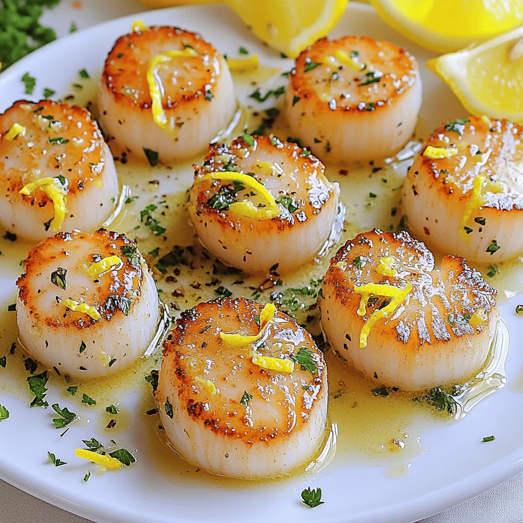 - 12 large sea scallops - 1 tablespoon olive oil - 2 tablespoons unsalted butter - 2 cloves garlic, minced - Zest of 1 lemon - 1 tablespoon fresh parsley, chopped - Sea salt and freshly ground black pepper, to taste - Lemon wedges, for serving Selecting Fresh Scallops Fresh scallops should smell like the ocean. Look for firm, moist scallops. They should have a creamy color. Avoid any that are discolored or have a strong fishy smell. Alternative Oils for Cooking While olive oil is great, you can use avocado oil or grapeseed oil. These oils have high smoke points, making them perfect for searing scallops. Best Side Dishes Serve scallops with a light salad or garlic mashed potatoes. A side of asparagus or green beans works well too. Recommended Wines Pair these scallops with a crisp white wine. Sauvignon Blanc or Chardonnay enhances the dish’s flavors nicely. For the complete method to cook these scallops, check the Full Recipe. How to Dry and Season Scallops Start by patting the scallops dry with paper towels. This step is key. If they are wet, they won’t sear well. Season both sides with sea salt and freshly ground black pepper. A good seasoning helps enhance their natural flavor. Heating the Skillet Next, take a non-stick skillet and heat one tablespoon of olive oil over medium-high heat. Wait until the oil just begins to smoke. This tells you it’s hot enough for the scallops. Searing the Scallops for Maximum Flavor Carefully add the scallops to the hot pan. Make sure they are in a single layer and not touching each other. This gives them room to sear. Cook for about 2-3 minutes until they form a rich, golden crust. Basting with Garlic Butter Now, flip the scallops gently. Add two tablespoons of unsalted butter and two minced garlic cloves to the pan. Cook for another 2-3 minutes. As they cook, spoon the melted butter over the scallops. This adds flavor and moisture. Adding Lemon Zest and Parsley Right before you take them off the heat, sprinkle on the zest of one lemon and one tablespoon of chopped parsley. Toss gently to mix. This brightens up the dish and adds a fresh touch. Plating the Dish Serve the scallops immediately. Arrange them neatly on a plate and drizzle with the garlic butter from the pan. Add lemon wedges on the side for an extra pop of flavor. For the full recipe, check the main article. To get a great sear, you need the right temperature. Heat your skillet until it is hot but not smoking. A good test is to sprinkle a few drops of water into the pan. If they dance and evaporate quickly, it’s ready. Next, ensure non-stick cooking. Use a non-stick skillet or a well-seasoned cast iron pan. This helps the scallops release easily, keeping their shape and crust intact. To amp up the flavor, try different herbs. Fresh thyme, basil, or tarragon can add depth. You can also mix in some fresh chives for a mild onion taste. Spices can also enhance your dish. Consider adding a pinch of smoked paprika for a warm flavor or a dash of cayenne for heat. These spices can elevate the sweet taste of scallops. For cooking scallops, a good skillet is key. A stainless steel or cast iron skillet works well because they hold heat evenly. Avoid overcrowding the pan to get that perfect sear. You might also want a fish spatula. This tool is thin and flexible, making it easier to flip the scallops without breaking them. A pair of tongs can also help when you’re basting them with garlic butter. For more detailed steps, check the Full Recipe. {{image_2}} - Lemon-Butter Scallops: This version adds a bright twist. You can mix more lemon juice with butter. It adds a nice zesty flavor that pairs well with the scallops. - Spicy Scallops with Chili Flakes: For heat lovers, add chili flakes. This simple change brings a kick. The spice enhances the scallops' natural sweetness. - Gluten-Free Options: Good news! Scallops are naturally gluten-free. Just make sure any sauces used with them are also gluten-free. - Low-Fat Alternatives: If you're watching fat, use less butter. You can swap it with a bit of vegetable broth. It keeps the dish light but still tasty. - Grilled Scallops: Grilling gives scallops a smoky flavor. Just marinate them for a few minutes. Then, place them on a hot grill for a quick cook. - Broiled Scallops: Broiling is another easy option. Place scallops on a baking sheet and cook them under the broiler for a quick sear. This method keeps them juicy and tender. For a full recipe, check out Sizzling Sea Delight Scallops . For safe storage, keep leftover scallops in the fridge. Use an airtight container. They will stay fresh for about 1-2 days. Make sure to cool them before sealing. If you want to keep them longer, you can freeze scallops. Wrap them tightly in plastic wrap and place in a freezer bag. This helps prevent freezer burn. They can last up to 2 months in the freezer. To reheat scallops, use the stovetop for best results. Warm a skillet on low heat. Add a little butter or oil, then place the scallops in the pan. Heat for 1-2 minutes on each side. Avoid using the microwave. It can overcook the scallops and make them rubbery. Slow and low is the best way to maintain their texture. Watch for signs of spoilage. If the scallops smell sour or have a slimy texture, do not eat them. Fresh scallops should smell like the sea, not fishy. For safe consumption, eat refrigerated scallops within 1-2 days. If frozen, consume them within 2 months for the best taste. Always prioritize safety when enjoying seafood. For the full recipe, check out the Sizzling Sea Delight Scallops. To make Gordon Ramsay's pan-seared scallops, follow these steps: 1. Dry and Season: Pat the scallops dry with paper towels. Season both sides with sea salt and black pepper. 2. Heat the Skillet: Heat olive oil in a non-stick skillet over medium-high heat until it shimmers. 3. Sear the Scallops: Add the scallops in a single layer. Sear for 2-3 minutes until they are golden brown. 4. Flip and Baste: Gently flip the scallops. Add butter and minced garlic. Cook for another 2-3 minutes, basting with melted butter. 5. Add Zest and Parsley: Before finishing, mix in lemon zest and parsley. Toss gently. 6. Serve: Plate the scallops and serve with lemon wedges. This quick method creates a dish that shines with flavor. You can find the full recipe in the earlier section. Scallops can turn chewy due to common mistakes. Here are a few to avoid: - Overcooking: Cooking scallops too long makes them tough. Aim for a golden crust, not rubbery texture. - Improper Drying: If the scallops are not dry, they won’t sear well. Always pat them dry. - Too Low Heat: Cooking at low heat fails to create that nice sear. Use medium-high heat for best results. Avoiding these mistakes helps you enjoy tender and juicy scallops. Yes, you can use frozen scallops, but keep a few points in mind: - Thawing: Always thaw scallops in the fridge overnight. Do not microwave them as it can lead to uneven cooking. - Texture: Fresh scallops often taste better, but if frozen is all you have, they can work well. Just ensure they are of good quality. - Cooking Time: Frozen scallops may need a minute or two longer to cook compared to fresh ones. Using frozen scallops can still yield a delicious meal when done correctly. Cooking sea scallops is simple and rewarding. We covered the key ingredients, like fresh scallops and garlic, for a tasty dish. You learned how to sear them perfectly, ensuring great flavor. We also explored creative variations and storage tips. Remember, fresh ingredients and proper cooking techniques make all the difference. Enjoy your scallop dish with recommended sides and wine pairings. Cooking at home opens up new culinary adventures. Now, you can impress friends and family with your scallop skills. Happy cooking!