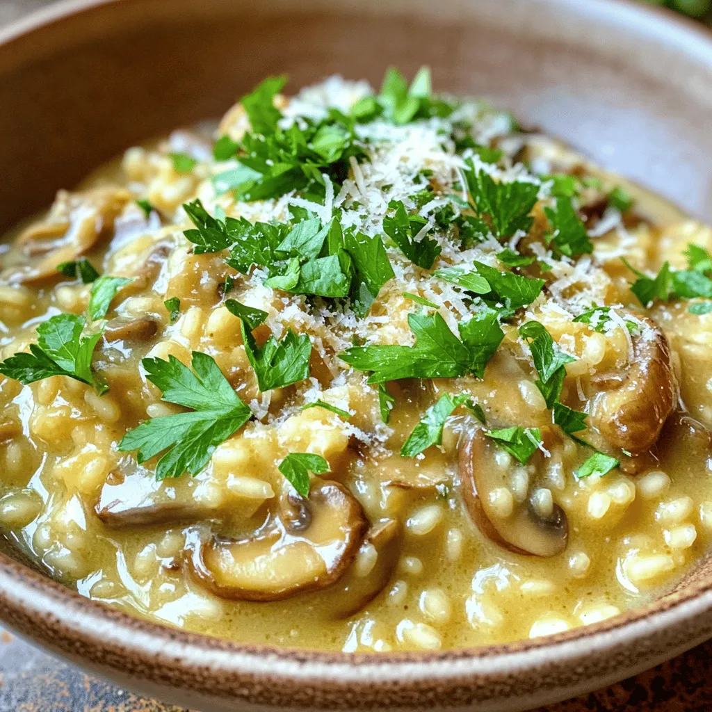 To make a rich, creamy mushroom risotto, you will need: - 1 ½ cups Arborio rice - 4 cups vegetable broth - 1 cup fresh mushrooms (cremini and shiitake), sliced - 1 small onion, finely chopped - 2 cloves garlic, minced - 1 cup heavy cream - ½ cup Parmesan cheese, grated - 2 tablespoons olive oil - 2 tablespoons unsalted butter - Salt and pepper to taste - Fresh parsley, chopped (for garnish) These ingredients form the base of your dish. Arborio rice is key because it absorbs liquid well and creates a creamy texture. The combination of mushrooms, onion, and garlic adds a deep, savory flavor. You can make your risotto even better with a few optional ingredients: - White wine (about ½ cup) - Fresh herbs like thyme or rosemary - Lemon zest for brightness - Peas or spinach for a pop of color Adding white wine gives a nice acidity to the dish. Fresh herbs can enhance the aroma and flavor. Don’t be afraid to get creative! Not all mushrooms are the same. Here are some great choices: - Cremini: Earthy and rich, they add depth. - Shiitake: Smoky flavor that enhances the dish. - Porcini: Intense aroma and taste, great for gourmet risotto. - Button: Mild and versatile, they work well in a mix. Choosing a mix of mushrooms can elevate your risotto. Each variety brings a unique flavor and texture, creating a delightful dish you will enjoy. For the full recipe, check out the [Full Recipe]. Start by heating 4 cups of vegetable broth in a saucepan over low heat. Keep it warm but do not let it boil. Warm broth helps the rice cook evenly. This is key for a creamy texture. In a large skillet, heat 2 tablespoons of olive oil and 1 tablespoon of butter over medium heat. Add 1 small finely chopped onion. Cook it for about 3-4 minutes until it turns clear. Next, add 2 cloves of minced garlic and 1 cup of sliced fresh mushrooms. Cook for 5-7 minutes until the mushrooms soften and their liquid evaporates. Season with salt and pepper. Now, stir in 1 ½ cups of Arborio rice. Toast the rice for 1-2 minutes. The grains should look slightly clear. Begin adding the warm broth, one ladle at a time. Stir it often and let the rice soak up the broth before adding more. This process takes about 15-20 minutes. When the rice is al dente, take it off the heat. Stir in 1 cup of heavy cream and ½ cup of grated Parmesan cheese. Add the rest of the butter for that extra creaminess. Mix until everything blends well. Adjust the taste with more salt and pepper if needed. Let the risotto sit for a couple of minutes. This helps it thicken, making it perfect for serving. For the full recipe, check out the detailed instructions and enjoy making this dish! To make the best risotto, you need to stir often. This helps release the starch from the rice. Use Arborio rice; it’s perfect for creamy risotto. Start with a warm broth. If the broth is cold, it will slow down cooking. Keep an eye on the texture. You want the rice to be al dente, meaning it should have a slight bite. When adding broth, do it slowly. Let each ladleful absorb before adding more. This way, you prevent mushy rice. To make your risotto extra tasty, add the mushrooms early. This allows their flavor to meld with the rice. Use fresh herbs like parsley or thyme for a burst of freshness. A splash of heavy cream and a touch of butter at the end will boost creaminess. For the full recipe, check out the ingredients and instructions provided. {{image_2}} You can add proteins to your creamy mushroom risotto. Chicken, shrimp, or tofu work great. For chicken, cook diced pieces in the skillet until they turn golden. Add them right before you mix in the rice. If you prefer shrimp, add them in the last few minutes of cooking. They cook quickly and add a nice touch. Tofu is a good choice for a vegetarian option. Make sure to use firm tofu, and sauté it until it’s crispy. Want to make your risotto even healthier? Toss in extra veggies! You can add spinach, peas, or zucchini for color and taste. Simply chop them up and add them when you stir in the rice. This keeps the veggies bright and fresh. You can also try roasted bell peppers or asparagus for a unique twist. You can change the flavor of your risotto easily. Fresh herbs add a burst of taste. Consider basil, thyme, or rosemary. Chop them finely and stir them in at the end. If you like a bit of heat, try adding red pepper flakes. For a richer taste, use smoked paprika or saffron. These spices will give your dish a whole new dimension. For more ideas on how to enhance your dish, check the full recipe. To keep your leftover risotto fresh, place it in an airtight container. Make sure it cools down before sealing. Store it in the fridge. It can stay good for 3 to 4 days. If you want to enjoy it later, freezing is a great option. When you're ready to eat the risotto, use a skillet for the best results. Add a splash of broth or water to help it regain its creamy texture. Heat it over medium-low heat, stirring often. If you prefer, you can also use the microwave. Just cover the bowl with a damp paper towel to keep it moist. To freeze risotto, let it cool completely first. Spoon it into freezer-safe bags or containers. Make sure to remove as much air as possible to avoid freezer burn. Risotto can last up to 3 months in the freezer. When you want to enjoy it, thaw it in the fridge overnight and reheat as mentioned above. For the complete cooking process, check out the Full Recipe for Creamy Mushroom Risotto. Creamy Mushroom Risotto lasts about 3 to 5 days in the fridge. Store it in an airtight container to keep it fresh. Make sure it cools before you put it in the fridge. Yes, you can make risotto without wine. Just use extra broth instead. The risotto will still taste great. Wine adds depth, but it is not a must. If your risotto is too dry, add more warm broth. Stir in small amounts until it reaches the right creaminess. You can also add a splash of water to help it along. I do not recommend using instant rice for risotto. Instant rice cooks too fast and will not give you the creamy texture you want. Stick with Arborio rice for the best results. For the full recipe, check out the details above! This blog post covers how to make creamy mushroom risotto. We discussed the essential and optional ingredients needed for rich flavor. I shared step-by-step instructions, including how to prepare the broth and cook the rice perfectly. You learned key tips for avoiding overcooking and enhancing creaminess. We explored variations with proteins and veggies, plus storage and reheating methods. Feel confident to create your own delicious risotto. Enjoy this comforting dish, and let your creativity shine!