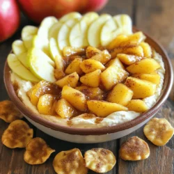 To make the best apple pie dip with cinnamon chips, you need fresh and simple ingredients. This recipe is all about flavor and texture. Here’s what you’ll need: - 2 large apples (Granny Smith or Honeycrisp), peeled, cored, and diced - 1 tablespoon lemon juice - 1/4 cup brown sugar - 1 teaspoon ground cinnamon - 1/4 teaspoon nutmeg - 1 tablespoon all-purpose flour - 1/2 cup cream cheese, softened - 1/4 cup powdered sugar - 1 teaspoon vanilla extract - 4 large flour tortillas - 2 tablespoons melted butter - Extra cinnamon and sugar for sprinkling These ingredients come together to create a sweet and creamy dip with crunchy chips. The apples bring a natural sweetness, while the spices add warmth. The cream cheese base gives it a rich texture, making every bite delightful. For an extra touch, consider adding optional toppings like chopped nuts or a drizzle of caramel. These can elevate your dip and add some fun flavors. You can find the full recipe to see how all these ingredients work together. Start by tossing the diced apples in a medium bowl. Add lemon juice, brown sugar, ground cinnamon, nutmeg, and flour. Mix well until the apples are fully coated. Let this mixture sit for about 10 minutes. This step helps the flavors blend together nicely. Next, heat a skillet over medium heat. Add the apple mixture and cook for 5-7 minutes. Stir occasionally until the apples are tender but not mushy. Remove from heat and let them cool slightly. In another bowl, combine the softened cream cheese, powdered sugar, and vanilla extract. Mix these ingredients until they are smooth and creamy. This will be the base of your dip. Make sure there are no lumps for the best texture. Now it’s time to put everything together. Spread the cream cheese mixture at the bottom of a serving dish. Then, layer the warm cooked apples on top. To make it look nice, serve the dip in a shallow bowl. You can garnish with a sprinkle of cinnamon and a few apple slices on top. Arrange the cinnamon chips around the bowl for a lovely presentation. Preheat your oven to 350°F (175°C). Take your flour tortillas and brush both sides with melted butter. Then, sprinkle a mix of cinnamon and sugar on top. Use about 1 tablespoon of cinnamon and 2 tablespoons of sugar combined. After that, cut each tortilla into triangle wedges. Place the tortilla triangles on a baking sheet in a single layer. Bake them for about 8-10 minutes. Keep an eye on them and turn them halfway through for even crispiness. The chips should be golden brown when done. If they aren’t crispy yet, just bake for a couple more minutes. For the full recipe, check out the details above. Enjoy your delightful apple pie dip with these tasty cinnamon chips! When making apple pie dip, the type of apple matters. I recommend using Granny Smith or Honeycrisp apples. These apples balance sweetness and tartness well. Choose firm apples with smooth skin. This way, they will hold up during cooking. Look for apples that feel heavy for their size. The best apples have a nice aroma too. To jazz up your dip, consider adding nuts. Chopped pecans or walnuts give a nice crunch. You can also sprinkle in extra spices like cloves or allspice. For a sweet twist, drizzle caramel over the apple mixture. Melting chocolate and swirling it in can add richness. Your guests will love these tasty surprises. Pair your apple pie dip with other dips. A creamy vanilla yogurt or caramel dip works well. You can set up a fun dessert platter. Use colorful plates to attract attention. Arrange your cinnamon chips around the dip. Add fresh apple slices on top for a pop of color. This makes for a great display. For more ideas, check the full recipe for different serving styles. {{image_2}} You can switch up the fruit in this dip. Try using peaches, pears, or berries. Each fruit brings a unique flavor. Mixing seasonal fruits adds freshness and fun. For example, in summer, use juicy strawberries. In fall, go for pears with warm spices. These swaps keep the dip exciting! If you want a healthier version, use Greek yogurt instead of cream cheese. It gives a creamy texture with less fat. You can also choose low-sugar options. Use less brown sugar or a sugar substitute. This way, you still enjoy the flavor without the extra calories. For a dairy-free dip, use nut-based cream cheese. Brands like Kite Hill offer great choices. You can also try silken tofu blended until smooth. For the cinnamon chips, use gluten-free tortillas. These options make the dip accessible to more people. Enjoy the same great taste while meeting dietary needs! To keep your Apple Pie Dip fresh, store it in an airtight container. Place it in the fridge if you plan to eat it within three days. This keeps the flavors intact and the dip creamy. If you want to save it for longer, you can freeze it. Make sure to use a freezer-safe container. It can stay good for up to three months. When you’re ready to enjoy it, let it thaw in the fridge overnight before serving. For leftover cinnamon chips, store them in a zip-top bag or an airtight container. This helps keep them crispy. If they get stale, don’t worry! You can bring back the crunch. Preheat your oven to 350°F (175°C). Spread the chips on a baking sheet and bake for about five minutes. This will make them crispy again. Enjoy your dip and chips together for a tasty treat! Yes, you can make Apple Pie Dip ahead of time. For best results, prepare the apple mixture and cream cheese base separately. Store both in the fridge. Combine them when you are ready to serve. This keeps the dip fresh and tasty. Just remember to cover each bowl tightly to avoid drying out. Serve the dip warm with cinnamon chips for the best flavor. The best apples for Apple Pie Dip are Granny Smith and Honeycrisp. Granny Smith apples bring a nice tart flavor. They balance well with the sweetness of the dip. Honeycrisp apples are sweet and juicy. They add a great texture. You can mix both types for a fun flavor twist. Experiment with different apples to find your favorite! To make Apple Pie Dip gluten-free, use gluten-free tortillas. Many brands offer gluten-free options made from corn or rice. You can also check local stores for these. Make sure to read the labels to avoid gluten. The rest of the dip ingredients are naturally gluten-free, so you are all set! Yes, you can use store-bought dip if you want. Premade options save time, but they may lack the flavor of homemade. Store-bought dips often have added preservatives. They can be less fresh than making your own. If you choose this route, look for a dip with simple ingredients. This way, you still enjoy a tasty treat! In this post, we covered how to make a delicious Apple Pie Dip. We discussed key ingredients, from apples to cream cheese, and shared simple steps for preparation. You learned how to enhance flavors and present the dish beautifully. With tips on choosing the best apples and exploring variations, you now have numerous ideas. Try these methods and make this dip your own. Enjoy serving it to friends and family!