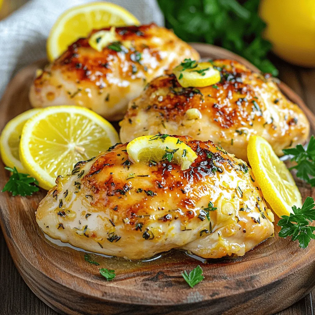 To make Baked Lemon Butter Chicken, you need: - 4 boneless, skinless chicken breasts - 1/2 cup unsalted butter, melted - 2 large lemons (zested and juiced) - 4 cloves garlic, minced - 1 tablespoon fresh thyme or 1 teaspoon dried thyme - 1 teaspoon paprika - Salt and pepper to taste - Fresh parsley for garnish When measuring ingredients, use dry measuring cups for solids. For liquids, use a liquid measuring cup. Level off dry ingredients with a knife for accuracy. Always pack brown sugar firmly. For butter, use the markings on the wrapper for easy measurement. Fresh herbs should be chopped finely for the best flavor release. Use fresh lemons for the best taste. They should feel firm and juicy. Pick unsalted butter for better control of salt in the dish. Choose fresh garlic for a strong aroma and flavor. When using dried thyme, ensure it is not expired to maintain potency. Fresh parsley adds a pop of color and flavor, so select vibrant green leaves. For chicken, look for breasts that are plump and pink, with no signs of discoloration. This ensures a juicy and tasty result. For a full recipe, check out the link provided above. To start, gather all your ingredients. You need 1/2 cup of melted butter, the zest and juice from 2 large lemons, 4 minced garlic cloves, fresh thyme, paprika, salt, and pepper. Mix these in a medium bowl. This mix creates a zesty, tangy flavor that makes the chicken shine. The butter adds richness, while the lemon gives a bright taste. Next, take 4 boneless, skinless chicken breasts and place them in a large baking dish. Make sure they have space to breathe. Pour your lemon butter marinade over the chicken. Use a spoon to coat each piece well. Let the chicken sit for at least 30 minutes. If you can, let it marinate for 2 hours in the fridge. This step is key for flavor. Now, preheat your oven to 375°F (190°C). Cover the baking dish with aluminum foil. This keeps the chicken moist. Bake for 20 minutes. After 20 minutes, take off the foil. Bake for an extra 15-20 minutes. You want the chicken to be golden brown and reach an internal temperature of 165°F (75°C). Once done, let it rest for 5 minutes. Garnish with fresh parsley for a bright touch. This step makes it look as good as it tastes. You can find the full recipe [here](#). Marinade time matters a lot. For best results, let your chicken marinate for at least 30 minutes. This step allows the flavors to soak in. If you have time, go for up to 2 hours. Longer marinating gives you a richer taste. Just remember, don’t let it sit too long. Chicken can become too salty if marinated overnight. Juicy chicken is key to this dish. Start with fresh, high-quality chicken breasts. Dry chicken can ruin your meal. Make sure to cover the chicken with foil in the oven. This keeps the moisture locked in while it cooks. After baking, let the chicken rest for 5 minutes. This helps the juices redistribute throughout the meat. You’ll end up with tender, juicy bites. Garnishing makes your dish look great. Use fresh parsley for color and freshness. You can also add lemon slices around the plate. This adds a nice touch and hints at the flavors inside. For extra flavor, try adding capers or olives. They pair well with the lemon butter sauce. Remember, a good garnish can elevate your dish to gourmet status. {{image_2}} You can change the herbs to add new flavors. Try using rosemary, oregano, or basil. Each herb brings its own taste. For example, rosemary gives a woodsy flavor. Oregano adds a slight peppery note. You can use fresh or dried herbs based on what you have. Just remember, fresh herbs are usually stronger in flavor. Baking is great, but you can try other methods too. Grilling gives a nice smoky flavor. Just marinate the chicken and grill it over medium heat. You can also pan-sear the chicken. Start in a hot skillet with some oil. Sear each side for a few minutes before finishing in the oven. This way, you get a crispy outside and juicy inside. You can easily adapt this dish to fit dietary needs. For a dairy-free option, replace butter with olive oil or a dairy-free spread. If you want it gluten-free, there are no gluten ingredients here. And for low-carb diets, serve the chicken with veggies instead of starches. Feel free to adjust the recipe to suit your tastes and needs. For the full recipe, check out the original instructions. After enjoying your Baked Lemon Butter Chicken, you may have some leftovers. To keep them fresh, let the chicken cool down first. Place it in an airtight container. Store it in the fridge. It will stay good for up to three days. Make sure to cover the chicken with some of the lemon butter sauce. This keeps it juicy and tasty. When you are ready to eat the leftovers, reheating is key. Preheat your oven to 350°F (175°C). Place the chicken in an oven-safe dish. Pour a little of the leftover sauce on top. Cover the dish with foil to keep moisture in. Heat for about 20 minutes or until warm. You can also use a microwave if you’re in a hurry. Just heat for 1-2 minutes, checking often to avoid overcooking. If you want to save your chicken for later, freezing works well. First, let the chicken cool completely. Then, wrap each piece tightly in plastic wrap. Place the wrapped chicken in a freezer-safe bag. Squeeze out as much air as possible. Label the bag with the date. You can freeze it for up to three months. When you’re ready to use it, thaw it in the fridge overnight before reheating. For step-by-step preparation, check out the Full Recipe. I love serving Baked Lemon Butter Chicken with fresh sides. Roasted vegetables work great. You can use carrots, broccoli, or zucchini. A light salad with mixed greens is refreshing too. You might also enjoy it with rice or mashed potatoes. They absorb the tasty lemon butter sauce perfectly. A slice of crusty bread is nice. It helps you scoop up every bit of the sauce. Yes, you can use frozen chicken breast. Just remember to thaw it first. Thawing allows the marinade to soak in better. You can thaw chicken in the fridge overnight. If you're short on time, use the microwave's defrost setting. Make sure to marinate the chicken well. This adds flavor and helps keep it moist when cooked. To check if the chicken is done, use a meat thermometer. Insert it into the thickest part of the chicken. It should read 165°F (75°C) for safe eating. If you don’t have a thermometer, cut into the chicken. The juices should run clear, not pink. Let the chicken rest for five minutes after baking. This helps keep it juicy and tender. For the full recipe, check out the details above. You now have all the tools to make Baked Lemon Butter Chicken. We covered the right ingredients and measuring tips to boost quality. You learned the steps to prepare, marinate, and bake the chicken perfectly. Remember the tips to keep it juicy and ideas for garnishing. Explore fun variations and know how to store extras safely. Answering common questions helps clear up any confusion. With these skills, your cooking will shine. Enjoy your meal creation journey!