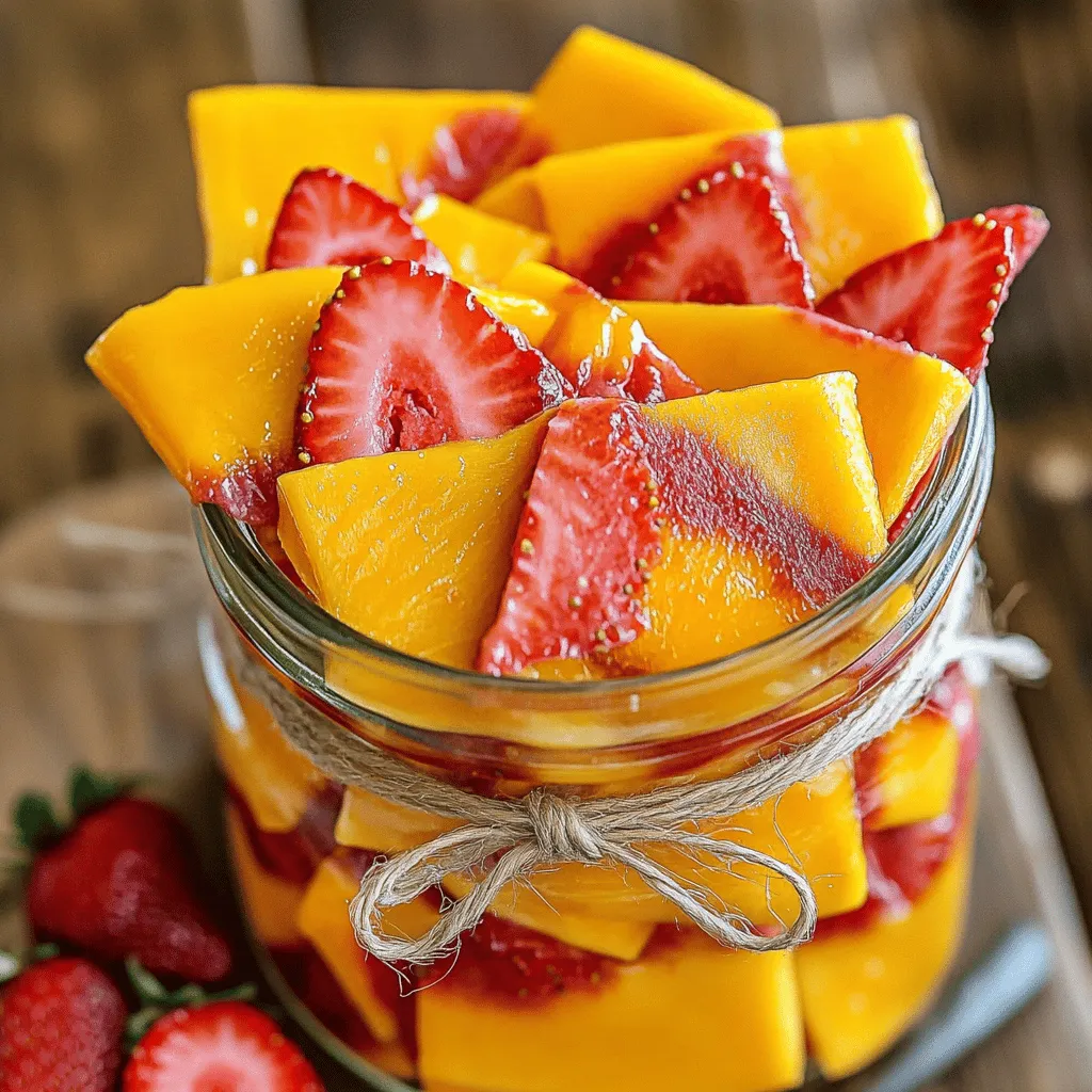 To make Tie-Dye Mango Strawberry Fruit Leathers, gather these fresh ingredients: - 2 ripe mangoes, peeled and diced - 2 cups strawberries, hulled and quartered - 1 tablespoon honey (optional, adjust to taste) - 1 tablespoon lemon juice (freshly squeezed) - A pinch of salt - Extra strawberry slices for decoration (optional) Using ripe mangoes ensures a sweet base for your fruit leather. Strawberries add vibrant flavor and color. Honey can enhance sweetness if needed. A squeeze of lemon juice balances the fruit's natural sugars. Adding a pinch of salt brings out the flavors. You can also decorate with extra strawberry slices for a fun touch. This blend of ingredients gives you a tasty treat that looks as good as it tastes. You can find the full recipe for these delightful fruit leathers above. Start by blending the ripe mangoes in a blender until smooth. This should take about 30 seconds. Next, transfer the mango puree to a bowl. Now, blend the strawberries. You want a smooth texture too. This should take a similar time. Once done, pour the strawberry puree into another bowl. Add one tablespoon of honey to each bowl. If you like it less sweet, skip the honey. Next, squeeze in one tablespoon of lemon juice into both bowls. Finally, sprinkle a pinch of salt into each. This will help balance the flavors. Now, taste each puree and adjust as needed. Grab a parchment-lined baking sheet. Use a spoon to drop dollops of mango puree in random spots. Next, add dollops of strawberry puree between the mango spots. Now, take a skewer or the end of a spoon. Use it to gently swirl the mango and strawberry purees together. Be careful! You want to keep the colors separate for a great tie-dye look. Preheat your oven to the lowest setting, around 170°F or 77°C. Place the baking sheet in the oven. Leave the oven door slightly open. This helps with air flow. Dry the fruit leather for about 5 to 6 hours. Check it every hour. It should no longer feel sticky and should peel off the parchment easily. Once the fruit leather is ready, take it out of the oven. Let it cool completely. After cooling, use kitchen scissors to cut it into strips or fun shapes. Roll the strips in parchment paper to keep them fresh. Store them in an airtight container at room temperature. They can last up to two weeks. For a fun touch, arrange them in a glass jar or on a decorative plate. You can even tie them with twine for a cute gift idea. For the full recipe, check out the earlier section. To create a stunning tie-dye effect, follow these simple steps: - Swirling Colors: When you drop the mango and strawberry purées on the baking sheet, use a skewer or the end of a spoon. Gently swirl the two colors together. Do not mix them too much. You want to keep both colors distinct. - Distinct Color Visibility: Make sure to add enough space between the dollops of each fruit. This helps each color stand out. A good rule is to keep at least one inch apart. You can easily tweak the sweetness and flavor with these tips: - Natural Sweeteners: Honey works great, but you can also try agave syrup or maple syrup. Adjust the amount based on your taste. Start with one tablespoon and add more if needed. - Adding Zest for Extra Flavor: A bit of lemon or lime zest can brighten the taste. Just a teaspoon can bring a fresh twist to your fruit leathers. Achieving the right texture is key for fruit leathers: - Right Thickness: Aim for a thickness of about 1/8 inch when spreading the purée. This will help it dry evenly. If it’s too thin, it may dry out too quickly. - Avoiding Stickiness During Drying: Keep an eye on the drying process. If the fruit leather is still sticky after 5-6 hours, leave it in for a bit longer. It should peel off the parchment easily when done. For detailed instructions, refer to the full recipe. Enjoy your colorful creations! {{image_2}} You can mix and match fruits to create fun flavors. Try using peaches instead of mangoes. They bring a sweet, juicy taste. You can also swap strawberries for blueberries or raspberries. Each fruit adds its own flavor. Combining fruits gives you endless options. Consider using seasonal fruits like cherries in summer or apples in fall. This keeps your fruit leathers fresh and exciting. Make your fruit leathers even healthier. Add chia seeds or flaxseeds for extra fiber. These tiny seeds pack a nutritional punch. They are great for digestion and heart health. You can also add spices like cinnamon or ginger. These spices will give your leathers a warm, spicy kick. Experimenting with these ingredients makes your snack even more special. You can create colorful fruit leathers for any holiday. For Halloween, use blackberries and oranges for a spooky look. For Christmas, use red and green fruits like cranberries and kiwis. These themed fruit leathers are fun for parties or gifts. They look beautiful and taste great. You can even create flavors for special occasions, like a fruity blend for birthdays. To keep your Tie-Dye Mango Strawberry Fruit Leathers fresh, store them in an airtight container. I recommend using glass jars or plastic containers with tight lids. This prevents air from getting in and keeps moisture out. You can also wrap each strip in parchment paper for extra protection. This method helps maintain their flavor and texture. At room temperature, fruit leathers last about two weeks. After that, they may lose flavor or texture. Look for signs of spoilage, such as a sticky surface or off smells. If you see any mold, toss them out right away. Always check your fruit leathers before enjoying them. Freezing is a great way to make your fruit leathers last longer. First, cut them into strips, as suggested in the Full Recipe. Then, layer them between sheets of parchment paper. Place them in a freezer-safe bag or container. This helps prevent sticking. When you’re ready to eat them, take out a few strips. Let them thaw at room temperature for about 30 minutes. They’ll be ready to enjoy again! Yes, you can use frozen fruit. Just thaw it first. Frozen fruit is often picked at its peak ripeness. This means it can taste just as good as fresh. Make sure to drain any extra liquid after thawing. This helps your fruit leather stay firm and not too sticky. You can mix in spices like cinnamon or nutmeg for warmth. Adding a splash of vanilla extract can also enhance the flavors. For a fruity twist, try combining different fruits. You can even add a bit of zest from oranges or lemons for brightness. The fruit leather should feel dry to the touch and not sticky. You can lift an edge with your fingers to check. It should peel off the parchment easily. If it bends without cracking, it is ready. Yes, fruit leathers are a great snack. They are made from real fruit, which is full of vitamins. They have no added preservatives, making them a healthier option than many store-bought snacks. However, watch the sugar content if you add honey or other sweeteners. Absolutely! Parchment paper works well in the oven. It helps prevent sticking and makes cleanup easy. Just make sure to set your oven to the lowest heat. Keep the oven door slightly open for air circulation to help with drying. You can cut fruit leathers into strips for easy snacking. They also make great toppings for yogurt or oatmeal. For a fun twist, add them to a cheese board. You could even use them as a garnish for smoothies. For ideas on recipes, check the Full Recipe. Making tie-dye fruit leather is fun and easy. We covered all the steps, from choosing fruit to creating a colorful swirl. You learned how to balance sweetness and enhance flavor. With tips for storage, you can keep your snack fresh. Try different fruit blends to keep things exciting. Remember, every batch can be unique! Enjoy your homemade fruit leather and share it with friends and family. It's a tasty way to get creative in the kitchen. Your joy in making it will match the taste!