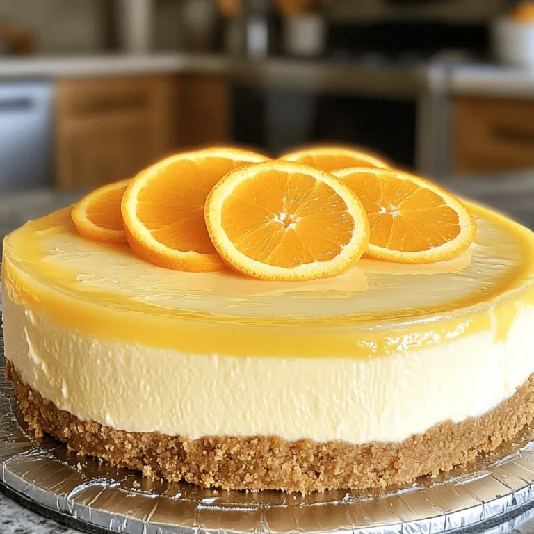 - 1 ½ cups graham cracker crumbs - ½ cup unsalted butter, melted - 2 cups cream cheese, softened - 1 cup powdered sugar - 1 teaspoon vanilla extract - 1 cup heavy whipping cream - 1 cup fresh orange juice - Zest of 1 orange - 2 tablespoons orange gelatin powder - Fresh orange slices for garnish (optional) Tips for selecting fresh oranges: When picking oranges, look for firm and smooth skin. The color should be bright, with no blemishes. Give them a gentle squeeze; they should feel heavy for their size. This means they have plenty of juice. Best alternatives for gelatin powder: If you want to skip gelatin, use agar-agar. It's plant-based and works well. You can also try pectin, found in many fruit preserves. Both alternatives can help set your cheesecake without compromising flavor. This no-bake orange creamsicle cheesecake is simple and exciting. You can find the full recipe above to guide you through each step. This no-bake orange creamsicle cheesecake takes about 20 minutes to prep. The total time, including chilling, is about 4 hours and 20 minutes. You will need a few tools: mixing bowls and a 9-inch springform pan. 1. Making the crust: In a bowl, mix the graham cracker crumbs with melted butter. Combine until it feels like wet sand. This is your cheesecake base. 2. Preparing the cheesecake filling: In a large bowl, beat softened cream cheese with an electric mixer until smooth. Add powdered sugar and vanilla. Mix until well blended. 3. Incorporating flavors: Pour in fresh orange juice and add the orange zest. Mix until everything is evenly combined. 4. Adding whipped cream: In another bowl, whip the heavy cream until it forms stiff peaks. Carefully fold this whipped cream into the cream cheese mixture. Don’t deflate the whipped cream; it makes the cheesecake light. 5. Incorporating gelatin: Dissolve orange gelatin powder in two tablespoons of hot water in a small bowl. Once dissolved, mix it into the cheesecake filling. Ensure that it is fully incorporated. 6. Assembling the cheesecake: Pour the creamy filling over your crust in the springform pan. Smooth the top with a spatula. Cover it with plastic wrap and place it in the fridge for at least 4 hours, or overnight for the best results. After chilling, carefully remove the cheesecake from the springform pan. Slice into pieces and serve it cold. You can garnish with fresh orange slices for a nice touch. Enjoy this refreshing dessert! To get a smooth, creamy cheesecake, use room temperature ingredients. When cream cheese warms up, it mixes better. Cold cream cheese can lead to lumps in your filling. Leave your cream cheese out for about 30 minutes before you start. When you whip the heavy cream, aim for stiff peaks. This means the cream holds its shape well. After whipping, fold it into the cream cheese mix gently. Use a spatula and lift the mixture from the bottom. This way, you keep it light and fluffy. Be careful not to stir too hard, or you will lose that airy texture. For a stunning look, consider adding garnishes. Fresh orange slices add a pop of color and taste. You can also use whipped cream swirls on top. Another idea is to sprinkle some orange zest for extra flair. When serving, think about the event. For birthday parties, slice the cheesecake into fun shapes. You can even top each slice with a small candle. For a fancy dinner, serve it on a nice plate with a drizzle of orange sauce. This makes the dish feel special and inviting for your guests. {{image_2}} You can easily change the flavors of your No-Bake Orange Creamsicle Cheesecake. Here are some fun ideas: - Adding chocolate or vanilla elements: You can mix in some melted chocolate or chocolate chips. This will give a rich twist to your cheesecake. If you prefer a milder flavor, use vanilla extract instead of orange zest. Just keep the orange juice to keep that creamsicle vibe. - Using different citrus juices: Try using lemon, lime, or grapefruit juices. Each citrus brings its unique taste. Lemon adds a bright zing, while lime gives a refreshing kick. Grapefruit can add a nice bitterness that balances the sweetness. You can also modify the recipe for different diets. Here are some tips: - Gluten-free crust alternatives: If you need a gluten-free option, use crushed gluten-free cookies or almond flour. Mix it with melted butter just like you would with graham crackers. This keeps the crust tasty and firm. - Dairy-free cream cheese options: For a dairy-free version, look for plant-based cream cheese. Brands like Tofutti or Kite Hill work well. You can still enjoy a creamy cheesecake without the dairy! To keep your No-Bake Orange Creamsicle Cheesecake fresh, follow these tips: - Refrigerate: Always store the cheesecake in the fridge. - Cover: Use plastic wrap or a lid. This helps prevent drying out. - Separate: If adding toppings, store them in a separate container. For storage containers, a springform pan works best. If you need to move it, use an airtight container. This keeps the cheesecake safe and fresh. To freeze the cheesecake, first let it set completely in the fridge. Then, follow these steps: - Wrap it Up: Use plastic wrap and foil to cover the cheesecake well. - Label: Write the date on the foil for easy tracking. You can freeze it for up to three months. To thaw, move it to the fridge overnight before serving. This keeps the texture smooth and creamy. Enjoy your delicious treat later! Can I use a different type of crust? Yes, you can use a different crust. Options like Oreo or nut crusts work well. Just make sure they are firm enough to hold the cheesecake filling. How long does the cheesecake last in the refrigerator? This cheesecake stays fresh for about five days in the fridge. Keep it covered to prevent it from drying out or absorbing other odors. Can I add fruit toppings before serving? Absolutely! Fresh fruit like berries or additional orange slices add flavor and beauty. Just be sure to add them right before serving for the best taste. What to do if the filling is too runny? If your filling is runny, try chilling it longer. You can also add more gelatin if needed. Dissolve it in hot water first, then mix it in gently. Fixing issues with crust texture If your crust is too crumbly, add a bit more melted butter. If it’s too wet, add more graham cracker crumbs. Aim for a texture similar to wet sand. This cheesecake recipe combines simple ingredients with clear steps for a tasty treat. You'll learn how to make a creamy orange cheesecake from scratch and explore variations to suit your taste. Remember, using fresh ingredients helps your cheesecake shine. And don't forget the tips for great texture and presentation! Enjoy sharing this dessert with friends and family. I'm excited for you to try this delicious recipe and make it your own!