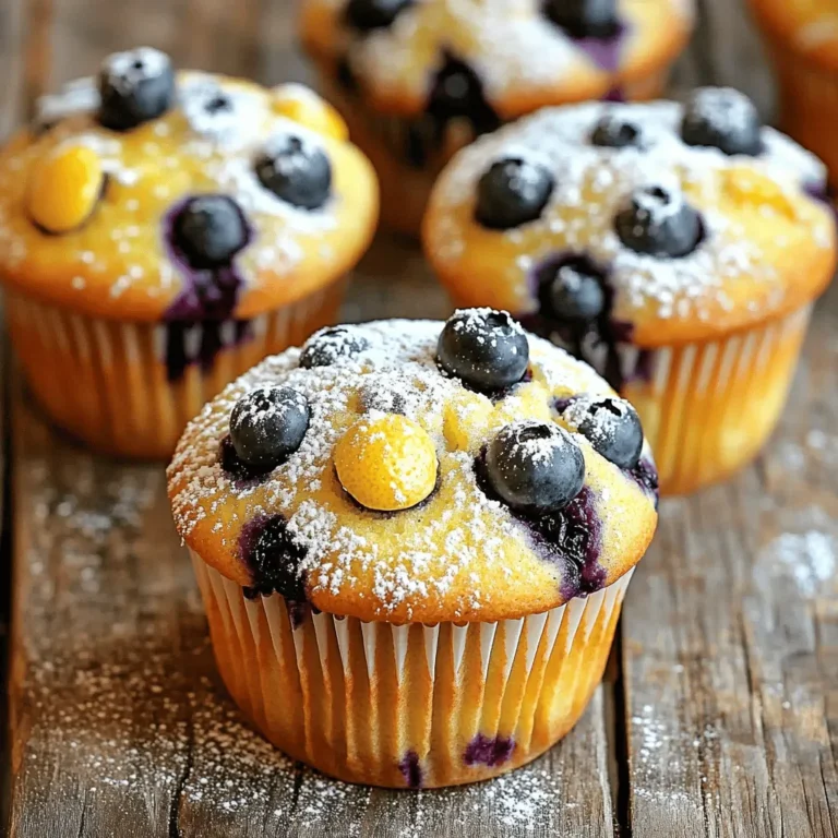 - 1 ½ cups all-purpose flour - ½ cup granulated sugar - ½ teaspoon baking powder - ½ teaspoon baking soda - ¼ teaspoon salt - 1 large egg - ½ cup plain Greek yogurt - ¼ cup vegetable oil - 2 tablespoons fresh lemon juice - Zest of 1 lemon - 1 cup fresh blueberries (or frozen, if needed) - Optional: powdered sugar for dusting Making these lemon blueberry muffins is simple. You can start with your dry ingredients. Mix the flour, sugar, baking powder, baking soda, and salt in a bowl. This will create a nice base for your muffins. Next, gather your wet ingredients. Crack the egg into a bowl. Add the Greek yogurt, vegetable oil, fresh lemon juice, and lemon zest. This mix adds moisture and flavor. Now, don't forget about the blueberries! You can use fresh or frozen ones. If you use frozen, remember they can add a bit of juice. This juice can make your muffins extra moist. I love to dust my muffins with powdered sugar for a sweet touch. It makes them look pretty, too! You can find the full recipe at the beginning of this article. Enjoy making these delightful treats! 1. Preheat your oven to 375°F (190°C). 2. Line a 12-cup muffin tin with paper liners or lightly grease it. 3. In a mixing bowl, combine the dry ingredients: - 1 ½ cups all-purpose flour - ½ cup granulated sugar - ½ teaspoon baking powder - ½ teaspoon baking soda - ¼ teaspoon salt 4. In another bowl, whisk the wet ingredients: - 1 large egg - ½ cup plain Greek yogurt - ¼ cup vegetable oil - 2 tablespoons fresh lemon juice - Zest of 1 lemon 5. Mix until smooth. 6. Gradually stir the wet ingredients into the dry ingredients. 7. Be careful! Do not overmix; a few lumps are okay. 8. Gently fold in the blueberries. 9. Divide the batter evenly among the muffin cups, filling each about ¾ full. 10. Bake for 18-20 minutes. Check with a toothpick; it should come out clean. 11. Let the muffins cool in the tin for 5 minutes. 12. Transfer them to a wire rack to cool completely. 13. Optionally, dust them with powdered sugar before serving for extra sweetness! Now you are ready to enjoy these lemon blueberry muffins! For the full recipe, refer back to the ingredients section. To get the best texture in your lemon blueberry muffins, avoid overmixing the batter. When you mix too much, your muffins can become tough. Stir just until the dry and wet ingredients combine. It’s okay if there are some lumps. Also, use room temperature ingredients. This helps your muffins rise well and bake evenly. Want to boost the flavor? Try adding lemon zest. It makes your muffins taste fresh and bright. You can also add a splash of vanilla or almond extract for extra depth. Just a small amount can make a big difference in taste! For a lovely finish, dust your muffins with powdered sugar. This adds a sweet touch that looks great. Serve your muffins warm with tea or coffee. They are perfect for breakfast or a snack. Enjoy them fresh for the best taste! For the complete process, check the Full Recipe. {{image_2}} When it comes to lemon blueberry muffins, you can get creative with variations. Here are some fun ideas to try. You can swap out blueberries for other fruits. Raspberries and strawberries work great. Just replace the blueberries with the same amount of your chosen fruit. You can also mix berries together. A combination of blueberries, raspberries, and strawberries adds a colorful twist. If you need gluten-free muffins, use almond flour or a gluten-free blend. This way, you can enjoy the same tasty muffins without gluten. For vegan options, replace the egg with a flax egg or applesauce. You can also use plant-based yogurt instead of Greek yogurt. These swaps keep the muffins soft and moist. Want to change the flavor? Try making lemon poppy seed muffins. Just add a few tablespoons of poppy seeds to the batter. You can also fold in shredded coconut or chopped nuts. These additions give your muffins extra flavor and texture. Feel free to explore these variations. They can make your lemon blueberry muffins even more delightful. For the full recipe, check the link above! To keep your lemon blueberry muffins fresh, let them cool completely before storage. This step helps prevent sogginess. Once cool, place the muffins in an airtight container. This keeps moisture out and preserves their taste. If you want to enjoy your muffins later, freezing is a great option. Wrap each muffin tightly in plastic wrap or aluminum foil. Then, place them in a freezer-safe bag or container. When you're ready to eat, simply thaw them at room temperature. For the best taste, reheat in the oven at 350°F for about 10 minutes. This warms them up and restores their soft texture. Lemon blueberry muffins can stay fresh for about 3 to 5 days at room temperature. If stored in the fridge, they last about a week. Always check for signs of spoilage, such as mold or an off smell. If you see or smell anything unusual, it’s best to toss them out. Enjoy your baking experience with my Full Recipe for the best lemon blueberry muffins! Yes, you can use frozen blueberries. They work well in muffins. Just make sure to rinse and dry them first. This helps reduce the extra juice they release. Fold them gently into the batter. This way, they won’t break apart too much. To change the number of muffins, you can scale the recipe. If you want 6 muffins, use half of each ingredient. For 24 muffins, double the amounts. It’s easy! Just keep the same ratios. This makes it simple to serve any group size. Flat muffins can happen for a few reasons. First, check if your baking powder and baking soda are fresh. Old leavening agents won’t work well. Also, avoid overmixing the batter. That can lead to dense muffins. Lastly, ensure your oven is preheated correctly. Greek yogurt adds moisture and tang to the muffins. If you don’t have it, you can use sour cream or regular yogurt. Both work fine, but they won’t give the same flavor. Greek yogurt helps keep the muffins tender and soft. For the best result, I suggest sticking with it. You can find the full recipe [here](#). This blog post covered key ingredients and simple steps to create delicious muffins. You learned about dry and wet ingredients, along with helpful tips for perfect texture and flavor. I shared variations to suit your taste and dietary needs. Remember, these muffins are easy to store and freeze for later. Enjoy baking and experimenting with flavors. Your kitchen will smell great, and your muffins will taste amazing!