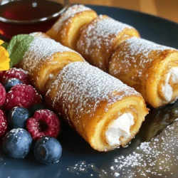 To make French toast roll-ups, gather these main items: - 8 slices of white bread - 4 ounces cream cheese, softened - 1/4 cup powdered sugar - 1 teaspoon vanilla extract - 2 large eggs - 1/4 cup milk - 1 teaspoon cinnamon - 1 tablespoon butter (for cooking) These ingredients create a creamy filling and a fluffy outer layer. The white bread is soft and perfect for rolling. Cream cheese gives a rich taste, while powdered sugar adds sweetness. The vanilla extract brings a lovely aroma. Eggs and milk create a custard mix for dipping. You can add fun extras to your roll-ups. Consider these ideas: - Fresh fruit (like strawberries or bananas) - Nutella or chocolate spread - Peanut butter - Chopped nuts (like walnuts or almonds) - Whipped cream These add-ins can change the flavors. You can also top your roll-ups with: - Extra powdered sugar - Maple syrup - Honey - Chocolate sauce These toppings make each bite even more special. Pair your French toast roll-ups with tasty sides. Here are some great options: - Fresh berries (strawberries, blueberries, or raspberries) - Yogurt (plain or flavored) - Bacon or sausage for a savory touch - A glass of fresh juice or milk These sides balance the sweetness of the roll-ups. They also add color and nutrition to your breakfast plate. For the full recipe, check out the [Full Recipe]. To start, gather your cream cheese, powdered sugar, and vanilla extract. In a bowl, combine 4 ounces of softened cream cheese with 1/4 cup of powdered sugar and 1 teaspoon of vanilla extract. Mix well until the texture is smooth. This sweet cream cheese filling adds a rich taste to your roll-ups. Next, take 8 slices of white bread and cut off the crusts. This helps make the bread easier to roll. Spread about 1 tablespoon of the cream cheese mixture on each slice of bread. Carefully roll up each slice tightly. This keeps the filling inside. Repeat until you finish all the slices. Now, whisk together 2 large eggs, 1/4 cup milk, and 1 teaspoon cinnamon in a shallow bowl. Heat a skillet over medium heat and add 1 tablespoon of butter. Dip each roll-up in the egg mixture, making sure it is fully coated. Allow any extra mixture to drip off. Place the roll-ups seam-side down in the skillet. Cook for 2-3 minutes, turning occasionally, until they are golden brown on all sides. After cooking, let them cool slightly before serving. You can dust them with powdered sugar and serve with warm maple syrup and fresh berries on the side. For the full recipe, check out the details above. To get the best texture for your French toast roll-ups, use fresh bread. I prefer white bread, as it rolls easily. Trim the crusts off first so they don’t poke through. The softness helps the roll-ups cook evenly. Spread the cream cheese mix thick but not too much. A tablespoon per slice works well. This keeps them from bursting while cooking. Heat your skillet to medium, not high. If it’s too hot, the outside burns while the inside stays cold. Add a tablespoon of butter before cooking each batch. This prevents sticking and adds flavor. Roll each piece in the egg mixture fully. Let any extra drip off before placing them seam-side down in the pan. Turn them gently to get a nice golden color on all sides. Serve your roll-ups with warm maple syrup and fresh berries. They add a sweet touch and a pop of color. You can also dust them with powdered sugar for a nice finish. If you want a twist, try adding a dollop of whipped cream on top. For a fun option, serve with chocolate sauce for dipping. Explore these choices to make your breakfast even more exciting. For a full recipe, check out the details above. {{image_2}} You can have fun with different fillings in your French toast roll-ups. Instead of cream cheese, try using Nutella or peanut butter. You can also fill them with fruits like sliced bananas or strawberries. Another idea is to mix cream cheese with lemon zest for a citrus twist. Each filling gives a new taste and makes breakfast exciting. Adding spices can change the whole flavor of your roll-ups. Along with cinnamon, try nutmeg for a warm taste. You can also mix in some cocoa powder for a chocolatey flavor. If you want a bit of zing, add a touch of ginger. These small changes can make your breakfast feel fresh and new. Toppings can really enhance your French toast roll-ups. You might sprinkle powdered sugar on top for sweetness. Drizzling maple syrup is always a classic choice. For something different, use chocolate or caramel sauce. You can also add fresh berries or whipped cream for extra fun. These toppings not only taste great but also make your dish look beautiful. For the complete recipe, check out the Full Recipe section above. To keep your leftover French toast roll-ups fresh, place them in an airtight container. Make sure they have cooled to room temperature first. Store them in the fridge for up to three days. If you want to keep them longer, freezing is a good option. Just remember, the sooner you store them, the better they will taste later. When you're ready to enjoy the roll-ups again, take them out of the fridge. You can reheat them in the oven or microwave. For the oven, preheat it to 350°F (175°C). Place the roll-ups on a baking sheet and heat for about 10 minutes. If using the microwave, heat them for 20 to 30 seconds. Check to see if they're warm enough. You want them soft but not soggy! If you have more roll-ups than you can eat, freezing is easy. Wrap each roll-up in plastic wrap. Then, place them in a freezer-safe bag or container. This way, they won’t get freezer burn. They will last for up to two months. When you're ready to eat them again, thaw them in the fridge overnight. Then, follow the reheating instructions to enjoy them warm and delicious. For the full recipe, check out the steps above! You can use gluten-free bread for this recipe. Many stores sell it now. Look for a brand that you enjoy. Check the texture to ensure it rolls well. Follow the same steps as the original recipe. You will still get that tasty flavor! You can use several types of bread. Challah or brioche adds a rich taste. Whole wheat bread gives a nutty flavor. Even sourdough works well. Just ensure the bread is soft enough to roll. Each type gives a unique twist to your French toast roll-ups! Yes, you can make the filling in advance. Store it in an airtight container in the fridge. It will stay fresh for about three days. This saves time when you're ready to cook. Just stir it well before using. Enjoy the ease of a quick breakfast! French toast roll-ups are fun and easy to make. We covered the key ingredients, from cream cheese to optional toppings. I shared step-by-step instructions to help you roll and cook them perfectly. With tips for great texture and even cooking, you'll impress anyone who tries them. Explore variations for different fillings and flavors, too. Don't forget how to store leftovers or reheat them easily. Get creative with your roll-ups, and enjoy this tasty treat any time!