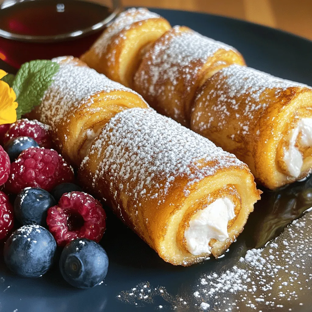 To make French toast roll-ups, gather these main items: - 8 slices of white bread - 4 ounces cream cheese, softened - 1/4 cup powdered sugar - 1 teaspoon vanilla extract - 2 large eggs - 1/4 cup milk - 1 teaspoon cinnamon - 1 tablespoon butter (for cooking) These ingredients create a creamy filling and a fluffy outer layer. The white bread is soft and perfect for rolling. Cream cheese gives a rich taste, while powdered sugar adds sweetness. The vanilla extract brings a lovely aroma. Eggs and milk create a custard mix for dipping. You can add fun extras to your roll-ups. Consider these ideas: - Fresh fruit (like strawberries or bananas) - Nutella or chocolate spread - Peanut butter - Chopped nuts (like walnuts or almonds) - Whipped cream These add-ins can change the flavors. You can also top your roll-ups with: - Extra powdered sugar - Maple syrup - Honey - Chocolate sauce These toppings make each bite even more special. Pair your French toast roll-ups with tasty sides. Here are some great options: - Fresh berries (strawberries, blueberries, or raspberries) - Yogurt (plain or flavored) - Bacon or sausage for a savory touch - A glass of fresh juice or milk These sides balance the sweetness of the roll-ups. They also add color and nutrition to your breakfast plate. For the full recipe, check out the [Full Recipe]. To start, gather your cream cheese, powdered sugar, and vanilla extract. In a bowl, combine 4 ounces of softened cream cheese with 1/4 cup of powdered sugar and 1 teaspoon of vanilla extract. Mix well until the texture is smooth. This sweet cream cheese filling adds a rich taste to your roll-ups. Next, take 8 slices of white bread and cut off the crusts. This helps make the bread easier to roll. Spread about 1 tablespoon of the cream cheese mixture on each slice of bread. Carefully roll up each slice tightly. This keeps the filling inside. Repeat until you finish all the slices. Now, whisk together 2 large eggs, 1/4 cup milk, and 1 teaspoon cinnamon in a shallow bowl. Heat a skillet over medium heat and add 1 tablespoon of butter. Dip each roll-up in the egg mixture, making sure it is fully coated. Allow any extra mixture to drip off. Place the roll-ups seam-side down in the skillet. Cook for 2-3 minutes, turning occasionally, until they are golden brown on all sides. After cooking, let them cool slightly before serving. You can dust them with powdered sugar and serve with warm maple syrup and fresh berries on the side. For the full recipe, check out the details above. To get the best texture for your French toast roll-ups, use fresh bread. I prefer white bread, as it rolls easily. Trim the crusts off first so they don’t poke through. The softness helps the roll-ups cook evenly. Spread the cream cheese mix thick but not too much. A tablespoon per slice works well. This keeps them from bursting while cooking. Heat your skillet to medium, not high. If it’s too hot, the outside burns while the inside stays cold. Add a tablespoon of butter before cooking each batch. This prevents sticking and adds flavor. Roll each piece in the egg mixture fully. Let any extra drip off before placing them seam-side down in the pan. Turn them gently to get a nice golden color on all sides. Serve your roll-ups with warm maple syrup and fresh berries. They add a sweet touch and a pop of color. You can also dust them with powdered sugar for a nice finish. If you want a twist, try adding a dollop of whipped cream on top. For a fun option, serve with chocolate sauce for dipping. Explore these choices to make your breakfast even more exciting. For a full recipe, check out the details above. {{image_2}} You can have fun with different fillings in your French toast roll-ups. Instead of cream cheese, try using Nutella or peanut butter. You can also fill them with fruits like sliced bananas or strawberries. Another idea is to mix cream cheese with lemon zest for a citrus twist. Each filling gives a new taste and makes breakfast exciting. Adding spices can change the whole flavor of your roll-ups. Along with cinnamon, try nutmeg for a warm taste. You can also mix in some cocoa powder for a chocolatey flavor. If you want a bit of zing, add a touch of ginger. These small changes can make your breakfast feel fresh and new. Toppings can really enhance your French toast roll-ups. You might sprinkle powdered sugar on top for sweetness. Drizzling maple syrup is always a classic choice. For something different, use chocolate or caramel sauce. You can also add fresh berries or whipped cream for extra fun. These toppings not only taste great but also make your dish look beautiful. For the complete recipe, check out the Full Recipe section above. To keep your leftover French toast roll-ups fresh, place them in an airtight container. Make sure they have cooled to room temperature first. Store them in the fridge for up to three days. If you want to keep them longer, freezing is a good option. Just remember, the sooner you store them, the better they will taste later. When you're ready to enjoy the roll-ups again, take them out of the fridge. You can reheat them in the oven or microwave. For the oven, preheat it to 350°F (175°C). Place the roll-ups on a baking sheet and heat for about 10 minutes. If using the microwave, heat them for 20 to 30 seconds. Check to see if they're warm enough. You want them soft but not soggy! If you have more roll-ups than you can eat, freezing is easy. Wrap each roll-up in plastic wrap. Then, place them in a freezer-safe bag or container. This way, they won’t get freezer burn. They will last for up to two months. When you're ready to eat them again, thaw them in the fridge overnight. Then, follow the reheating instructions to enjoy them warm and delicious. For the full recipe, check out the steps above! You can use gluten-free bread for this recipe. Many stores sell it now. Look for a brand that you enjoy. Check the texture to ensure it rolls well. Follow the same steps as the original recipe. You will still get that tasty flavor! You can use several types of bread. Challah or brioche adds a rich taste. Whole wheat bread gives a nutty flavor. Even sourdough works well. Just ensure the bread is soft enough to roll. Each type gives a unique twist to your French toast roll-ups! Yes, you can make the filling in advance. Store it in an airtight container in the fridge. It will stay fresh for about three days. This saves time when you're ready to cook. Just stir it well before using. Enjoy the ease of a quick breakfast! French toast roll-ups are fun and easy to make. We covered the key ingredients, from cream cheese to optional toppings. I shared step-by-step instructions to help you roll and cook them perfectly. With tips for great texture and even cooking, you'll impress anyone who tries them. Explore variations for different fillings and flavors, too. Don't forget how to store leftovers or reheat them easily. Get creative with your roll-ups, and enjoy this tasty treat any time!