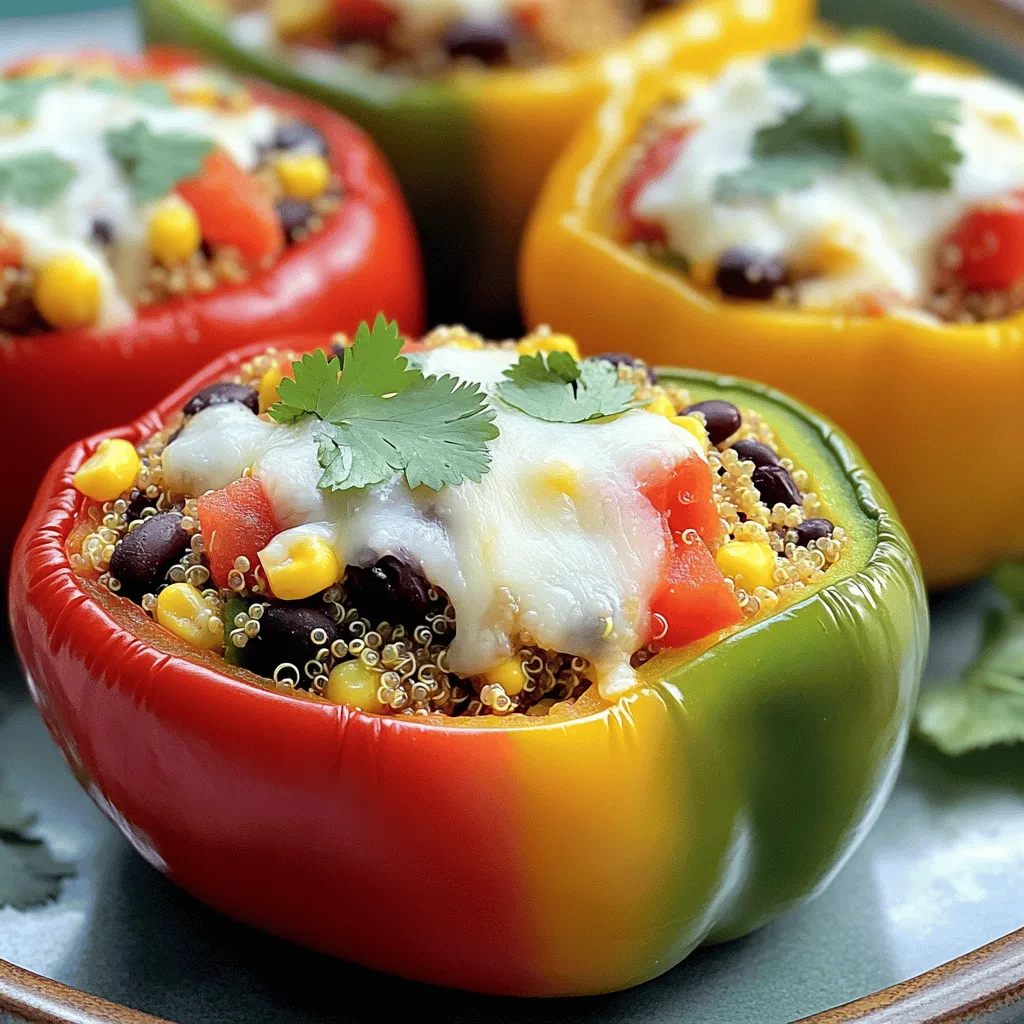 - 4 large bell peppers (any color) - 1 cup quinoa, rinsed - 2 cups vegetable broth - 1 cup black beans, drained and rinsed - 1 cup corn (fresh or frozen) - 1 medium onion, diced - 2 cloves garlic, minced - 1 teaspoon cumin - 1 teaspoon chili powder - 1 teaspoon smoked paprika - 1 cup diced tomatoes (canned or fresh) - 1 cup shredded cheese (cheddar or a blend) - Salt and pepper to taste - Fresh cilantro, for garnish These ingredients come together to create a colorful and tasty dish. The bell peppers are the stars, bringing a pop of color to your plate. Quinoa adds a delicious texture while being packed with protein. Black beans and corn give a nice crunch and sweetness. The spices elevate the dish with warm and smoky flavors. Once I gather these items, I feel excited about the cooking process. The fresh cilantro at the end not only adds a great flavor but also makes the dish look stunning. This recipe is not just about eating; it's about enjoying the vibrant colors and flavors. You can find the full recipe in the section above. - Preheat oven to 375°F (190°C). - Cut tops off and remove seeds/membranes. Start by prepping your bell peppers. The tops come off easily with a sharp knife. After that, scoop out the seeds and any white membranes inside. This part is key because it allows the filling to shine. Set the cleaned peppers aside as you move on to the next steps. - Bring vegetable broth to a boil. - Add rinsed quinoa, reduce heat, cover, and simmer for 15 minutes. Next, grab a medium saucepan. Pour in the vegetable broth and bring it to a boil. Rinse your quinoa well before adding it to the broth. This step removes the bitter taste. Once you add the quinoa, lower the heat, cover, and let it simmer for about 15 minutes. The quinoa will absorb the broth and become fluffy. - Sauté diced onion in olive oil until translucent. - Add garlic and spices; cook until fragrant. While the quinoa cooks, heat a splash of olive oil in a skillet. Toss in your diced onion and sauté it until it turns translucent. This usually takes four to five minutes. Next, add minced garlic and your spices: cumin, chili powder, and smoked paprika. Stir this mixture for about a minute to bring out the flavors. The aroma will fill your kitchen and make your mouth water. - Combine black beans, corn, tomatoes, and cooked quinoa in the skillet. - Mix until heated through and well combined. Now, it’s time to combine all the filling ingredients. Add black beans, corn, and diced tomatoes to the skillet. Then, mix in the cooked quinoa. Stir everything together until it is heated through. You want all the flavors to blend well, making each bite delicious. - Generously fill each bell pepper with the quinoa mixture. - Place peppers upright in a baking dish. Take your cooked filling and start stuffing the peppers. Make sure to pack the filling in lightly but generously. Place each stuffed pepper upright in a baking dish. This helps them cook evenly and hold their shape while baking. - Sprinkle cheese on top. - Cover with foil and bake for 25 minutes, then uncovered for an additional 10-15 minutes. Finally, sprinkle your choice of shredded cheese on top of each stuffed pepper. This step adds a creamy, melty finish! Cover the baking dish with foil to keep moisture in. Bake for 25 minutes. After that, remove the foil and let them bake for another 10 to 15 minutes. You’ll see the cheese bubble and turn golden, while the peppers become tender. This recipe is a vibrant and healthy treat. For the complete instructions, refer to the Full Recipe. Enjoy your flavorful stuffed bell peppers! To get the best quinoa, rinse it before cooking. Rinsing removes a bitter coating called saponin. This simple step makes a big difference in taste. Next, use vegetable broth instead of water. This adds extra flavor to the quinoa. You will notice the rich taste when you bite into the stuffed peppers. Want to spice up your stuffed peppers? Add chopped jalapeños for some heat. The heat balances well with the sweetness of the peppers. You can also mix in fresh herbs like parsley or basil. These herbs brighten the dish and add freshness. Don’t be shy! Experiment with flavors that you love. Serve your stuffed peppers with a drizzle of avocado crema or sour cream. This adds a creamy texture that complements the filling. You can also pair the peppers with a side salad. A fresh salad makes this meal complete and colorful. Enjoy your colorful quinoa-stuffed bell peppers! For a full recipe, check out the [Full Recipe]. {{image_2}} You can change the filling to suit your taste. Instead of black beans, try lentils or chickpeas. They offer a similar texture and taste. For meat lovers, add ground turkey or beef to the mix. Cook the meat before adding it to the filling. This adds flavor and protein to your dish. If you want to keep it vegan, simply leave out the cheese. You can also use dairy-free cheese alternatives. Nutritional yeast is a great choice too. It gives a cheesy flavor without any dairy. Sprinkle it on top for extra taste. Quinoa is a fantastic base, but you can switch it up. Use rice instead, whether it's white, brown, or wild. Each type brings its own flavor. Bulgur or farro are also great choices for a different bite. These grains add variety and keep your meal exciting. Store any leftover stuffed bell peppers in an airtight container. They will stay fresh in the fridge for up to 3 days. This keeps the flavors intact and the peppers crisp. To freeze, wrap each stuffed pepper in foil. This helps prevent freezer burn. You can keep them in the freezer for up to 3 months. When you're ready to eat, thaw them overnight in the fridge. Then, reheat them in the oven for the best taste and texture. For reheating, cover the stuffed peppers with foil to keep them from drying out. Bake in the oven at 350°F (175°C) until heated through. If you're in a hurry, use the microwave for quick servings. Just remember that the oven gives better results! Bake for a total of 35-40 minutes (25 minutes covered, 10-15 uncovered). Yes, frozen bell peppers can be used but may require additional cooking time. These peppers pair well with a side salad, garlic bread, or quinoa pilaf. Add diced jalapeños, crushed red pepper flakes, or a dash of hot sauce. Yes, they are great for meal prep; just store in the fridge or freezer accordingly. For the full recipe, check the section above. Stuffed bell peppers provide a simple, tasty meal. You learned about key ingredients like quinoa, black beans, and spices. I shared step-by-step instructions to help you cook them perfectly. The tips and variations offer ways to customize your peppers. You can easily store leftovers and even meal prep. Consider this recipe your go-to for healthy meals! Enjoy each bite while exploring different styles. Your kitchen adventures are about to get even better!