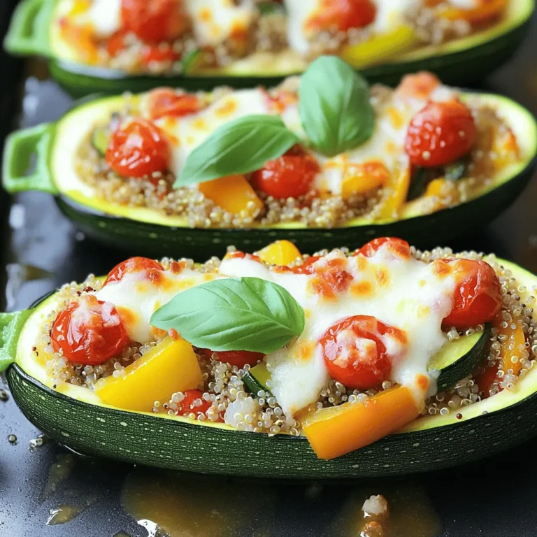 - Medium zucchinis - Cherry tomatoes - Bell pepper - Onion - Garlic - Fresh basil - Cooked quinoa - Dried oregano - Smoked paprika - Shredded mozzarella cheese - Olive oil - Salt and pepper - Dairy-free cheese alternatives - Extra herbs for garnish When making vegetarian stuffed zucchini, gather these ingredients first. Start with medium zucchinis. They should be firm and bright. Next, grab some cherry tomatoes. Their sweetness adds a nice touch. Don’t forget the bell pepper for crunch and color. You’ll also need an onion and garlic for flavor. Fresh basil gives a lovely finish to the dish. For pantry items, have cooked quinoa ready. It adds protein and helps fill the boats. Dried oregano and smoked paprika will provide depth and warmth. Choose shredded mozzarella cheese for that gooey texture. Olive oil adds richness while salt and pepper enhance all the flavors. If you want to get creative, consider adding dairy-free cheese on top. Extra herbs can also make a beautiful garnish. This recipe is flexible. You can mix and match based on your pantry. For the full recipe, follow the steps carefully to make sure every bite is just right. 1. Preheat your oven to 375°F (190°C). This helps cook the zucchinis evenly. 2. Prepare a baking sheet lined with parchment paper. This makes cleanup easy later. 3. Slice each zucchini in half lengthwise. Be careful with the knife! 4. Scoop out the flesh using a spoon. Leave a small edge to hold the stuffing. Set the flesh aside. 1. In a medium skillet, heat one tablespoon of olive oil over medium heat. It helps to make the filling rich. 2. Add the diced onion and minced garlic to the skillet. Sauté them until the onion turns clear, about 3-4 minutes. 3. Next, add the finely chopped zucchini flesh, bell pepper, and halved cherry tomatoes. Stir well. 4. Sprinkle in the dried oregano and smoked paprika. Cook until the veggies are soft, about 5-6 minutes. Add salt and pepper to taste. 1. In a large bowl, mix the cooked quinoa with the vegetable filling. Stir in half of the shredded mozzarella cheese. 2. Stuff each zucchini boat with the quinoa mixture. Make sure to pack it in well. 3. Place the stuffed zucchinis on the prepared baking sheet. 4. Sprinkle the remaining mozzarella cheese on top of each zucchini. 5. Bake in the preheated oven for 20-25 minutes. Look for the zucchinis to be soft and the cheese to bubble and turn golden. 6. Remove from the oven and let cool for a few minutes. Garnish with fresh basil leaves for a pop of flavor. This recipe for cheesy quinoa-stuffed zucchini boats is a great way to enjoy a healthy meal. You can find the full recipe with all the details above. How to choose the right zucchini When picking zucchini, look for ones that are firm and shiny. Avoid any that feel soft or have blemishes. A medium size is best for stuffing. This size gives enough room for filling while still being tender. Ensuring the perfect stuffing consistency To get the right texture, mix cooked quinoa with sautéed veggies. You want it to be moist but not too wet. If it’s too dry, add a splash of vegetable broth. If it’s too wet, add more quinoa or breadcrumbs to help absorb the extra moisture. Options for vegan cheese For a dairy-free option, try using cashew cheese or almond cheese. These alternatives melt well and add great flavor. Nutritional yeast is also a tasty choice that gives a cheesy taste without dairy. Creamy variations with additional ingredients To make your stuffing creamy, consider adding some cream cheese or Greek yogurt. You can mix in vegan cream cheese for a plant-based option. This will give your dish a rich texture that makes it even more delicious. Complementary side dishes Pair your stuffed zucchini with a simple green salad. A light vinaigrette adds freshness. Roasted vegetables or quinoa salad also work well. These sides balance the meal and add more nutrients. Ideal pairings with flavors For flavors, serve with a drizzle of balsamic glaze or a sprinkle of fresh herbs. Fresh basil or parsley enhances the taste. You can also add a bit of lemon juice for bright, zesty notes that elevate the dish. {{image_2}} You can change up the filling for your stuffed zucchini. One great idea is to add beans or lentils. They boost protein and fiber. You can use black beans, kidney beans, or chickpeas. These options make the dish heartier and more filling. Another option is to include different vegetables. Try mushrooms, spinach, or corn. You can even add some diced carrots for a touch of sweetness. Mixing in seasonal veggies can enhance the flavor and nutrition, making it even more delightful. Spices and herbs can take your stuffed zucchini to the next level. Try adding cumin for warmth or chili powder for a kick. Fresh herbs like parsley or cilantro can brighten the dish. Don’t shy away from experimenting with flavors. Each spice can change the taste and make it unique. Using different cheese varieties also adds depth. You can use feta for a tangy twist or goat cheese for creaminess. If you want a dairy-free option, there are many tasty vegan cheeses available. Each cheese can change the texture and flavor, making it a fun way to customize your meal. For gluten-free options, ensure your quinoa is certified gluten-free. Quinoa is naturally gluten-free and makes an excellent base. You can also swap rice or use gluten-free grains to keep it safe for all diets. If you're looking for low-carb variations, try using cauliflower rice instead of quinoa. Cauliflower rice is light and packed with nutrients. It’s a great way to keep the dish low in carbs while still enjoying the flavors. You won’t miss the quinoa at all! For the full recipe, check out the detailed steps to create these delicious vegetarian stuffed zucchinis. To keep your leftover stuffed zucchini fresh, store them in the fridge. Place the stuffed zucchinis in an airtight container. This helps lock in moisture and flavor. They can last up to three days in the fridge. For best results, use glass containers. They do not absorb odors and are easy to clean. If you prefer plastic, ensure it is BPA-free and safe for food storage. If you want to save some for later, freezing is a great option. First, let the stuffed zucchinis cool completely. Then, wrap each zucchini tightly in plastic wrap. Place them in a freezer-safe bag or container. This way, they can last up to three months in the freezer. When you're ready to enjoy them, thaw the zucchinis in the fridge overnight. This method helps them maintain their texture and flavor. To reheat your stuffed zucchinis, the oven is the best choice. Preheat your oven to 350°F (175°C). Place the zucchinis on a baking sheet. Cover them with foil to keep them moist. Heat for about 15-20 minutes or until warmed through. You can also use a microwave for quicker reheating. Place the zucchinis on a microwave-safe plate. Heat in short intervals of 1-2 minutes. Check them often to avoid overcooking. The oven gives a better texture, but the microwave is faster. Choose what works best for you. For a full recipe, check out the detailed instructions above. Can I prepare the stuffing in advance? Yes, you can prepare the stuffing ahead of time. Cook the quinoa and sauté the veggies as directed in the Full Recipe. Once cooled, store the stuffing in the fridge. When you are ready to cook, just stuff the zucchinis and bake them. This saves time and makes dinner easier. How do I know when the zucchini is cooked properly? Check the zucchini after 20-25 minutes in the oven. It should be tender but still hold its shape. The cheese on top should be bubbly and golden. If you can poke through it easily with a fork, your zucchini is ready to eat. What is the calorie count per serving? Each serving of stuffed zucchini has about 300 calories. This can vary based on the cheese and toppings you use. It is a filling dish that provides good nutrition while keeping calories in check. Are stuffed zucchinis healthy? Yes, stuffed zucchinis are healthy! They are low in calories and rich in vitamins. Zucchini is high in water and fiber, which helps you feel full. The quinoa adds protein and essential amino acids, making this dish both nutritious and satisfying. Can I make this recipe ahead of time? Absolutely! You can stuff the zucchinis in advance and keep them in the fridge. Just cover them with plastic wrap or foil. Bake them right before serving for a fresh taste. What to do if I don't have quinoa on hand? If you don’t have quinoa, you can use rice or couscous instead. Cook them according to package instructions. Both options will still give you a tasty stuffed zucchini dish. Just follow the rest of the Full Recipe as is. In this post, I covered how to make tasty vegetarian stuffed zucchinis using fresh and pantry ingredients. From preparation to baking and storage, you now have a complete guide. Consider trying different stuffing options or cheese alternatives to suit your taste. This dish is not just healthy; it’s also easy to adapt. Enjoy your cooking, and don’t hesitate to experiment. Your stuffed zucchinis will be a hit!