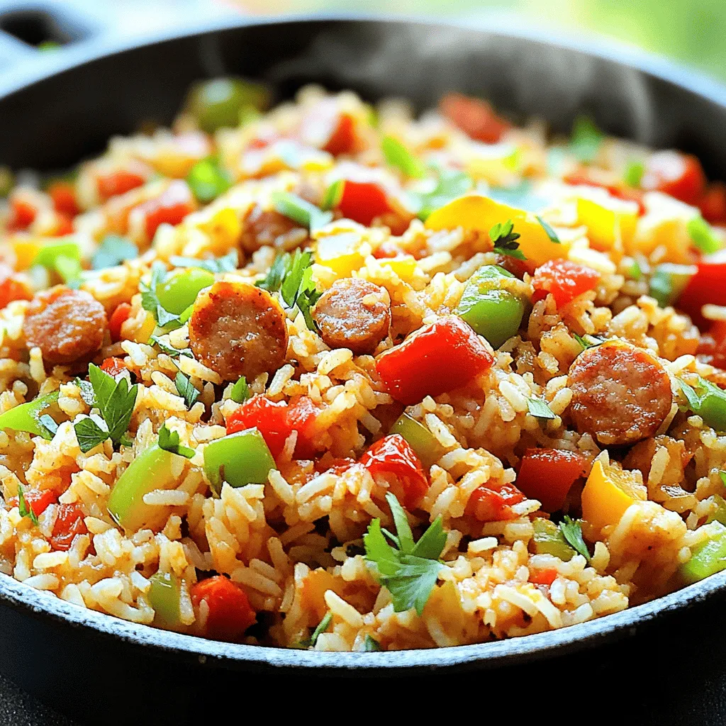 To create the perfect Cajun Rice Skillet, you need fresh and flavorful ingredients. Here’s what you will need: - 1 tablespoon olive oil - 1 medium onion, diced - 2 cloves garlic, minced - 1 red bell pepper, diced - 1 green bell pepper, diced - 1 cup diced smoked sausage (like Andouille) - 1 cup long-grain rice, rinsed - 2 cups chicken broth - 1 can (14.5 oz) diced tomatoes with green chilies - 1 tablespoon Cajun seasoning - 1 teaspoon paprika - 1/2 teaspoon cayenne pepper (optional for extra heat) - Salt and pepper to taste - 2 green onions, chopped (for garnish) - Fresh parsley, chopped (for garnish) These ingredients come together to create a warm and robust dish. The olive oil gives a nice base for cooking. The onion and garlic add a savory depth. Red and green bell peppers bring sweetness and color. The smoked sausage, especially Andouille, gives a rich, smoky flavor. Rinsing the rice helps remove excess starch, ensuring it cooks up fluffy. Chicken broth adds more flavor than water. Diced tomatoes with green chilies provide both moisture and a little heat. Cajun seasoning, paprika, and cayenne pepper (if you like spice) create that signature Cajun kick. Don’t forget the salt and pepper to enhance all these flavors. Finally, green onions and parsley add a fresh touch when you serve the dish. For the full recipe, check out the detailed steps on how to prepare this satisfying meal. 1. Heating the skillet and sautéing the onions Start by heating the olive oil in a large skillet over medium heat. Once hot, add the diced onion. Sauté for about 3 to 4 minutes until the onion turns soft and translucent. This step builds the flavor base for our dish. 2. Adding garlic and bell peppers Next, stir in the minced garlic and cook it for 1 minute. The aroma will fill your kitchen! Then, toss in the diced red and green bell peppers. Cook them for an additional 4 to 5 minutes until they soften and brighten in color. 3. Introducing smoked sausage Now, it’s time to add the diced smoked sausage. You can use Andouille for that classic Cajun flavor. Cook for about 5 minutes, stirring occasionally, until the sausage browns and releases its delicious juices. 1. Incorporating rice and toasting Add the rinsed long-grain rice into the skillet. Stir it well with the sausage and veggies. Toast the rice for about 2 minutes, allowing it to soak up all those wonderful flavors. 2. Adding liquids and seasonings Pour in the chicken broth and the can of diced tomatoes with green chilies. This will add depth to your dish. Then, sprinkle in the Cajun seasoning, paprika, cayenne pepper (if you like heat), and season with salt and pepper to taste. 3. Simmering the mixture Stir everything well and bring the mixture to a gentle simmer. Cover the skillet and let it cook for 20 to 25 minutes. The rice will absorb the liquid and become tender. 1. Resting the dish Once the rice is done, remove the skillet from heat. Let it sit, covered, for an additional 5 minutes. This resting time helps the flavors meld together. 2. Fluffing the rice After resting, take a fork and fluff the rice gently. This will make it light and airy, perfect for serving. 3. Garnishing before serving Finally, garnish your Cajun Rice Skillet with chopped green onions and fresh parsley. This adds a pop of color and freshness. Serve it hot, and enjoy your delicious meal! For the full recipe, check out the details above. - How to avoid mushy rice: Rinse the rice well before cooking. This removes excess starch. Use the right rice-to-liquid ratio. For long-grain rice, a 1:2 ratio works best. Keep an eye on the cooking time too. Overcooking will make it mushy. - Proper sautéing techniques for vegetables: Start with a hot skillet. Add olive oil and let it heat. Sauté the onion first until soft. Then add garlic for flavor. Next, toss in the bell peppers. Cook them until they are tender but still crisp. - Adjusting spice levels: Start with the Cajun seasoning amount in the recipe. If you like it spicier, add more cayenne pepper. You can also serve hot sauce on the side. This way, everyone can adjust to their taste. - Best pairings with Cajun Rice Skillet: Serve it with a fresh green salad. A simple vinaigrette adds great flavor. You can also pair it with crusty bread to soak up juices. - Creative serving styles: Present the Cajun Rice Skillet in the skillet itself. This gives a rustic look. Alternatively, use colorful plates for a vibrant touch. Garnish with green onions and parsley for more color. - Optional condiments and sides: Offer lime wedges for a zesty kick. You might also set out sour cream or yogurt. These can balance the heat of the dish. {{image_2}} You can change the meat in this dish easily. Try chicken, shrimp, or tofu for great taste. Each option brings a different flavor. Chicken is mild, shrimp is sweet, and tofu is hearty. You can also add more veggies. Corn gives sweetness, zucchini adds texture, and spinach offers nutrients. Mix and match to suit your taste. Each addition makes your dish unique. Changing the spices can create a new experience. You might swap Cajun seasoning for a BBQ blend or Italian herbs. Each mix adds its own twist to the dish. If you like heat, add hot sauce or spicy peppers. A dash of hot sauce can brighten flavors. Spicy peppers can kick up the heat. Adjust to your liking! For a one-pot version, use a large pot instead of a skillet. Just follow the same steps and let everything cook together. This makes cleanup quick and easy. You can also use a rice cooker or pressure cooker. For a rice cooker, just add all ingredients and let it run. For a pressure cooker, cook for about 10 minutes after sealing. Each method makes a tasty meal! For the [Full Recipe], check the earlier section! To store leftovers, let the Cajun Rice Skillet cool to room temperature. Then, place it in an airtight container. This helps keep the dish fresh longer. I recommend using glass containers with tight lids. They are sturdy and do not absorb odors. You can store it in the fridge for up to four days. When reheating, I suggest using the stovetop or microwave. For the stovetop, add a splash of water or broth to maintain moisture. Heat it over low to medium heat for about 5-10 minutes. Stir occasionally until hot. For the microwave, place the dish in a microwave-safe container. Heat it in 1-minute intervals. Stir between intervals until it is warm throughout. If you want to freeze the Cajun Rice Skillet, first cool it completely. Then, place it in a freezer-safe container. You can also use freezer bags for easy storage. Make sure to remove as much air as possible to prevent freezer burn. When ready to eat, thaw it in the fridge overnight. Reheat it on the stove or in the microwave. This way, you can keep the flavor fresh and tasty. What is Cajun seasoning, and how can I make my own? Cajun seasoning mixes bold spices. You can make it by combining: - 1 tablespoon paprika - 1 teaspoon onion powder - 1 teaspoon garlic powder - 1 teaspoon dried thyme - 1 teaspoon oregano - 1/2 teaspoon cayenne pepper - 1/2 teaspoon black pepper Mix these well and store in a jar. This spice blend adds warmth and flavor to your dishes. Can I make Cajun Rice Skillet in advance? Yes, you can prepare it ahead. Cook the dish as usual, then let it cool. Store it in an airtight container in the fridge. Reheat it on the stove or microwave before serving. What should I serve with Cajun Rice Skillet? This dish pairs well with: - A simple green salad - Cornbread - Garlic bread - Steamed vegetables These sides balance the spicy flavors and add freshness. How do I know when the rice is done? Check the rice after about 20 minutes. It should absorb all the liquid and be tender. If it’s still firm, cover it and cook for another 5 minutes. Can I use brown rice instead of white rice? Yes, but note that brown rice takes longer to cook. Increase the broth and cooking time. Use about 2.5 cups of broth and simmer for 30-35 minutes. Is it possible to make this dish vegetarian? Absolutely! Replace the smoked sausage with: - Tofu - Tempeh - Chickpeas Add extra veggies like zucchini or mushrooms for texture and flavor. What can I do if I have no smoked sausage? You can use any cooked meat, like chicken or shrimp. For a vegetarian option, use beans or lentils. These choices keep the dish hearty and tasty. In this post, we explored the delicious Cajun Rice Skillet. You learned about the key ingredients, step-by-step cooking instructions, and useful tips to make it perfect. We also discussed ingredient variations and storage methods for leftovers. Remember, this dish is versatile and easy to customize. Feel free to experiment with flavors and ingredients. Enjoy your cooking adventure and make it your own!