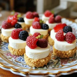 - 1 cup graham cracker crumbs - 4 oz cream cheese, softened - 1/2 cup powdered sugar - 1 teaspoon vanilla extract - 1 cup whipped cream or whipped topping - 1/4 cup fresh berries (strawberries, blueberries, or raspberries) - Pinch of salt - Mixing bowls - Hand mixer or whisk - Silicone molds or muffin tin - Spatula You can switch out powdered sugar for alternative sweeteners if you want. Use agave syrup or stevia as good options. For a dairy-free treat, try using plant-based cream cheese. These swaps will keep the taste great while meeting your needs. When you use these substitutes, remember to adjust the amounts to match your taste. This way, you still get those yummy no-bake cheesecake bites that everyone loves! For the complete recipe, check out the [Full Recipe]. To start, combine 1 cup of graham cracker crumbs and a pinch of salt in a bowl. Mix well. This base gives your cheesecake bites a nice crunch. Next, take this mixture and press it firmly into the bottom of mini silicone molds or a lined muffin tin. Make sure to pack it tightly. This step creates a solid and tasty foundation for your cheesecake bites. In another bowl, beat 4 ounces of softened cream cheese until it becomes smooth. This is key for a creamy texture. Gradually add 1/2 cup of powdered sugar and 1 teaspoon of vanilla extract. Mix until everything blends well. You want a sweet and rich cream cheese mixture that will be the star of these bites. Now it's time to bring everything together. Gently fold in 1 cup of whipped cream or whipped topping. This makes the mixture light and fluffy. Next, layer the cream cheese mixture over the crumb base in each mold, filling them to the top. Finally, add a few fresh berries on each bite for decoration. These will add color and taste. Cover with plastic wrap and refrigerate for at least 3-4 hours, or until set. After chilling, gently pop the cheesecake bites out of the molds. Place them on a serving platter for a delicious treat. For the full recipe, check out the details above. To get smooth cream cheese, take it out of the fridge first. Let it sit for 30 minutes so it warms up. This step helps it mix better. After softening, beat it until it is creamy. When folding in whipped cream, use a gentle touch. Start with a small amount of whipped cream. Mix it into the cream cheese mixture first. This helps lighten the texture. Then, add the rest of the whipped cream. Use a spatula and fold, not stir. This keeps your mixture airy. For a fun twist, drizzle berry sauce on top. You can make this by blending fresh berries with a bit of sugar. It adds a sweet and tangy flavor. Garnish each bite with mint leaves for a pop of color and freshness. These small touches impress guests. You can make these cheesecake bites ahead of time. After you assemble them, cover with plastic wrap. Refrigerate for at least 3-4 hours. This helps them set properly. You can store them for up to 3 days. Just remember to keep them covered. This keeps them fresh and tasty. For the complete recipe, check out the [Full Recipe]. {{image_2}} When it comes to no-bake cheesecake bites, the fun doesn’t stop at the basic recipe. You can customize the flavors and ingredients to make them your own. Here are some great ways to try different spins on these delightful treats. You can add lemon zest for a bright citrus twist. This zest gives a fresh taste that balances the creaminess. You can also use chocolate or caramel sauces for a rich flavor. Drizzle these sauces on top for a sweet touch. If you need gluten-free options, look for gluten-free graham crackers. They work just as well and keep the taste intact. For a vegan version, use nut-based creams instead of traditional cream cheese. This option is creamy and delicious, perfect for all. Seasonal fruits can take your cheesecake bites to the next level. In summer, add fresh peaches for a juicy bite. In fall, consider sliced apples or even pumpkin spice. Each season brings new flavors to explore. Feel free to play around with these ideas. Each variation opens up new tastes and fun in the kitchen. For a full recipe, check out the No-Bake Cheesecake Bites section. You should store no-bake cheesecake bites in the fridge. Use an airtight container to keep them fresh. They will taste best if eaten within three days. If you plan to serve them later, make sure they stay covered. This keeps the bites from drying out or absorbing other smells. You can freeze no-bake cheesecake bites for longer storage. First, place them in a single layer on a baking sheet. Freeze until solid, then transfer them to a freezer-safe container. They will keep well for up to two months. When you want to enjoy them, move them to the fridge overnight. This helps maintain their creamy texture. There is no need to heat these bites. They taste best served cold. Enjoy them straight from the fridge for a refreshing treat. No-bake cheesecake bites stay fresh for about 3 to 5 days in the fridge. Store them in an airtight container to keep them moist. After that, the texture may change. The bites might lose their creamy feel and taste. Always check for any signs of spoilage before enjoying them. Yes, you can use low-fat cream cheese. It cuts down on calories and fat. However, the flavor may be less rich. The texture might also be a bit lighter. If you want a more decadent taste, stick to regular cream cheese. If you need an alternative crust, try crushed cookies or nuts. Some good options are digestive biscuits or vanilla wafers. You can also use oats mixed with a bit of coconut oil. These swaps add unique flavors to your cheesecake bites. Just remember to adjust the sweetness if needed. In this blog post, we covered how to make delicious no-bake cheesecake bites. You learned about the required ingredients, handy tools, and easy steps for preparation. We shared tips for perfect texture and ways to customize flavors. Plus, we discussed storage and freezing tips to keep your treats fresh. These bites are simple and tasty. You can impress friends and family with your skills. Try different flavors and share them at gatherings. Enjoy your creative journey in the kitchen!
