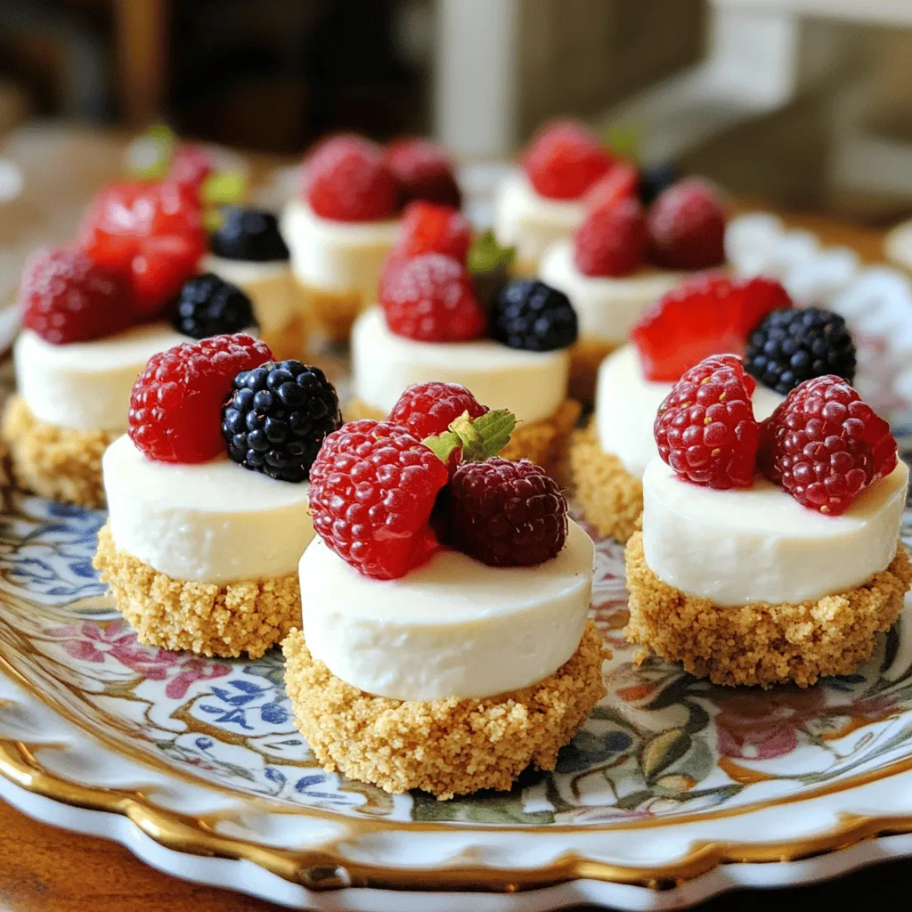 - 1 cup graham cracker crumbs - 4 oz cream cheese, softened - 1/2 cup powdered sugar - 1 teaspoon vanilla extract - 1 cup whipped cream or whipped topping - 1/4 cup fresh berries (strawberries, blueberries, or raspberries) - Pinch of salt - Mixing bowls - Hand mixer or whisk - Silicone molds or muffin tin - Spatula You can switch out powdered sugar for alternative sweeteners if you want. Use agave syrup or stevia as good options. For a dairy-free treat, try using plant-based cream cheese. These swaps will keep the taste great while meeting your needs. When you use these substitutes, remember to adjust the amounts to match your taste. This way, you still get those yummy no-bake cheesecake bites that everyone loves! For the complete recipe, check out the [Full Recipe]. To start, combine 1 cup of graham cracker crumbs and a pinch of salt in a bowl. Mix well. This base gives your cheesecake bites a nice crunch. Next, take this mixture and press it firmly into the bottom of mini silicone molds or a lined muffin tin. Make sure to pack it tightly. This step creates a solid and tasty foundation for your cheesecake bites. In another bowl, beat 4 ounces of softened cream cheese until it becomes smooth. This is key for a creamy texture. Gradually add 1/2 cup of powdered sugar and 1 teaspoon of vanilla extract. Mix until everything blends well. You want a sweet and rich cream cheese mixture that will be the star of these bites. Now it's time to bring everything together. Gently fold in 1 cup of whipped cream or whipped topping. This makes the mixture light and fluffy. Next, layer the cream cheese mixture over the crumb base in each mold, filling them to the top. Finally, add a few fresh berries on each bite for decoration. These will add color and taste. Cover with plastic wrap and refrigerate for at least 3-4 hours, or until set. After chilling, gently pop the cheesecake bites out of the molds. Place them on a serving platter for a delicious treat. For the full recipe, check out the details above. To get smooth cream cheese, take it out of the fridge first. Let it sit for 30 minutes so it warms up. This step helps it mix better. After softening, beat it until it is creamy. When folding in whipped cream, use a gentle touch. Start with a small amount of whipped cream. Mix it into the cream cheese mixture first. This helps lighten the texture. Then, add the rest of the whipped cream. Use a spatula and fold, not stir. This keeps your mixture airy. For a fun twist, drizzle berry sauce on top. You can make this by blending fresh berries with a bit of sugar. It adds a sweet and tangy flavor. Garnish each bite with mint leaves for a pop of color and freshness. These small touches impress guests. You can make these cheesecake bites ahead of time. After you assemble them, cover with plastic wrap. Refrigerate for at least 3-4 hours. This helps them set properly. You can store them for up to 3 days. Just remember to keep them covered. This keeps them fresh and tasty. For the complete recipe, check out the [Full Recipe]. {{image_2}} When it comes to no-bake cheesecake bites, the fun doesn’t stop at the basic recipe. You can customize the flavors and ingredients to make them your own. Here are some great ways to try different spins on these delightful treats. You can add lemon zest for a bright citrus twist. This zest gives a fresh taste that balances the creaminess. You can also use chocolate or caramel sauces for a rich flavor. Drizzle these sauces on top for a sweet touch. If you need gluten-free options, look for gluten-free graham crackers. They work just as well and keep the taste intact. For a vegan version, use nut-based creams instead of traditional cream cheese. This option is creamy and delicious, perfect for all. Seasonal fruits can take your cheesecake bites to the next level. In summer, add fresh peaches for a juicy bite. In fall, consider sliced apples or even pumpkin spice. Each season brings new flavors to explore. Feel free to play around with these ideas. Each variation opens up new tastes and fun in the kitchen. For a full recipe, check out the No-Bake Cheesecake Bites section. You should store no-bake cheesecake bites in the fridge. Use an airtight container to keep them fresh. They will taste best if eaten within three days. If you plan to serve them later, make sure they stay covered. This keeps the bites from drying out or absorbing other smells. You can freeze no-bake cheesecake bites for longer storage. First, place them in a single layer on a baking sheet. Freeze until solid, then transfer them to a freezer-safe container. They will keep well for up to two months. When you want to enjoy them, move them to the fridge overnight. This helps maintain their creamy texture. There is no need to heat these bites. They taste best served cold. Enjoy them straight from the fridge for a refreshing treat. No-bake cheesecake bites stay fresh for about 3 to 5 days in the fridge. Store them in an airtight container to keep them moist. After that, the texture may change. The bites might lose their creamy feel and taste. Always check for any signs of spoilage before enjoying them. Yes, you can use low-fat cream cheese. It cuts down on calories and fat. However, the flavor may be less rich. The texture might also be a bit lighter. If you want a more decadent taste, stick to regular cream cheese. If you need an alternative crust, try crushed cookies or nuts. Some good options are digestive biscuits or vanilla wafers. You can also use oats mixed with a bit of coconut oil. These swaps add unique flavors to your cheesecake bites. Just remember to adjust the sweetness if needed. In this blog post, we covered how to make delicious no-bake cheesecake bites. You learned about the required ingredients, handy tools, and easy steps for preparation. We shared tips for perfect texture and ways to customize flavors. Plus, we discussed storage and freezing tips to keep your treats fresh. These bites are simple and tasty. You can impress friends and family with your skills. Try different flavors and share them at gatherings. Enjoy your creative journey in the kitchen!