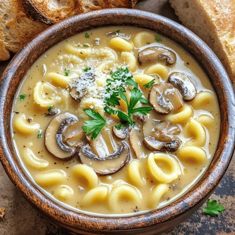 To make a rich and tasty creamy mushroom pasta soup, you need the following ingredients: - 8 ounces of small pasta (like ditalini or elbow) - 2 cups of sliced mushrooms (shiitake, cremini, or button) - 1 medium onion, diced - 2 cloves garlic, minced - 4 cups vegetable broth - 1 cup heavy cream (or coconut cream for a dairy-free option) - 2 tablespoons olive oil - 1 teaspoon dried thyme - 1 teaspoon Italian seasoning - Salt and pepper to taste - Fresh parsley, chopped for garnish These ingredients combine to create a warm, comforting meal. The mushrooms add depth, while the cream gives it a smooth texture. You can customize your soup with these optional ingredients: - Vegetables: Try adding spinach or kale for extra nutrients. - Herbs: Fresh basil or rosemary can add a nice touch. - Cheese: Grated parmesan can enhance the flavor. If you need to make substitutions, here are a few ideas: - Use gluten-free pasta to make it gluten-free. - Swap heavy cream for a plant-based cream to keep it dairy-free. - You can replace vegetable broth with chicken broth for a non-vegetarian option. Garnishes make your soup look and taste better. Here are some ideas: - Fresh chopped parsley adds color and flavor. - A sprinkle of grated parmesan cheese gives richness. - A drizzle of olive oil can enhance the taste. By using these ingredients and garnishes, your creamy mushroom pasta soup will be both rich and flavorful, perfect for any meal. You can check the Full Recipe for more details on preparation. First, gather all your ingredients. This makes cooking smooth and fun. You’ll need: - 8 ounces of small pasta (like ditalini or elbow) - 2 cups of sliced mushrooms (shiitake, cremini, or button) - 1 medium onion, diced - 2 cloves garlic, minced - 4 cups vegetable broth - 1 cup heavy cream (or coconut cream for a dairy-free option) - 2 tablespoons olive oil - 1 teaspoon dried thyme - 1 teaspoon Italian seasoning - Salt and pepper to taste - Fresh parsley, chopped for garnish Wash your mushrooms and slice them. Dice your onion and mince your garlic. Having everything ready helps you cook faster. Start by heating the olive oil in a large pot over medium heat. Once hot, add the diced onion. Sauté for about 3-4 minutes until it turns translucent. This step builds a great base flavor. Next, stir in the minced garlic and sliced mushrooms. Cook for an additional 5-7 minutes. You want the mushrooms to soften and release their moisture. This adds depth to your soup. Now season the mixture with dried thyme, Italian seasoning, salt, and pepper. Pour in the vegetable broth and bring it to a boil. This is where the magic starts! Once boiling, add the pasta. Cook it according to the package instructions until it’s al dente. This usually takes about 7-10 minutes. After the pasta is cooked, reduce the heat to low. Stir in the heavy cream. Let the soup simmer for another 5-10 minutes to thicken. Stir occasionally to keep it smooth. Before serving, taste the soup. Adjust the seasoning if needed. Then, ladle the soup into bowls. Garnish with fresh chopped parsley. This adds a nice pop of color and flavor. For a final touch, sprinkle some extra parsley and a few shavings of Parmesan cheese on top. Serve it with crusty bread for a complete meal. Enjoy your creamy mushroom pasta soup! For the full recipe, check the earlier section. To get the perfect creamy texture, use heavy cream or coconut cream. Start by adding the cream at the end. This keeps the soup rich and smooth. Also, simmer gently after adding the cream. This helps the flavors mix well without curdling. If you want a thicker soup, blend a small part of it. This makes it creamy while keeping some nice chunks. One common mistake is cooking the pasta too long. You want it al dente, so check the package time and taste. Another mistake is adding the cream too early. This can cause it to separate. Always season gradually. Taste as you go to avoid oversalting. Lastly, don’t skip the fresh parsley. It adds a fresh touch to the dish. A heavy-bottomed pot is best for even heat. It helps prevent sticking and burning. A wooden spoon works great for stirring. It’s sturdy and won’t scratch your pot. For serving, use a ladle. It makes serving the soup easy and neat. If you blend part of the soup, an immersion blender is perfect. It’s quick and keeps the soup warm. For detailed steps, check the Full Recipe. {{image_2}} You can easily make this soup vegetarian or vegan. For a vegetarian version, just use vegetable broth and heavy cream. If you want a vegan option, swap heavy cream for coconut cream. This change still keeps the soup rich and creamy. You can also add more veggies like spinach or kale for an extra boost of nutrients. Want to add protein? You can. Shredded chicken works great here. Cook the chicken in the pot before adding other ingredients. If you prefer plant-based protein, use firm tofu. Just cube it and add it with the mushrooms. This way, the tofu absorbs all the tasty flavors of the soup. The type of pasta you choose can change the soup's texture. Small pasta, like ditalini, blends well and absorbs flavor. If you want a heartier feel, try using larger pasta shapes. Just remember to cook it according to the package instructions. This ensures your pasta is perfectly tender without getting mushy. For the full recipe, check the details in the earlier section. After you enjoy your creamy mushroom pasta soup, let it cool. Once cooled, store the soup in an airtight container. Make sure to keep it in the fridge. It stays fresh for about three to four days. If you want to keep it longer, consider freezing it. Reheating is simple. You can use a pot or the microwave. If using a pot, pour the soup in and heat on medium. Stir often until hot. In the microwave, place the soup in a microwave-safe bowl. Heat in short bursts, stirring in between. This way, it heats evenly. Freezing your soup is a great option for later. Use freezer-safe containers or bags. Make sure to leave some space for expansion. Label the containers with the date. The soup can last up to three months in the freezer. When ready to eat, thaw it in the fridge overnight before reheating. Enjoy a warm bowl of creamy goodness anytime! For the full recipe, visit the earlier section. Yes, you can use dried mushrooms. They add great flavor. Soak them in warm water for about 20 minutes. After soaking, drain and chop them. Then, add them to the pot when you cook the onions. This way, you get a deep taste in your soup. To make this soup gluten-free, choose gluten-free pasta. Many brands offer great options. Make sure your vegetable broth is also gluten-free. Check the label to be sure. This way, you can enjoy your creamy mushroom pasta soup without worry. If you want a lighter option, use coconut cream. It gives a nice flavor and keeps it creamy. You can also use cashew cream. Just blend soaked cashews with water until smooth. This makes a great dairy-free alternative. For a lower-fat choice, try using whole milk or half-and-half. In this blog post, I shared how to make creamy mushroom pasta soup. We covered the main ingredients, optional swaps, and garnishes. I guided you through simple steps to prepare, cook, and serve this dish. You learned tips for the right texture and common mistakes to avoid. We explored tasty variations, storage methods, and answered key FAQs. Enjoy making this soup your own with creative twists. You'll love sharing it with family and friends.