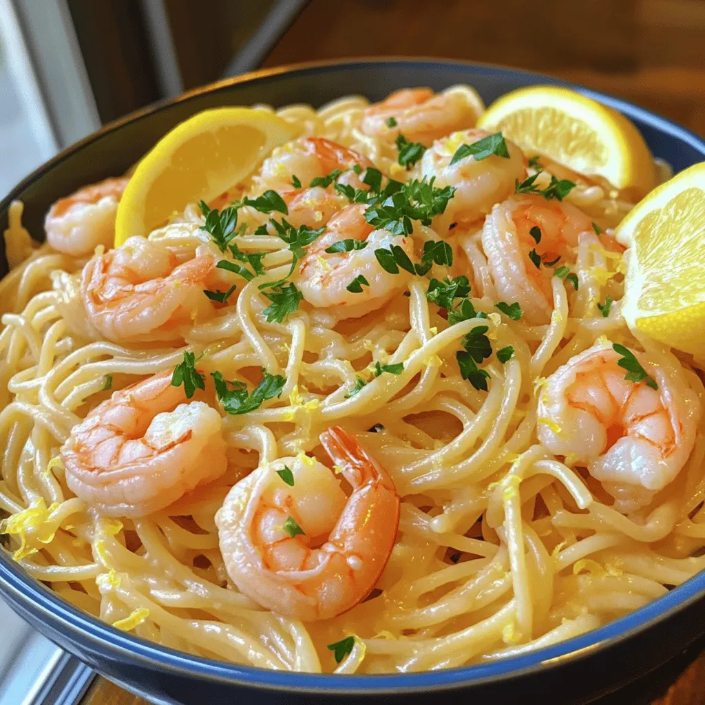Lemon spaghetti with shrimp is a bright, tasty dish. It combines fresh flavors with a creamy sauce. You can make this meal in just 20 minutes. It serves four people and is perfect for any night. To make this lemon spaghetti with shrimp, you will need: - 8 oz spaghetti - 1 lb large shrimp, peeled and deveined - 3 cloves garlic, minced - 1 lemon, zested and juiced - 1/4 cup olive oil - 1/4 cup heavy cream - 1/2 teaspoon red pepper flakes - Salt and pepper to taste - Fresh parsley, chopped (for garnish) - Grated Parmesan cheese (optional) This dish is not just delicious but also quite balanced. Here’s a quick look at what you get in one serving: - Calories: 450 - Protein: 28g - Carbohydrates: 40g - Total Fat: 20g - Fiber: 2g You can enjoy a meal that feels good and tastes even better. For the full recipe, check the details above. Start by gathering your ingredients. You need: - 8 oz spaghetti - 1 lb large shrimp, peeled and deveined - 3 cloves garlic, minced - 1 lemon, zested and juiced - 1/4 cup olive oil - 1/4 cup heavy cream - 1/2 teaspoon red pepper flakes - Salt and pepper to taste - Fresh parsley, chopped (for garnish) - Grated Parmesan cheese (optional) Make sure your shrimp is fresh. Check for any shells left on. Mince the garlic finely. Zest the lemon before juicing it. This zest adds a bright flavor. Fill a large pot with water. Add a good amount of salt. Bring it to a boil. Once boiling, add the spaghetti. Cook it according to the package instructions until it's al dente. This usually takes about 8-10 minutes. Before draining, reserve 1/2 cup of pasta water. This water is starchy and useful for adjusting the sauce later. Drain the spaghetti and set it aside. In a large skillet, heat the olive oil over medium heat. Add the minced garlic and red pepper flakes. Cook them for about 1-2 minutes until they smell great. Be careful not to let the garlic brown. Next, add the shrimp to the skillet. Season it with salt and pepper. Cook the shrimp for about 2-3 minutes on each side. When done, the shrimp should turn pink and opaque. Now, stir in the lemon juice and zest. Pour in the heavy cream. Mix everything well and let it simmer for 2-3 minutes. The sauce should thicken slightly. Finally, add the cooked spaghetti to the skillet. Toss the pasta to coat it in the lemon-shrimp sauce. If it looks dry, add some reserved pasta water until you reach the right consistency. Adjust seasoning with more salt, pepper, or lemon juice as needed. Serve the dish right away. Garnish with chopped parsley and Parmesan cheese if you like. You can find the full recipe for this dish in the earlier section. To get a great sauce, start with the right balance. Use olive oil and heavy cream. Olive oil adds depth, while cream gives a rich feel. If the sauce is too thick, add reserved pasta water bit by bit. This helps create a silky texture. Always stir well to combine all the flavors. Seasoning is key for flavor. I like to use salt, pepper, and lemon juice. Start with a pinch of salt and a dash of pepper. Taste as you go. If you want more zing, add lemon juice. The balance of salt and lemon is what makes this dish pop. Cooking shrimp takes just a few minutes. Heat your skillet and add shrimp. Cook them for about 2-3 minutes on each side. Look for that pink color; it tells you they are ready. Avoid overcooking, as shrimp can turn rubbery. Juicy, tender shrimp make this dish shine. For the complete recipe, check the Full Recipe section. {{image_2}} You can boost the flavor and color by adding vegetables. Try tossing in fresh spinach or cherry tomatoes. Both add taste and a healthy twist. Cook the spinach until it wilts. Add the tomatoes just before mixing in the pasta. You can also add zucchini or bell peppers for extra crunch. Simply sauté them with garlic before adding the shrimp. If shrimp isn't your thing, you have options. Chicken or scallops work well in this dish. Cut chicken into bite-sized pieces and cook them until golden. Scallops cook quickly, just like shrimp. Season them the same way. These proteins absorb the lemony flavor, making every bite delicious. For gluten-free lemon spaghetti, swap regular pasta for gluten-free pasta. There are many options available, like brown rice or chickpea pasta. They cook similarly, so follow the package instructions. The sauce is naturally gluten-free, so you won’t lose any flavor. Enjoy this dish without worry! For the full recipe, check out the details above! After you make Lemon Spaghetti with Shrimp, let it cool first. Then, store it in an airtight container. This keeps the dish fresh for up to three days. Always keep it in the fridge. The shrimp and pasta will taste best when eaten fresh, but you can enjoy leftovers. If you want to freeze it, use a freezer-safe container. You can freeze Lemon Spaghetti with Shrimp for up to two months. Make sure to cool it completely before freezing. It’s best to avoid freezing the shrimp if they are cooked, as they can become rubbery. To reheat, you can use the microwave or stovetop. If using the microwave, warm it in short bursts. Stir in between to heat evenly. If you choose the stovetop, add a splash of water or olive oil in a pan over low heat. Stir frequently until it’s hot. This will help keep the pasta from drying out. Enjoy your meal again! Making Lemon Spaghetti with Shrimp takes about 30 minutes. You spend 10 minutes prepping and 20 minutes cooking. This quick time makes it great for busy nights. You can enjoy a fresh, flavorful dish without a long wait. Yes, you can use frozen shrimp! Just remember to thaw them first. Place the shrimp in cold water for about 15-20 minutes. Once thawed, peel and devein them if needed. This method saves time and still gives you tasty shrimp. If you want a lighter option, use half-and-half instead of heavy cream. You can also try Greek yogurt for a creamy texture. For a dairy-free choice, use coconut cream. Each option gives a different flavor, so pick one you like best. For the full recipe, check the section above. In this post, we explored how to make Lemon Spaghetti with Shrimp. We covered the ingredients, step-by-step instructions, and tips for perfecting your dish. You learned about variations, storage, and answered common questions. Cooking can be fun and rewarding. With this recipe, you can impress family and friends. Enjoy your meal and feel proud of your cooking skills.
