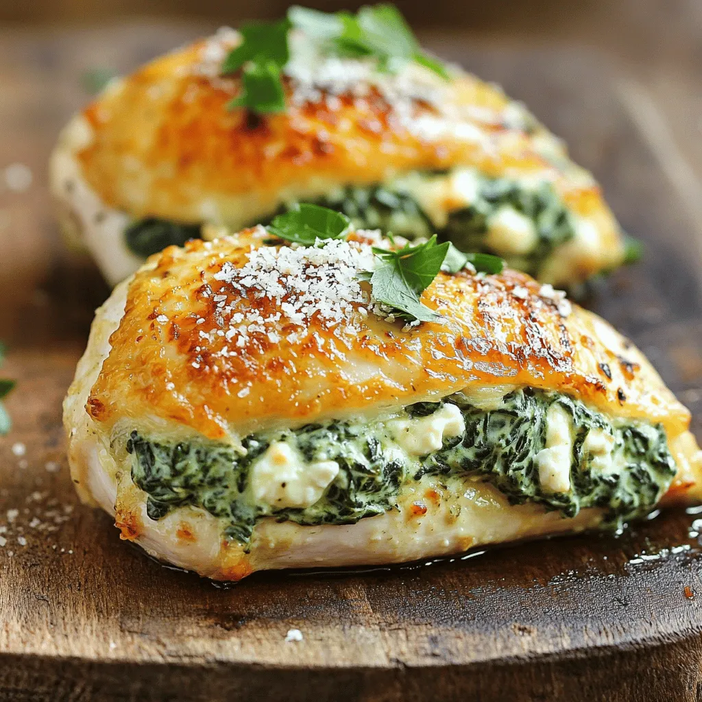 To make savory spinach feta stuffed chicken, you will need: - 4 boneless, skinless chicken breasts - 1 cup fresh spinach, chopped - 1/2 cup feta cheese, crumbled - 1/4 cup cream cheese, softened - 2 cloves garlic, minced - 1/2 teaspoon dried oregano - 1/2 teaspoon salt - 1/4 teaspoon black pepper - 1 tablespoon olive oil - 1/4 cup grated Parmesan cheese (for topping) - Fresh parsley for garnish (optional) You’ll need some simple tools to cook this dish: - A mixing bowl - A sharp knife - A cutting board - An oven-safe skillet - A meat thermometer This dish is not only tasty but also packed with nutrients. Each serving offers a good amount of protein from the chicken and healthy fats from the cheese. Spinach adds vitamins A, C, and K, along with fiber. This meal is balanced and can fit well into a healthy diet. It provides energy and keeps you full. For detailed nutrition facts, refer to the full recipe. First, gather all your ingredients. You will need: - 4 boneless, skinless chicken breasts - 1 cup fresh spinach, chopped - 1/2 cup feta cheese, crumbled - 1/4 cup cream cheese, softened - 2 cloves garlic, minced - 1/2 teaspoon dried oregano - 1/2 teaspoon salt - 1/4 teaspoon black pepper - 1 tablespoon olive oil - 1/4 cup grated Parmesan cheese (for topping) - Fresh parsley for garnish (optional) Next, preheat your oven to 375°F (190°C). This step is crucial for even cooking. In a bowl, mix the chopped spinach, feta cheese, cream cheese, minced garlic, dried oregano, salt, and black pepper. Stir until well combined. This filling is packed with flavor and nutrients. Now, take each chicken breast and slice a pocket into the side. Be careful not to cut all the way through. This pocket is where you will add the tasty filling. Stuff each breast with the spinach and feta mixture. Press down gently to secure the filling inside. Heat the olive oil in a large oven-safe skillet over medium heat. Once hot, sear the stuffed chicken breasts for about 4-5 minutes per side. Look for a nice golden brown color. This step adds flavor and texture to the chicken. Once seared, sprinkle the grated Parmesan cheese on top of each breast. The cheese will melt and create a delicious crust. After that, transfer the skillet to the preheated oven. Bake for 20-25 minutes. The chicken should reach an internal temperature of 165°F (75°C). To check if the chicken is done, use a meat thermometer. Insert it into the thickest part of the chicken. If it reads 165°F (75°C), it is safe to eat. If not, continue baking for a few more minutes. Once done, remove the skillet from the oven. Let the chicken rest for a few minutes before serving. This allows the juices to redistribute, making the chicken juicy and tender. Garnish with fresh parsley if you like. Enjoy this savory spinach feta stuffed chicken! For the full recipe, check the details above. Many cooks make a few common errors with stuffed chicken. Here are a few to watch for: - Not seasoning well: Make sure to season the filling and chicken. - Overstuffing: Don’t pack too much filling inside. This can make the chicken burst. - Skipping the sear: Searing adds flavor and a nice color. Don’t skip this step! - Not resting the chicken: Let the chicken rest before slicing. This keeps it juicy. To make your savory spinach feta stuffed chicken even better, try these tips: - Add herbs: Fresh basil or dill can add a bright flavor. - Use lemon zest: A bit of lemon zest in the filling brightens the dish. - Mix cheeses: Blend feta with goat cheese for a creamier taste. - Spice it up: A pinch of red pepper flakes can add heat. Pair your chicken with sides that complement its flavors. Here are some great options: - Roasted vegetables: Carrots, bell peppers, or zucchini work well. - Rice or quinoa: These grains soak up the juices from the chicken. - Salad: A simple green salad with lemon vinaigrette balances the meal. - Crusty bread: Serve with a slice of warm bread to mop up any sauce. For the full recipe, check out the detailed steps and ingredients above. Enjoy cooking! {{image_2}} You can make this dish vegetarian by swapping the chicken for large portobello mushrooms. These mushrooms hold the filling well and add a rich flavor. Clean the mushrooms and remove the stems. Then, fill each cap with the spinach and feta mix. Bake them the same way you would with chicken. This twist gives you a hearty meal that is just as tasty. If feta is not your favorite, try other cheese options. Goat cheese works well and adds a creamy texture. You can also use mozzarella for a milder taste. Just keep in mind that each cheese has a unique flavor. Experiment to find your best match. You can enhance the flavor in many ways. Add sun-dried tomatoes for a sweet touch. Chopped olives bring a salty kick. You can also mix in some red pepper flakes for heat. Try different herbs like basil or thyme to change the taste. Each small change can turn this dish into something new and exciting. For the complete recipe, check out the [Full Recipe]. After cooking your savory spinach feta stuffed chicken, let it cool down. Place the cooled chicken in an airtight container. Store it in the fridge. It will stay fresh for up to three days. When you're ready to eat, just take it out and enjoy! You can freeze this chicken for later meals. Wrap each stuffed chicken breast in plastic wrap. Then, place them in a freezer bag. Label the bag with the date. Frozen, it will last for up to three months. When you want to eat it, move it to the fridge a day before to thaw. To reheat, you have a few options. You can use the oven, microwave, or stovetop. For the oven, preheat it to 350°F (175°C). Place the chicken in a dish, cover with foil, and heat for about 20 minutes. If you use the microwave, cover the chicken with a damp paper towel and heat for 2-3 minutes. Check to see if it's hot all the way through. Enjoy your meal again! Yes, you can use frozen spinach. Just make sure to thaw it first. Squeeze out any extra water. This step keeps the filling from becoming too soggy. Frozen spinach is often just as healthy as fresh spinach. It can save you time when cooking. You have many tasty options to serve with this dish. Here are some ideas: - A side salad with mixed greens - Roasted vegetables like carrots or broccoli - Garlic mashed potatoes for a creamy touch - Quinoa or rice for a filling grain These sides complement the flavors well and add color to your plate. To check if chicken is cooked, use a meat thermometer. Insert it into the thickest part of the chicken. The safe internal temperature should reach 165°F (75°C). If you don't have a thermometer, you can also cut into the chicken. The juices should run clear, not pink. This ensures that your chicken is safe to eat. This article covered key areas for making spinach feta stuffed chicken. We discussed the vital ingredients, the cooking steps, and how to check for doneness. You learned tips to avoid common mistakes and ways to enhance flavor. We also shared variations, refrigeration tips, and answered your top FAQs. With this knowledge, you can create a tasty dish that your family will love. Dive into your cooking adventure with confidence and enjoy every bite!