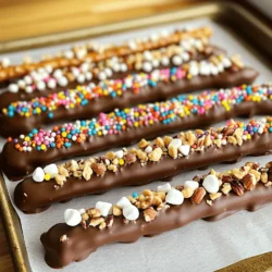 - Pretzel rods - Semi-sweet chocolate chips - Coconut oil (optional) For this treat, you need a few simple ingredients. The main star is pretzel rods. They give a nice crunch and salty flavor. Next, grab semi-sweet chocolate chips. They melt well and taste great. If you want a shiny finish, add coconut oil. It helps the chocolate look smooth and glossy. - Crushed nuts - Sprinkles - Sea salt - Mini marshmallows Toppings make these pretzel rods even more fun! You can add crushed nuts for crunch and flavor. Sprinkles bring color and joy. A sprinkle of sea salt adds a tasty contrast to the sweet chocolate. Mini marshmallows are soft and chewy, making a fun addition. You can mix and match these toppings to create your own unique treats. For the full recipe, check the details above! - Line a baking sheet with parchment paper. - Melt chocolate and coconut oil in the microwave. Start by lining a baking sheet with parchment paper. This step makes cleanup easy later. The parchment helps catch drips and keeps your pretzels from sticking. Next, take a microwave-safe bowl and add the chocolate chips. If you want a shiny finish, add coconut oil too. Microwave the mix in 30-second bursts. Stir in between each burst. Stop when the chocolate is fully melted and smooth. Be careful not to overheat it; burnt chocolate can ruin the taste. - How to dip pretzel rods thoroughly - Tapping off excess chocolate Now it's time to dip! Grab a pretzel rod and dip it into the melted chocolate. Aim for an even coat, covering about half of the rod. Hold the pretzel above the bowl. Gently tap it on the side. This action helps remove excess chocolate. You want a good balance—enough chocolate to taste, but not so much that it drips everywhere. - Adding toppings while chocolate is wet - Refrigerating to set chocolate While the chocolate is still wet, add your favorite toppings. You can sprinkle crushed nuts, colorful sprinkles, or mini marshmallows on top. Get creative! After adding toppings, place the pretzel rod on the baking sheet. Once you finish dipping all the rods, place the baking sheet in the fridge. Let them chill for about 30 minutes. This time allows the chocolate to harden. Once set, you can serve your sweet treats or store them in an airtight container. Check out the Full Recipe to explore more! To make the best chocolate-dipped pretzel rods, avoid overheating the chocolate. When you melt chocolate in the microwave, use 30-second intervals. Stir between intervals. This method helps keep the chocolate smooth and shiny. If you let it get too hot, it can seize up and become grainy. Ensure you coat the pretzel rods evenly. Dip the rod halfway into the melted chocolate. After dipping, gently tap the rod against the bowl. This action removes extra chocolate and prevents it from dripping. A clean, even coat makes your treats look great. Add decorative sprinkles to make your pretzel rods pop. Choose colors that match your occasion. Bright sprinkles are fun for parties, while pastel ones are nice for spring events. You can also use crushed nuts or mini marshmallows for texture and taste. When serving, think about how to display them. Place them in a tall glass or jar for a fun look. You can also lay them on a pretty platter. For gatherings, make a mix of different toppings. Guests will love the variety and unique flavors. For the full recipe, check out the [Full Recipe]. {{image_2}} You can choose between milk chocolate and dark chocolate. Milk chocolate gives a sweet and creamy taste. Dark chocolate offers a rich and bold flavor. Both options are tasty, so pick what you like best. You can also experiment with flavored chocolates. Try adding mint or orange extract to the chocolate. This twist can give your pretzel rods a fun new taste. Get creative with your flavors and enjoy the process! Festive toppings can add joy to any holiday. Use red and green sprinkles for Christmas. Try pastel colors for Easter. You can even use candy corn for Halloween. These small touches make your treats stand out. Themed presentations can impress guests at special occasions. Wrap pretzel rods in clear bags with ribbons. Place them in decorative jars for a party. You can create a stunning display with just a bit of effort. These variations keep your chocolate dipped pretzel rods exciting. For more ideas, check out the Full Recipe. Enjoy making these sweet treats! To keep your chocolate dipped pretzel rods fresh, store them at room temperature. Place them in an airtight container. This helps prevent them from getting stale or soft. Make sure the container is sealed well. Avoid exposing them to heat or direct sunlight. If you live in a warm area, consider refrigerating them. Just remember to bring them back to room temperature before serving. When stored correctly, your dipped pretzel rods can stay fresh for about two weeks. After that, the chocolate may lose its shine, and the pretzels may become soft. Signs of spoilage include an off smell or a change in texture. If you notice any white spots on the chocolate, this is called bloom. It happens when cocoa butter separates. Though bloom affects appearance, the rods are still safe to eat. For the best taste, enjoy them within the two-week mark. For the full recipe, check the previous sections. To keep chocolate smooth, watch the temperature and humidity. If it's too cold or dry, chocolate sets fast. Warm your kitchen slightly. Also, dip pretzel rods quickly. This helps prevent hardening before you add toppings. Yes, you can use white chocolate! It melts well but needs careful attention. Use a microwave-safe bowl. Heat in 30-second bursts, stirring often. Add a bit of coconut oil for shine. Coat pretzel rods the same way as with dark chocolate. You can find them in many stores. Look at local bakeries or gourmet shops. Online, check sites like Amazon or specialty food stores. They often have a variety of flavors and designs. To make gluten-free pretzel rods, choose gluten-free pretzel brands. Many stores sell gluten-free options made from rice or corn. Always check the label to be sure. You can follow the full recipe with these gluten-free pretzels for a tasty treat. You now have everything you need to make delicious chocolate-dipped pretzel rods. We covered the main ingredients and toppings, plus easy steps to create them. Remember to use your favorite flavors and get creative with decorations. Store them well to enjoy later. This treat is perfect for any event or just a fun snack at home. Dive into this sweet project, and you'll impress everyone with your tasty treats!