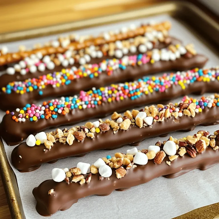 - Pretzel rods - Semi-sweet chocolate chips - Coconut oil (optional) For this treat, you need a few simple ingredients. The main star is pretzel rods. They give a nice crunch and salty flavor. Next, grab semi-sweet chocolate chips. They melt well and taste great. If you want a shiny finish, add coconut oil. It helps the chocolate look smooth and glossy. - Crushed nuts - Sprinkles - Sea salt - Mini marshmallows Toppings make these pretzel rods even more fun! You can add crushed nuts for crunch and flavor. Sprinkles bring color and joy. A sprinkle of sea salt adds a tasty contrast to the sweet chocolate. Mini marshmallows are soft and chewy, making a fun addition. You can mix and match these toppings to create your own unique treats. For the full recipe, check the details above! - Line a baking sheet with parchment paper. - Melt chocolate and coconut oil in the microwave. Start by lining a baking sheet with parchment paper. This step makes cleanup easy later. The parchment helps catch drips and keeps your pretzels from sticking. Next, take a microwave-safe bowl and add the chocolate chips. If you want a shiny finish, add coconut oil too. Microwave the mix in 30-second bursts. Stir in between each burst. Stop when the chocolate is fully melted and smooth. Be careful not to overheat it; burnt chocolate can ruin the taste. - How to dip pretzel rods thoroughly - Tapping off excess chocolate Now it's time to dip! Grab a pretzel rod and dip it into the melted chocolate. Aim for an even coat, covering about half of the rod. Hold the pretzel above the bowl. Gently tap it on the side. This action helps remove excess chocolate. You want a good balance—enough chocolate to taste, but not so much that it drips everywhere. - Adding toppings while chocolate is wet - Refrigerating to set chocolate While the chocolate is still wet, add your favorite toppings. You can sprinkle crushed nuts, colorful sprinkles, or mini marshmallows on top. Get creative! After adding toppings, place the pretzel rod on the baking sheet. Once you finish dipping all the rods, place the baking sheet in the fridge. Let them chill for about 30 minutes. This time allows the chocolate to harden. Once set, you can serve your sweet treats or store them in an airtight container. Check out the Full Recipe to explore more! To make the best chocolate-dipped pretzel rods, avoid overheating the chocolate. When you melt chocolate in the microwave, use 30-second intervals. Stir between intervals. This method helps keep the chocolate smooth and shiny. If you let it get too hot, it can seize up and become grainy. Ensure you coat the pretzel rods evenly. Dip the rod halfway into the melted chocolate. After dipping, gently tap the rod against the bowl. This action removes extra chocolate and prevents it from dripping. A clean, even coat makes your treats look great. Add decorative sprinkles to make your pretzel rods pop. Choose colors that match your occasion. Bright sprinkles are fun for parties, while pastel ones are nice for spring events. You can also use crushed nuts or mini marshmallows for texture and taste. When serving, think about how to display them. Place them in a tall glass or jar for a fun look. You can also lay them on a pretty platter. For gatherings, make a mix of different toppings. Guests will love the variety and unique flavors. For the full recipe, check out the [Full Recipe]. {{image_2}} You can choose between milk chocolate and dark chocolate. Milk chocolate gives a sweet and creamy taste. Dark chocolate offers a rich and bold flavor. Both options are tasty, so pick what you like best. You can also experiment with flavored chocolates. Try adding mint or orange extract to the chocolate. This twist can give your pretzel rods a fun new taste. Get creative with your flavors and enjoy the process! Festive toppings can add joy to any holiday. Use red and green sprinkles for Christmas. Try pastel colors for Easter. You can even use candy corn for Halloween. These small touches make your treats stand out. Themed presentations can impress guests at special occasions. Wrap pretzel rods in clear bags with ribbons. Place them in decorative jars for a party. You can create a stunning display with just a bit of effort. These variations keep your chocolate dipped pretzel rods exciting. For more ideas, check out the Full Recipe. Enjoy making these sweet treats! To keep your chocolate dipped pretzel rods fresh, store them at room temperature. Place them in an airtight container. This helps prevent them from getting stale or soft. Make sure the container is sealed well. Avoid exposing them to heat or direct sunlight. If you live in a warm area, consider refrigerating them. Just remember to bring them back to room temperature before serving. When stored correctly, your dipped pretzel rods can stay fresh for about two weeks. After that, the chocolate may lose its shine, and the pretzels may become soft. Signs of spoilage include an off smell or a change in texture. If you notice any white spots on the chocolate, this is called bloom. It happens when cocoa butter separates. Though bloom affects appearance, the rods are still safe to eat. For the best taste, enjoy them within the two-week mark. For the full recipe, check the previous sections. To keep chocolate smooth, watch the temperature and humidity. If it's too cold or dry, chocolate sets fast. Warm your kitchen slightly. Also, dip pretzel rods quickly. This helps prevent hardening before you add toppings. Yes, you can use white chocolate! It melts well but needs careful attention. Use a microwave-safe bowl. Heat in 30-second bursts, stirring often. Add a bit of coconut oil for shine. Coat pretzel rods the same way as with dark chocolate. You can find them in many stores. Look at local bakeries or gourmet shops. Online, check sites like Amazon or specialty food stores. They often have a variety of flavors and designs. To make gluten-free pretzel rods, choose gluten-free pretzel brands. Many stores sell gluten-free options made from rice or corn. Always check the label to be sure. You can follow the full recipe with these gluten-free pretzels for a tasty treat. You now have everything you need to make delicious chocolate-dipped pretzel rods. We covered the main ingredients and toppings, plus easy steps to create them. Remember to use your favorite flavors and get creative with decorations. Store them well to enjoy later. This treat is perfect for any event or just a fun snack at home. Dive into this sweet project, and you'll impress everyone with your tasty treats!