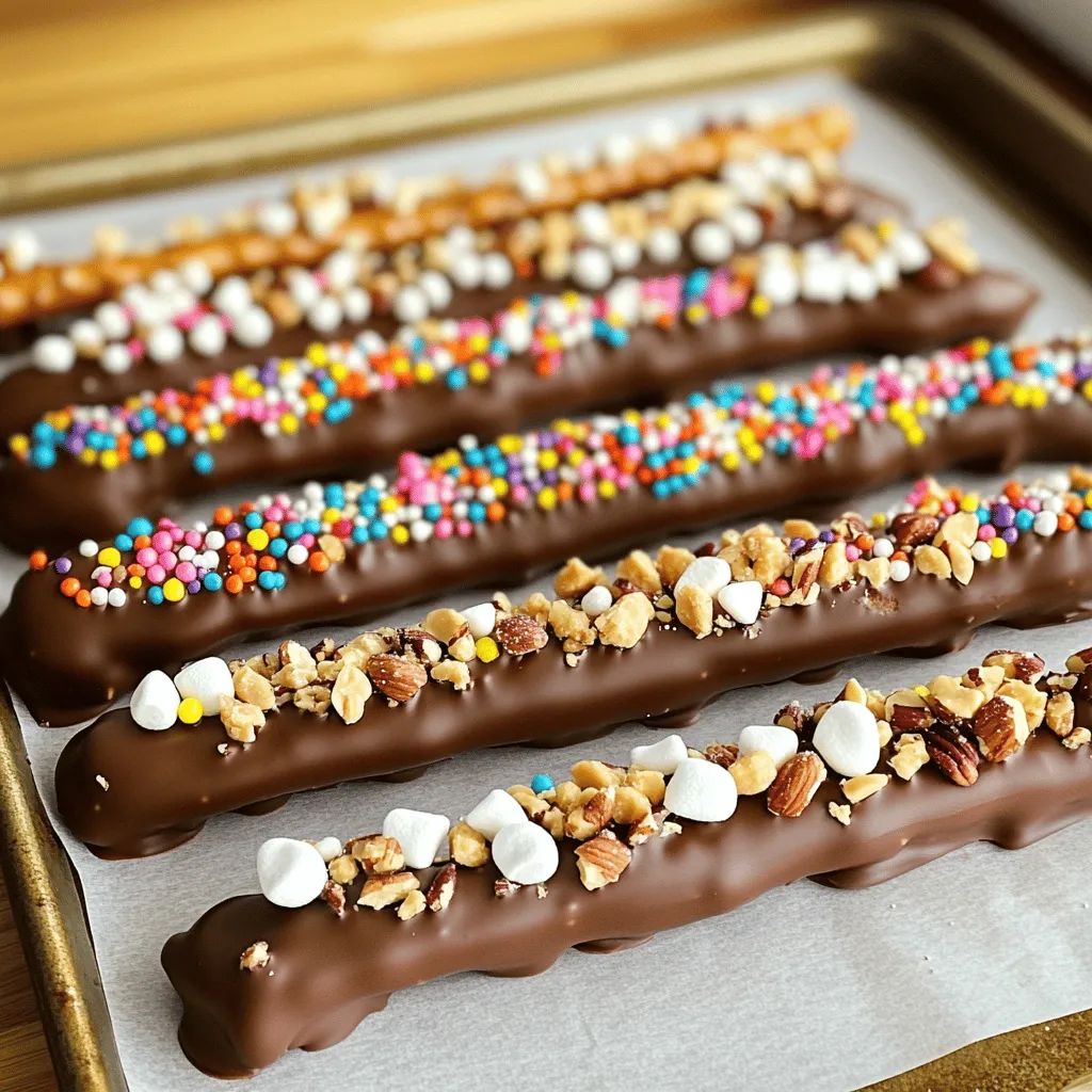 - Pretzel rods - Semi-sweet chocolate chips - Coconut oil (optional) For this treat, you need a few simple ingredients. The main star is pretzel rods. They give a nice crunch and salty flavor. Next, grab semi-sweet chocolate chips. They melt well and taste great. If you want a shiny finish, add coconut oil. It helps the chocolate look smooth and glossy. - Crushed nuts - Sprinkles - Sea salt - Mini marshmallows Toppings make these pretzel rods even more fun! You can add crushed nuts for crunch and flavor. Sprinkles bring color and joy. A sprinkle of sea salt adds a tasty contrast to the sweet chocolate. Mini marshmallows are soft and chewy, making a fun addition. You can mix and match these toppings to create your own unique treats. For the full recipe, check the details above! - Line a baking sheet with parchment paper. - Melt chocolate and coconut oil in the microwave. Start by lining a baking sheet with parchment paper. This step makes cleanup easy later. The parchment helps catch drips and keeps your pretzels from sticking. Next, take a microwave-safe bowl and add the chocolate chips. If you want a shiny finish, add coconut oil too. Microwave the mix in 30-second bursts. Stir in between each burst. Stop when the chocolate is fully melted and smooth. Be careful not to overheat it; burnt chocolate can ruin the taste. - How to dip pretzel rods thoroughly - Tapping off excess chocolate Now it's time to dip! Grab a pretzel rod and dip it into the melted chocolate. Aim for an even coat, covering about half of the rod. Hold the pretzel above the bowl. Gently tap it on the side. This action helps remove excess chocolate. You want a good balance—enough chocolate to taste, but not so much that it drips everywhere. - Adding toppings while chocolate is wet - Refrigerating to set chocolate While the chocolate is still wet, add your favorite toppings. You can sprinkle crushed nuts, colorful sprinkles, or mini marshmallows on top. Get creative! After adding toppings, place the pretzel rod on the baking sheet. Once you finish dipping all the rods, place the baking sheet in the fridge. Let them chill for about 30 minutes. This time allows the chocolate to harden. Once set, you can serve your sweet treats or store them in an airtight container. Check out the Full Recipe to explore more! To make the best chocolate-dipped pretzel rods, avoid overheating the chocolate. When you melt chocolate in the microwave, use 30-second intervals. Stir between intervals. This method helps keep the chocolate smooth and shiny. If you let it get too hot, it can seize up and become grainy. Ensure you coat the pretzel rods evenly. Dip the rod halfway into the melted chocolate. After dipping, gently tap the rod against the bowl. This action removes extra chocolate and prevents it from dripping. A clean, even coat makes your treats look great. Add decorative sprinkles to make your pretzel rods pop. Choose colors that match your occasion. Bright sprinkles are fun for parties, while pastel ones are nice for spring events. You can also use crushed nuts or mini marshmallows for texture and taste. When serving, think about how to display them. Place them in a tall glass or jar for a fun look. You can also lay them on a pretty platter. For gatherings, make a mix of different toppings. Guests will love the variety and unique flavors. For the full recipe, check out the [Full Recipe]. {{image_2}} You can choose between milk chocolate and dark chocolate. Milk chocolate gives a sweet and creamy taste. Dark chocolate offers a rich and bold flavor. Both options are tasty, so pick what you like best. You can also experiment with flavored chocolates. Try adding mint or orange extract to the chocolate. This twist can give your pretzel rods a fun new taste. Get creative with your flavors and enjoy the process! Festive toppings can add joy to any holiday. Use red and green sprinkles for Christmas. Try pastel colors for Easter. You can even use candy corn for Halloween. These small touches make your treats stand out. Themed presentations can impress guests at special occasions. Wrap pretzel rods in clear bags with ribbons. Place them in decorative jars for a party. You can create a stunning display with just a bit of effort. These variations keep your chocolate dipped pretzel rods exciting. For more ideas, check out the Full Recipe. Enjoy making these sweet treats! To keep your chocolate dipped pretzel rods fresh, store them at room temperature. Place them in an airtight container. This helps prevent them from getting stale or soft. Make sure the container is sealed well. Avoid exposing them to heat or direct sunlight. If you live in a warm area, consider refrigerating them. Just remember to bring them back to room temperature before serving. When stored correctly, your dipped pretzel rods can stay fresh for about two weeks. After that, the chocolate may lose its shine, and the pretzels may become soft. Signs of spoilage include an off smell or a change in texture. If you notice any white spots on the chocolate, this is called bloom. It happens when cocoa butter separates. Though bloom affects appearance, the rods are still safe to eat. For the best taste, enjoy them within the two-week mark. For the full recipe, check the previous sections. To keep chocolate smooth, watch the temperature and humidity. If it's too cold or dry, chocolate sets fast. Warm your kitchen slightly. Also, dip pretzel rods quickly. This helps prevent hardening before you add toppings. Yes, you can use white chocolate! It melts well but needs careful attention. Use a microwave-safe bowl. Heat in 30-second bursts, stirring often. Add a bit of coconut oil for shine. Coat pretzel rods the same way as with dark chocolate. You can find them in many stores. Look at local bakeries or gourmet shops. Online, check sites like Amazon or specialty food stores. They often have a variety of flavors and designs. To make gluten-free pretzel rods, choose gluten-free pretzel brands. Many stores sell gluten-free options made from rice or corn. Always check the label to be sure. You can follow the full recipe with these gluten-free pretzels for a tasty treat. You now have everything you need to make delicious chocolate-dipped pretzel rods. We covered the main ingredients and toppings, plus easy steps to create them. Remember to use your favorite flavors and get creative with decorations. Store them well to enjoy later. This treat is perfect for any event or just a fun snack at home. Dive into this sweet project, and you'll impress everyone with your tasty treats!