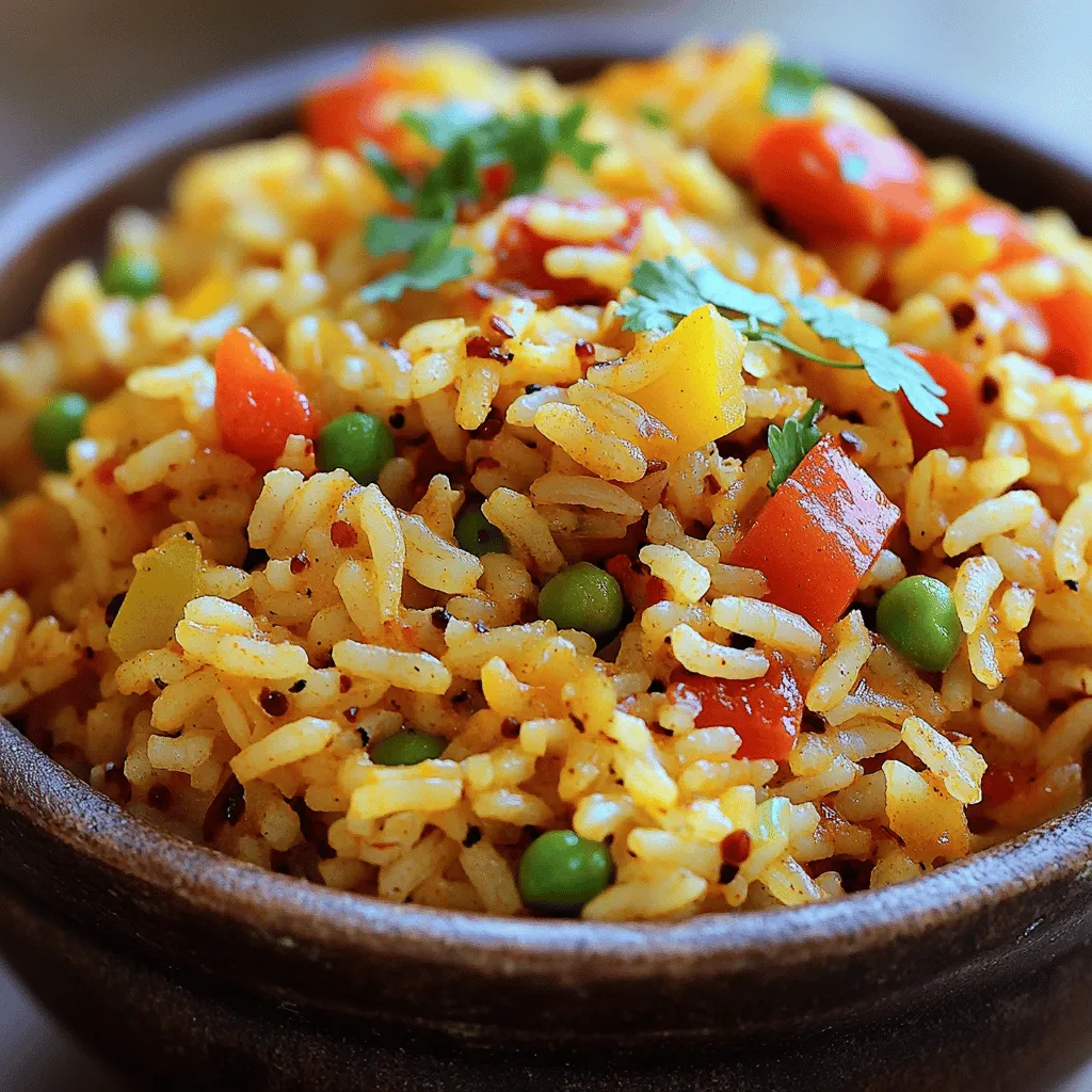 To make savory Spanish rice, use these key ingredients: - 1 cup long-grain white rice - 2 cups vegetable broth (or chicken broth) - 1 medium onion, finely chopped - 1 red bell pepper, diced - 1 cup diced tomatoes (canned or fresh) - 2 cloves garlic, minced - 1 teaspoon smoked paprika - 1/2 teaspoon cumin - 1/2 teaspoon chili powder - 1/4 teaspoon saffron threads (optional for authenticity) - 1/2 cup frozen peas - 2 tablespoons olive oil - Salt and pepper to taste - Fresh cilantro, chopped for garnish These ingredients combine to create a rich flavor. The rice absorbs the broth and spices, making each bite delicious. You can swap some ingredients if needed. Here are a few ideas: - Use brown rice instead of white for a healthier option. Just adjust the cooking time. - Swap vegetable broth for chicken broth for a different flavor. - Any bell pepper can work; green ones are great too. - If you don’t have smoked paprika, regular paprika is fine. These changes still give you tasty Spanish rice without losing the essence. For even more flavor, consider adding these optional ingredients: - Corn for sweetness and a nice crunch. - Black olives, sliced, for a briny touch. - A splash of lime juice for brightness. - Chopped jalapeños for some heat. These additions can elevate your dish and make it more special. Feel free to mix and match based on your taste. For the full recipe, check the Sizzling Spanish Rice Fiesta section. Start by heating the olive oil in a medium pot over medium heat. Add the chopped onion and diced red bell pepper. Sauté them for about 5 minutes. You want the vegetables to soften and smell great. Next, stir in the minced garlic and cook for another minute. This will make the kitchen smell amazing! Now it’s time to add the rice. Pour in the long-grain white rice and cook for 2-3 minutes. Stir it often to toast the grains lightly. This step adds flavor and a nice texture. After that, sprinkle in the smoked paprika, cumin, and chili powder. If you want a true Spanish touch, add saffron too. Stir well, so every grain gets coated with these spices. Next, pour in the diced tomatoes and vegetable broth. Bring this mixture to a gentle boil. Once it boils, reduce the heat to low. Cover the pot and let it simmer for 20 minutes. The rice should be tender and the liquid absorbed. After the time is up, add the frozen peas. Stir gently to mix them in and cover for another 5 minutes. This warms up the peas nicely. Finally, fluff the rice with a fork. Taste it and add salt and pepper if needed. Serve it warm and top with fresh cilantro for a bright finish. For the full recipe, check out the details above. To get great texture, rinse the rice first. Rinsing removes extra starch. This helps the rice stay fluffy. Use long-grain white rice for the best results. When cooking, make sure to keep the heat low. This lets the rice cook evenly. Avoid lifting the lid while it simmers. This helps keep the steam in. To boost the flavor, try adding fresh herbs. Chopped cilantro adds a nice touch. You can also mix in lime juice for brightness. For more depth, add a bay leaf while cooking. If you like heat, add a pinch of cayenne pepper. These extras make a big difference in taste. A common mistake is using too much liquid. Stick to the recipe's broth amount for best results. Another mistake is overcooking the rice. This makes it mushy. Make sure to fluff the rice gently. Finally, don’t forget to taste before serving. Adjust salt and pepper to your liking. Following these tips will help you create the best Spanish rice. For a detailed guide, check out the Full Recipe. {{image_2}} You can easily make vegetarian Spanish rice. Start with the same base recipe. Instead of meat broth, use vegetable broth. This keeps it rich and flavorful. Add extra veggies for texture. You can toss in corn, zucchini, or black beans. These add color and taste. This dish remains filling and tasty. It works great as a side or main dish. Adding protein makes Spanish rice even heartier. You can use chicken, shrimp, or beef. Cook the protein first in the pot. Remove it before adding the veggies. Once the rice is ready, mix the protein back in. This adds a savory punch to your dish. If you use chicken, try using chicken broth for even more flavor. You will enjoy a balanced meal that fills you up. For those who love heat, spicy Spanish rice is the way to go. Start with the basic recipe. Add more chili powder or a diced jalapeño. If you like it very spicy, try adding cayenne pepper. You can also include hot sauce for an extra kick. This variation will wake up your taste buds. Pair it with grilled meats for a great meal. To store leftover Spanish rice, let it cool first. Place it in an airtight container. Make sure to seal it well to avoid air. You can keep it in the fridge for about 3 to 5 days. If you want to enjoy it later, freezing is a great option. When you reheat Spanish rice, add a splash of water or broth. This helps to keep it moist. You can use a microwave or a pan on the stove. Heat it slowly, stirring often. This way, the rice warms up evenly without drying out. To freeze Spanish rice, pack it in freezer-safe bags. Remove as much air as you can before sealing. Label the bags with the date. You can freeze it for up to 3 months. When you’re ready to eat, thaw it overnight in the fridge. Then, reheat it as mentioned above. Enjoy your delicious Spanish rice anytime! The best rice for Spanish rice is long-grain white rice. This type cooks evenly and stays fluffy. You can also use medium-grain rice if you prefer a creamier texture. Avoid short-grain rice, as it can become too sticky. Yes, you can make Spanish rice ahead of time. Just cook it, let it cool, and store it in an airtight container. Keep it in the fridge for up to four days. When you're ready to eat, simply reheat it on the stove or in the microwave. To make Spanish rice spicy, add more chili powder or a pinch of cayenne pepper. You can also mix in some jalapeños or diced green chilies during cooking. For a smoky kick, try using chipotle powder instead. Adjust the spice to suit your taste! For the full recipe, check out the Full Recipe section above. This blog post covered all you need to make Spanish rice. We looked at key ingredients, cooking steps, and useful tips to enhance your dish. I shared easy substitutions and variations to match your taste. Remember to store your leftovers properly for the best flavor. Spanish rice is versatile and rewarding. You can serve it as a side or a main dish. I hope you feel inspired to create your own yummy version! Enjoy cooking!