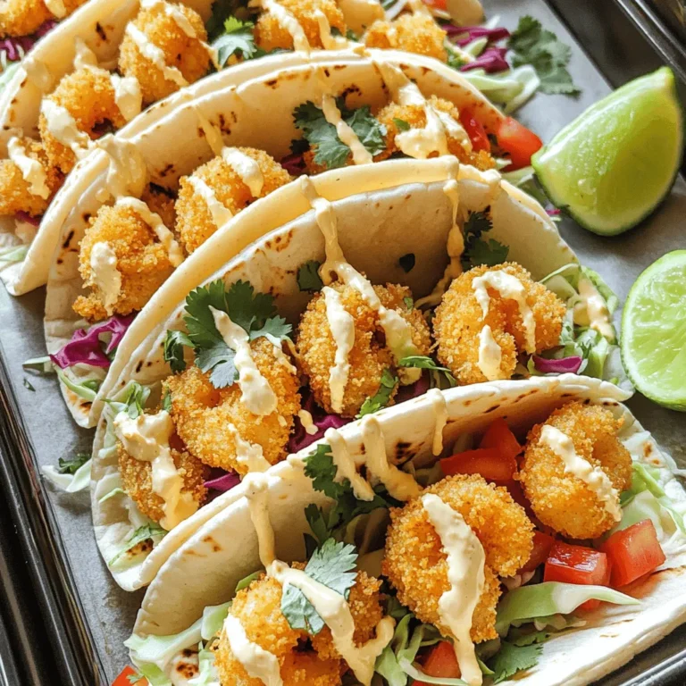 - Shrimp: You need 1 pound of shrimp. Peel and devein them before use. - Coating: You will need 1/2 cup of all-purpose flour, 1 large egg (beaten), and 1 cup of panko breadcrumbs. - Seasonings: Use 1 teaspoon garlic powder, 1 teaspoon paprika, and salt and pepper to taste. - Bang Bang Sauce: Mix together 1/4 cup mayonnaise, 2 tablespoons sweet chili sauce, and 1 tablespoon sriracha. Adjust the sriracha for spice level. - Taco Fillings: You can use 8 small corn or flour tortillas. Add 1 cup of shredded cabbage and 1/2 cup of diced tomatoes. - Garnishes: Top your tacos with fresh cilantro and serve with lime wedges for extra flavor. For the complete recipe, follow the [Full Recipe]. First, you need to prepare the shrimp. In a medium bowl, combine the shrimp with garlic powder, paprika, salt, and pepper. Mix well to ensure the shrimp are evenly coated. This step adds great flavor to the shrimp. Next, set up your breading station. You need three bowls: one with flour, one with a beaten egg, and one with panko breadcrumbs. I like to add a pinch of salt and pepper to the panko. This will give your shrimp extra flavor. Now, it's time to coat the shrimp. Start by dipping each shrimp into the flour. Make sure it’s fully covered. Then, dip it into the egg. This helps the panko stick. Finally, coat each shrimp with the panko breadcrumbs. Press gently to ensure they stick well. To cook the shrimp, preheat your air fryer to 400°F (200°C). Lightly spray the basket with cooking spray. Place the breaded shrimp in a single layer. Spray the top of the shrimp with a bit of olive oil. Air fry for 8-10 minutes until they are golden and crispy. Shake the basket halfway through cooking for even crispiness. While the shrimp cook, prepare the tortillas. You can warm them in a skillet or microwave. Start layering your tacos by placing shredded cabbage on each tortilla. Add a few crispy shrimp on top of the cabbage. Now, drizzle the Bang Bang Sauce over the shrimp. This sauce adds a sweet and spicy kick. Top with diced tomatoes and fresh cilantro for added freshness. Enjoy your tasty Air Fryer Bang Bang Shrimp Tacos! For the complete recipe, check out the Full Recipe section. To make sure the coating sticks to your shrimp, follow these steps: - Start with dry shrimp. Pat them with a paper towel. - Use a three-step breading process: flour, egg, and panko. - Press down gently on the panko to help it stick. For the best crispiness, air fry the shrimp at 400°F for 8-10 minutes. Check the shrimp at the 5-minute mark. Shake the basket to ensure even cooking. You can switch up the sauce in your tacos. Try these: - Use Greek yogurt instead of mayonnaise for a tangy twist. - Mix in some lime juice for a zesty kick. - Replace sriracha with your favorite hot sauce for different heat levels. For toppings, add these to enhance your tacos: - Avocado slices for creaminess. - Jalapeños for a spicy crunch. - Radishes for extra color and a fresh bite. Using an air fryer can be easy, but here are some tips: - Preheat the air fryer for best results. - Do not overcrowd the basket. Cook in batches if needed. - Lightly spray the shrimp with oil for a crispy finish. Common mistakes to avoid include: - Not shaking the basket. This helps with even cooking. - Skipping the preheating step. It’s key for cooking time. - Not checking the internal temperature. Shrimp should reach 120°F for safety. These tips will help you enjoy delicious, crispy Air Fryer Bang Bang Shrimp Tacos. For more details, check the Full Recipe. {{image_2}} For a different cooking method, you can try oven-baked Bang Bang shrimp tacos. Preheat your oven to 425°F (220°C). Arrange the breaded shrimp on a baking sheet lined with parchment paper. Bake for about 12-15 minutes or until they turn golden brown. This method will still give you a crispy texture. If you want a unique twist, consider pan-frying the shrimp. Heat oil in a skillet over medium heat. Fry the shrimp for about 2-3 minutes on each side until crispy. This method adds a rich flavor and a delicious crunch. You can switch things up by using different proteins. Chicken works well in this recipe. Just cut it into bite-sized pieces and follow the same coating process. Tofu or vegetables can also be great choices for a plant-based option. If you need gluten-free options, use almond flour or gluten-free breadcrumbs. Corn tortillas are naturally gluten-free. They make a great base for your tacos. Enhance the bang bang sauce with spices and herbs. Try adding a pinch of cayenne pepper for extra heat. Fresh herbs like cilantro or parsley can brighten the flavors. You can also adjust the sauce's sweetness. Add more sweet chili sauce for a sweeter taste or more sriracha for extra spice. Tailor the flavors to match your preferences. For the full recipe, click here. To keep your Air Fryer Bang Bang Shrimp Tacos fresh, follow these steps: - Cooked Shrimp: Store leftover shrimp in an airtight container. Place it in the fridge for up to three days. For longer storage, freeze the shrimp. Wrap it tightly in plastic wrap, then put it in a freezer bag. It can last up to three months in the freezer. - Tacos: If you have leftover assembled tacos, eat them within a day. Store the shrimp and toppings separately. This way, the tacos won't get soggy. You can keep tortillas in a sealed bag in the fridge for about a week. When it comes to reheating shrimp, you want to keep that crispy texture. Here’s how: - Air Fryer: Preheat your air fryer to 375°F (190°C). Place the shrimp in a single layer. Heat for about 5 minutes until crispy. - Oven: Preheat your oven to 350°F (175°C). Spread shrimp on a baking sheet. Bake for about 10 minutes or until hot and crispy. - Microwave: This method is quick, but it may not keep the shrimp crispy. Place shrimp on a plate and cover with a damp paper towel. Heat in 30-second bursts until warm. Following these tips ensures your leftover Air Fryer Bang Bang Shrimp Tacos taste great again. For the full recipe, check back to create these tasty tacos at home! To make shrimp crispy, follow these key steps: - Use panko breadcrumbs for crunch. - Coat shrimp in flour, egg, and panko. - Lightly spray the shrimp with cooking oil before frying. - Preheat your air fryer to 400°F (200°C). - Cook in a single layer for even crisping. This method locks in flavor and gives a great texture. I love using panko because it adds the perfect crunch. Remember to shake the basket halfway through cooking. This ensures even heat and crispiness. Yes, you can use frozen shrimp! Here’s how: - Thaw the shrimp in cold water for about 15 minutes. - Pat the shrimp dry with a paper towel to remove excess moisture. - Follow the same steps for seasoning and breading. Using frozen shrimp can save time. Just ensure they are fully thawed and dry for the best results. Here are some tasty options to serve with your tacos: - Cilantro lime rice - Black bean salad - Grilled corn on the cob - Fresh guacamole or salsa These sides complement the tacos well. They add more flavor and texture to your meal. Enjoying a crisp salad or light rice can balance the richness of the Bang Bang shrimp. For the full recipe, check out the detailed steps provided earlier. You can create delicious Bang Bang Shrimp Tacos using fresh shrimp and simple ingredients. We explored the main components, from seasoning the shrimp to making the Bang Bang Sauce. I shared tips for perfecting the shrimp and customizations for the tacos. Remember, you can mix up cooking methods and swaps to suit your taste. Store leftovers properly and reheating can be easy. Now, it’s time to try making these tasty tacos at home. Enjoy the bold flavors and share them with friends or family!