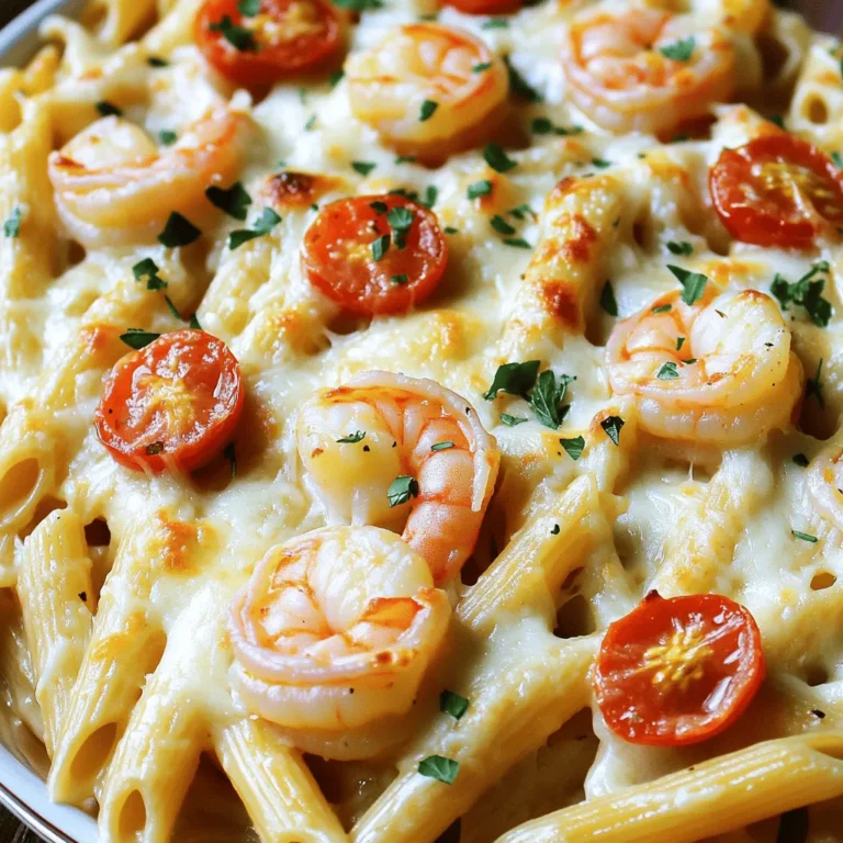 To make a delightful Shrimp Scampi Pasta Bake, gather these key ingredients: - 8 oz penne pasta - 1 lb large shrimp, peeled and deveined - 4 tablespoons unsalted butter - 4 cloves garlic, minced - 1 teaspoon red pepper flakes - 1 lemon, juiced and zested - 1 cup heavy cream - 1 cup grated Parmesan cheese - 1 cup shredded mozzarella cheese - 1 cup cherry tomatoes, halved - 1/4 cup fresh parsley, chopped - Salt and pepper to taste These ingredients create a rich and creamy dish that your family will love. You can add some fun flavors with these optional garnishes and seasonings: - Fresh basil for a touch of herbiness - Extra lemon zest for brightness - A sprinkle of paprika for color - Toasted breadcrumbs for a crunchy topping These extras can elevate your dish and impress your guests. If you lack some ingredients, don’t worry! Here are some easy swaps: - Use fettuccine or spaghetti instead of penne pasta - Swap shrimp for chicken or tofu for a different protein - Replace heavy cream with half-and-half or a plant-based milk for lighter options - Use a mix of cheeses, like cheddar or gouda, if you prefer These substitutions still keep your dish tasty while fitting your needs. For the complete recipe, check out the Full Recipe. Start by boiling water in a large pot. Add a pinch of salt to the water. Add 8 oz of penne pasta. Cook it until it is al dente, which takes about 8-10 minutes. Stir the pasta occasionally to keep it from sticking. Once cooked, drain the pasta in a colander and set it aside. In a large skillet, melt 4 tablespoons of unsalted butter over medium heat. After the butter melts, add 4 cloves of minced garlic and 1 teaspoon of red pepper flakes. Cook for 1-2 minutes until you smell the garlic, but don’t let it burn. Next, add 1 lb of large shrimp to the skillet. Cook the shrimp for 3-4 minutes until they turn pink and opaque. Season with salt and pepper to taste. Remove the skillet from the heat. Stir in the juice and zest of 1 lemon, 1 cup of heavy cream, and half of 1 cup of grated Parmesan cheese. Mix everything together until well combined. In a large bowl, combine the cooked pasta, shrimp mixture, and 1 cup of halved cherry tomatoes. Add half of 1 cup of shredded mozzarella cheese. Toss everything gently to mix. Transfer this mixture to a greased 9x13 inch baking dish. Spread it out evenly. Top with the remaining mozzarella and Parmesan cheese. Bake in a preheated oven at 375°F for 20-25 minutes. The top should be golden and bubbly. Before serving, let it cool for a few minutes. Garnish with 1/4 cup of chopped fresh parsley for a fresh touch. You can find the full recipe to follow along easily. To cook shrimp just right, start with fresh shrimp. Look for shrimp that smell like the ocean. When you sauté shrimp, use medium heat. This helps them cook evenly. Cook them for about 3-4 minutes. When they turn pink and opaque, they are done. Overcooking makes shrimp tough, so watch them closely. For a creamy sauce, heavy cream is key. It gives a rich texture. Start with melted butter and garlic in your skillet. Slowly stir in the heavy cream. This helps the sauce blend well. Add lemon juice and zest for a fresh touch. Mix in cheese while the sauce is warm. This makes the sauce creamy and smooth. When baking, preheat your oven to 375°F (190°C). This ensures even cooking. Use a greased 9x13 inch baking dish. Spread the pasta mixture evenly for best results. Top with cheese for a golden finish. Bake for 20-25 minutes. Look for bubbling cheese and golden edges. This shows your dish is ready to serve. For a full recipe, check the details above. {{image_2}} If you want a meat-free dish, swap shrimp for vegetables. Use mushrooms, zucchini, or bell peppers. These veggies add great flavor and texture. You can also try chickpeas for protein. Make sure to sauté them to enhance their taste. This way, you keep the dish hearty and satisfying. While penne is a great choice, you can use other pasta types. Fusilli, rotini, or even bowtie pasta work well. They all hold the sauce nicely. If you prefer gluten-free options, use gluten-free pasta. Just follow the same cooking time on the package. This keeps your dish tasty for everyone at the table. To boost the flavor, try adding fresh herbs. Basil or thyme can add a nice twist. You can also mix in a splash of white wine for depth. This adds a layer of richness. For a zesty kick, consider adding lemon zest or more red pepper flakes. These small changes can make a big difference in your Shrimp Scampi Pasta Bake. For the full recipe, check out the detailed instructions. To keep your Shrimp Scampi Pasta Bake fresh, store it in an airtight container. Let it cool completely before sealing. This prevents moisture from building up, which can make the pasta soggy. You can keep the dish in the fridge for up to three days. If you want to store it longer, freezing is a great option. When you are ready to enjoy leftovers, reheat the pasta bake in the oven. Preheat your oven to 350°F (175°C). Cover the dish with foil to keep it moist. Heat for about 15-20 minutes. You can also use a microwave if you are in a hurry. Just heat it in a microwave-safe dish for 2-3 minutes. Stir halfway through for even heating. If you want to freeze the Shrimp Scampi Pasta Bake, first let it cool down. Then, wrap it tightly in plastic wrap or aluminum foil. You can also use a freezer-safe bag. This will help avoid freezer burn. The dish can stay frozen for up to three months. When you are ready to bake it, thaw it overnight in the fridge before reheating. This ensures the best taste and texture when you serve it again. For the Full Recipe, check the earlier section. To add spice, you can raise the amount of red pepper flakes. Start with a bit more than the recipe calls for. You could also add sliced fresh jalapeños or a dash of hot sauce. Mixing in crushed red pepper or chili powder is another option. These changes will give your dish a nice kick without losing flavor. Yes, you can use frozen shrimp! Just make sure to thaw them first. To thaw, place the shrimp in a bowl of cold water for about 15 minutes. You can also leave them in the fridge overnight. Using frozen shrimp is a great time-saver and keeps the dish easy, just like the Full Recipe suggests. This pasta bake pairs well with a fresh salad. A simple green salad with lemon vinaigrette works great. You might also serve garlic bread for extra flavor. Roasted vegetables can add color and nutrition to your meal. For a drink, a nice white wine complements the shrimp well. In this post, we explored how to create a delicious Shrimp Scampi Pasta Bake. We covered the necessary ingredients, tips for cooking shrimp, and how to achieve a creamy sauce. You learned about variations for dietary needs and how to store leftovers properly. Remember, this dish is versatile and enjoyable. It’s perfect for sharing with friends and family. Try it out, and make it your own!