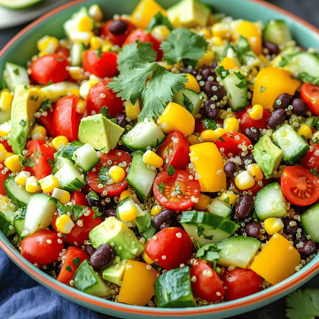 - 1 cup quinoa, rinsed - 2 cups water - 1 cup cherry tomatoes, halved - 1 red bell pepper, diced - 1 yellow bell pepper, diced - 1 cup cucumber, diced - 1 cup corn (fresh or frozen) - 1 cup black beans, drained and rinsed - 1 avocado, diced - 1/4 cup red onion, finely chopped - 1/4 cup fresh cilantro, chopped - 3 tablespoons lime juice - 2 tablespoons olive oil - Salt and pepper to taste Quinoa is the star of this dish. It is a grain that packs a protein punch. I love how it adds a nutty flavor and fluffy texture. You can use any type of quinoa, but I prefer the white variety for its lightness. Next, we have the colorful veggies. Cherry tomatoes burst with sweetness. Red and yellow bell peppers bring crunch and a hint of sweetness. Cucumbers add a refreshing bite, while corn gives a sweet pop. Black beans provide a hearty feel and extra protein. Avocado is a must for creaminess and healthy fats. The red onion gives a sharp bite, while fresh cilantro brightens it all up. The dressing of lime juice and olive oil is simple yet flavorful. This salad is not just pretty; it's a full meal. Each serving has a good amount of calories, fiber, and protein. The veggies and quinoa offer many vitamins and minerals. You can find the full recipe above to make this tasty dish at home. To start, combine 1 cup of rinsed quinoa with 2 cups of water in a medium saucepan. Bring this mix to a boil over high heat. Once it boils, reduce the heat to low, cover the pot, and let it simmer for about 15 minutes. You’ll know it’s done when all the water is absorbed. Fluff the quinoa with a fork and let it cool. This step is key. Perfectly cooked quinoa should be fluffy and not sticky. While the quinoa cooks, it's time to prepare the vegetables. Use a sharp knife and a cutting board to chop your veggies. Aim for uniform pieces. This helps them cook evenly and look nice in the salad. You can use any vegetables you love. Bell peppers, cucumbers, and cherry tomatoes are great choices. Feel free to swap in others like carrots or radishes for a fun twist. Once your quinoa has cooled, grab a large mixing bowl. Add the quinoa and all the chopped vegetables. This includes the cherry tomatoes, bell peppers, cucumber, corn, black beans, diced avocado, and red onion. Now, let’s make it tasty! In a small bowl, mix together 3 tablespoons of lime juice, 2 tablespoons of olive oil, salt, and pepper. Pour this dressing over the salad. Toss everything well to make sure all the flavors mix. This step really boosts the taste. Enjoy your fresh and colorful meal! For the full recipe, check out the details above. To give your Rainbow Veggie Quinoa Salad a boost, think about adding some spices. Cumin, paprika, or chili powder can add warmth. Fresh herbs like basil or parsley can also enhance the flavor. Experiment with different types of dressings for variety. You might try a balsamic vinaigrette or a creamy tahini sauce. These changes can keep your salad exciting and fresh. The way you serve your salad matters. Use a large, bright bowl to highlight the colors. You can layer the veggies for a fun look. Add extra avocado slices on top for creaminess. A sprinkle of cilantro can also add visual appeal. Consider using a clear dish to show off the rainbow of colors. A beautiful presentation makes the meal feel special. Preparing ingredients ahead of time can save you effort. You can wash and chop the veggies a day before. Store them in separate containers in the fridge. This keeps them fresh and crisp. When you’re ready to eat, just mix everything together. If you want to keep the salad fresh for later, don’t add the dressing until serving. This way, it stays crunchy and tasty. {{image_2}} You can boost the protein in your Rainbow Veggie Quinoa Salad easily. Grilled chicken adds a tasty, hearty bite. Shrimp also works well if you love seafood. For a plant-based option, try tofu. Just cube it and sauté until golden. Tempeh is another great choice. It has a nutty flavor that pairs nicely. To keep the salad vegan, ensure all ingredients are plant-based. Quinoa is naturally gluten-free, so you're already on the right track. Check any dressings or additives for hidden allergens. Use olive oil and lime juice for a simple dressing. For nut allergies, skip the nuts and seeds entirely. You can still enjoy all the vibrant flavors. Change the salad based on what’s fresh. In spring, add peas or asparagus for a crisp bite. Summer is perfect for ripe tomatoes and cucumbers. For fall, consider roasted sweet potatoes or butternut squash. Winter brings hearty greens like kale or brussels sprouts. Explore color themes too. You can create a vibrant red and green salad for the holidays or a warm, earthy palette in autumn. Each season gives you a new way to enjoy this dish. You can find the full recipe [here](#). To keep your Rainbow Veggie Quinoa Salad fresh, store it in an airtight container. Place the salad in the fridge right after serving. This helps to lock in the flavors and keep it crisp. The salad stays fresh for about 3 to 5 days. If you notice any sogginess, it may be best to eat it sooner. Can you freeze the salad? I recommend not freezing the whole salad. Freezing can change the texture of the veggies and make them mushy. However, you can freeze the quinoa alone. Cooked quinoa freezes well for up to 3 months. Just make sure to cool it first and store it in a freezer-safe bag. If you need to reheat the quinoa, use the microwave or a stovetop. For the microwave, heat the quinoa in short bursts. Stir it every 30 seconds until warm. On the stovetop, add a splash of water to a pan. Heat it on low, stirring until warm. This method keeps the texture light and fluffy. Avoid reheating the whole salad, as it is best served cold. Enjoy your fresh and colorful meal! For the full recipe, check out the Rainbow Veggie Quinoa Salad section. Yes, you can make this salad ahead of time. It tastes great when chilled. To prep in advance, cook the quinoa and chop the veggies. Store them separately in airtight containers. Mix them just before serving for the best flavor and texture. You can also make the dressing ahead. Just whisk it up, and keep it in the fridge. If you want a gluten-free option, use rice or millet instead of quinoa. Both grains have a nice texture and flavor. You can also try farro or barley if you don't need it to be gluten-free. These grains add different tastes and nutrients to your salad. This salad lasts for about three to five days in the fridge. Store it in a sealed container to keep it fresh. The veggies may get soft over time, but the flavors will still be great. If you notice any signs of spoilage, toss it out for safety. This blog post covered a simple and tasty Rainbow Veggie Quinoa Salad. We talked about the key ingredients, cooking methods, and health benefits. You learned about tips for flavor, presentation, and meal prep. We even discussed variations and storage options. In conclusion, this recipe is flexible and fun. Try it out and make it your own. Enjoy fresh, healthy meals that fit your lifestyle!