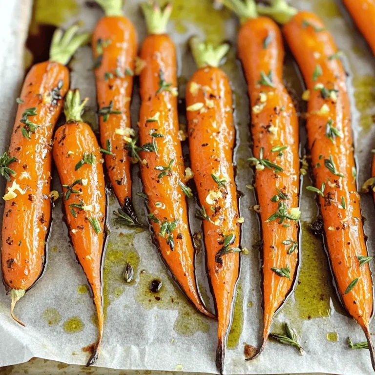 - 1 lb (450 g) baby carrots, peeled - 4 tablespoons olive oil - 4 cloves garlic, minced - 2 tablespoons fresh rosemary, finely chopped - 2 tablespoons fresh thyme, finely chopped - 1 teaspoon sea salt - 1/2 teaspoon black pepper - Zest of 1 lemon - 2 tablespoons balsamic vinegar - Different herb combinations - Citrus alternatives - Sweeteners for added flavor Garlic herb roasted carrots are simple yet full of flavor. The key is fresh ingredients. Start with baby carrots. Their sweetness shines when roasted. You can peel them for a smooth texture, but it is not required. Next, gather your aromatics. Olive oil acts as a base for the herbs and garlic. It helps the carrots roast evenly and adds richness. The minced garlic brings a punch that pairs well with the sweet carrots. Adding fresh rosemary and thyme boosts the flavor. These herbs add a lovely aroma and a touch of earthiness. For seasoning, use sea salt and black pepper. They enhance the natural sweetness of the carrots. Finally, lemon zest brightens the dish. It adds a refreshing note that balances the richness. Balsamic vinegar is the last touch. Drizzle it over the roasted carrots for a sweet-tangy finish. This combination creates a dish that is not only tasty but also beautiful. Feel free to experiment with optional add-ins. Different herbs like dill or parsley can change the flavor profile. Citrus alternatives, such as orange zest, can add a new twist. Sweeteners, like honey or maple syrup, can enhance the natural sweetness of the carrots. For the full recipe, check out the complete instructions I provided earlier. It’s a dish that everyone will love! First, preheat your oven to 425°F (220°C). This high heat helps the carrots roast perfectly. While the oven warms up, grab a baking sheet and line it with parchment paper. This makes cleanup easy! Next, you’ll want to prepare the carrots. Take 1 pound of baby carrots and peel them if they are not pre-peeled. Place the carrots in a large mixing bowl. Pour in 4 tablespoons of olive oil. Add 4 minced garlic cloves, 2 tablespoons of chopped rosemary, 2 tablespoons of chopped thyme, 1 teaspoon of sea salt, and 1/2 teaspoon of black pepper. Toss everything together until the carrots are well-coated in the mixture. Now, spread the seasoned carrots in a single layer on your prepared baking sheet. Make sure they have space between them. This way, they will cook evenly. Place the baking sheet in your preheated oven. Roast the carrots for about 25 to 30 minutes. Remember to toss them halfway through cooking. This helps them brown nicely on all sides. Once the carrots are tender and caramelized, take them out of the oven. Drizzle 2 tablespoons of balsamic vinegar over the warm carrots. Then, sprinkle the zest of 1 lemon on top. Toss them again to mix these bright flavors. For serving, I recommend placing the roasted carrots on a nice platter. You can garnish with extra fresh herbs for a pop of color. Enjoy them hot! For the full recipe, check out the details above. When choosing carrots, baby carrots work great for this dish. They are sweet and tender. You can also use regular carrots, just cut them into smaller pieces. Look for carrots that are firm and smooth. The color should be bright orange or yellow. Avoid carrots that are soft or have dark spots. Fresh carrots will have green tops. If you see greens, they are fresh! To get nice caramelization, spread the carrots in one layer on the baking sheet. Overcrowding them can lead to steaming, not roasting. Toss them halfway through cooking. This helps them brown evenly. To avoid mushy carrots, do not cook them too long. Keep an eye on them during the last few minutes. They should be tender but still firm. For a beautiful dish, sprinkle fresh herbs on top. This adds color and flavor. You can use extra rosemary or thyme. Serve the carrots on a nice plate, and drizzle some balsamic vinegar on them. For a fun twist, add lemon slices for a pop of color. Arrange them in a circle or stack them for height. This makes the dish look fancy, even though it’s so easy! {{image_2}} You can make garlic herb roasted carrots even better. Adding nuts brings a nice crunch. Almonds or walnuts work well. Just chop them up and toss them with the carrots before roasting. You can also change the herbs. Instead of rosemary and thyme, try dill or parsley. Each herb gives a new taste. For extra spice, you can add cumin or paprika. These changes make the dish fun and fresh. This dish can fit many diets. To make it vegan, just stick to the original recipe. It is already plant-based. If you need it gluten-free, this recipe is safe. All the ingredients are gluten-free. For those watching carbs, you can swap carrots for zucchini. Zucchini also roasts well and tastes great. You can enjoy a low-carb version without losing flavor. Garlic herb roasted carrots pair well with many proteins. They go nicely with chicken, fish, or tofu. You can serve them as a main dish or a tasty side. You can also use these carrots in salads. Slice them thin after roasting and mix them in. They add color and flavor to any salad. You can even make a grain bowl with them for a healthy meal. Don't forget to check the full recipe to get all the details! To store leftover garlic herb roasted carrots, first let them cool. Place them in an airtight container. Make sure to seal it well to keep moisture out. Store the container in the refrigerator. Your carrots will stay fresh for about three to five days. For freezing, use a freezer-safe bag or container. Spread the carrots in a single layer to avoid clumping. Label the bag with the date. When you freeze them this way, they can last for up to three months. You can reheat your carrots in the oven or microwave. For the oven, preheat it to 350°F (175°C). Spread the carrots on a baking sheet. Heat them for about 10-15 minutes, until they are warm. This keeps them crisp and tasty. In the microwave, place the carrots in a microwave-safe bowl. Cover with a lid or damp paper towel. Heat in short bursts of 30 seconds. Stir in between to ensure even heating. This method is quick but may soften the texture. In the fridge, garlic herb roasted carrots last about three to five days. Check for any changes in color or smell. If they look slimy or have an off smell, it’s best to toss them. For frozen carrots, use them within three months for the best flavor. After that, they can lose taste and texture. For garlic herb roasted carrots, fresh herbs work best. I like using rosemary and thyme. They add a rich flavor. You can mix in parsley or dill for a twist. Try using herbs that you enjoy most. This makes the dish more personal. You can use frozen carrots, but they will be softer. Fresh carrots have a nice crunch that frozen ones lack. Frozen carrots need longer cooking times. If you use them, roast for about 35 to 40 minutes. Make sure to check for tenderness. Garlic herb roasted carrots pair well with many dishes. They go great with roasted chicken or fish. Try serving them alongside a fresh salad. They also complement grain dishes like quinoa or rice. These choices make a colorful and tasty meal. I crafted this full recipe from my love of simple, tasty food. I wanted to highlight the natural sweetness of carrots. Working with chefs taught me the beauty of herbs. I aimed for a dish that is quick but full of flavor. It is a great way to enjoy fresh produce. This blog post covered how to make garlic herb roasted carrots. You learned about the ingredients needed and how to prepare them for roasting. I shared tips for selecting and cooking carrots to get great results. Variations and storage tips ensure your dish stays fresh and tasty. Embrace your creativity with this simple recipe. Enjoy making these carrots your way!