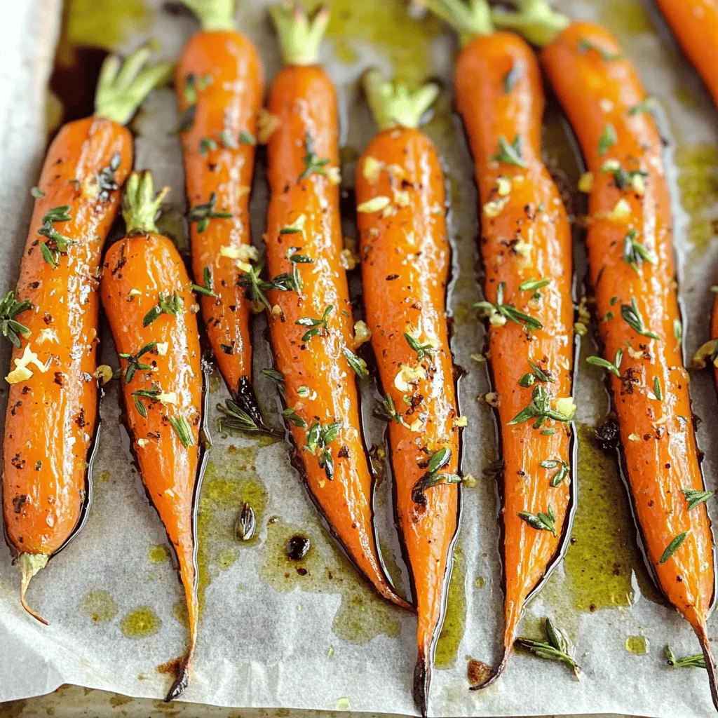- 1 lb (450 g) baby carrots, peeled - 4 tablespoons olive oil - 4 cloves garlic, minced - 2 tablespoons fresh rosemary, finely chopped - 2 tablespoons fresh thyme, finely chopped - 1 teaspoon sea salt - 1/2 teaspoon black pepper - Zest of 1 lemon - 2 tablespoons balsamic vinegar - Different herb combinations - Citrus alternatives - Sweeteners for added flavor Garlic herb roasted carrots are simple yet full of flavor. The key is fresh ingredients. Start with baby carrots. Their sweetness shines when roasted. You can peel them for a smooth texture, but it is not required. Next, gather your aromatics. Olive oil acts as a base for the herbs and garlic. It helps the carrots roast evenly and adds richness. The minced garlic brings a punch that pairs well with the sweet carrots. Adding fresh rosemary and thyme boosts the flavor. These herbs add a lovely aroma and a touch of earthiness. For seasoning, use sea salt and black pepper. They enhance the natural sweetness of the carrots. Finally, lemon zest brightens the dish. It adds a refreshing note that balances the richness. Balsamic vinegar is the last touch. Drizzle it over the roasted carrots for a sweet-tangy finish. This combination creates a dish that is not only tasty but also beautiful. Feel free to experiment with optional add-ins. Different herbs like dill or parsley can change the flavor profile. Citrus alternatives, such as orange zest, can add a new twist. Sweeteners, like honey or maple syrup, can enhance the natural sweetness of the carrots. For the full recipe, check out the complete instructions I provided earlier. It’s a dish that everyone will love! First, preheat your oven to 425°F (220°C). This high heat helps the carrots roast perfectly. While the oven warms up, grab a baking sheet and line it with parchment paper. This makes cleanup easy! Next, you’ll want to prepare the carrots. Take 1 pound of baby carrots and peel them if they are not pre-peeled. Place the carrots in a large mixing bowl. Pour in 4 tablespoons of olive oil. Add 4 minced garlic cloves, 2 tablespoons of chopped rosemary, 2 tablespoons of chopped thyme, 1 teaspoon of sea salt, and 1/2 teaspoon of black pepper. Toss everything together until the carrots are well-coated in the mixture. Now, spread the seasoned carrots in a single layer on your prepared baking sheet. Make sure they have space between them. This way, they will cook evenly. Place the baking sheet in your preheated oven. Roast the carrots for about 25 to 30 minutes. Remember to toss them halfway through cooking. This helps them brown nicely on all sides. Once the carrots are tender and caramelized, take them out of the oven. Drizzle 2 tablespoons of balsamic vinegar over the warm carrots. Then, sprinkle the zest of 1 lemon on top. Toss them again to mix these bright flavors. For serving, I recommend placing the roasted carrots on a nice platter. You can garnish with extra fresh herbs for a pop of color. Enjoy them hot! For the full recipe, check out the details above. When choosing carrots, baby carrots work great for this dish. They are sweet and tender. You can also use regular carrots, just cut them into smaller pieces. Look for carrots that are firm and smooth. The color should be bright orange or yellow. Avoid carrots that are soft or have dark spots. Fresh carrots will have green tops. If you see greens, they are fresh! To get nice caramelization, spread the carrots in one layer on the baking sheet. Overcrowding them can lead to steaming, not roasting. Toss them halfway through cooking. This helps them brown evenly. To avoid mushy carrots, do not cook them too long. Keep an eye on them during the last few minutes. They should be tender but still firm. For a beautiful dish, sprinkle fresh herbs on top. This adds color and flavor. You can use extra rosemary or thyme. Serve the carrots on a nice plate, and drizzle some balsamic vinegar on them. For a fun twist, add lemon slices for a pop of color. Arrange them in a circle or stack them for height. This makes the dish look fancy, even though it’s so easy! {{image_2}} You can make garlic herb roasted carrots even better. Adding nuts brings a nice crunch. Almonds or walnuts work well. Just chop them up and toss them with the carrots before roasting. You can also change the herbs. Instead of rosemary and thyme, try dill or parsley. Each herb gives a new taste. For extra spice, you can add cumin or paprika. These changes make the dish fun and fresh. This dish can fit many diets. To make it vegan, just stick to the original recipe. It is already plant-based. If you need it gluten-free, this recipe is safe. All the ingredients are gluten-free. For those watching carbs, you can swap carrots for zucchini. Zucchini also roasts well and tastes great. You can enjoy a low-carb version without losing flavor. Garlic herb roasted carrots pair well with many proteins. They go nicely with chicken, fish, or tofu. You can serve them as a main dish or a tasty side. You can also use these carrots in salads. Slice them thin after roasting and mix them in. They add color and flavor to any salad. You can even make a grain bowl with them for a healthy meal. Don't forget to check the full recipe to get all the details! To store leftover garlic herb roasted carrots, first let them cool. Place them in an airtight container. Make sure to seal it well to keep moisture out. Store the container in the refrigerator. Your carrots will stay fresh for about three to five days. For freezing, use a freezer-safe bag or container. Spread the carrots in a single layer to avoid clumping. Label the bag with the date. When you freeze them this way, they can last for up to three months. You can reheat your carrots in the oven or microwave. For the oven, preheat it to 350°F (175°C). Spread the carrots on a baking sheet. Heat them for about 10-15 minutes, until they are warm. This keeps them crisp and tasty. In the microwave, place the carrots in a microwave-safe bowl. Cover with a lid or damp paper towel. Heat in short bursts of 30 seconds. Stir in between to ensure even heating. This method is quick but may soften the texture. In the fridge, garlic herb roasted carrots last about three to five days. Check for any changes in color or smell. If they look slimy or have an off smell, it’s best to toss them. For frozen carrots, use them within three months for the best flavor. After that, they can lose taste and texture. For garlic herb roasted carrots, fresh herbs work best. I like using rosemary and thyme. They add a rich flavor. You can mix in parsley or dill for a twist. Try using herbs that you enjoy most. This makes the dish more personal. You can use frozen carrots, but they will be softer. Fresh carrots have a nice crunch that frozen ones lack. Frozen carrots need longer cooking times. If you use them, roast for about 35 to 40 minutes. Make sure to check for tenderness. Garlic herb roasted carrots pair well with many dishes. They go great with roasted chicken or fish. Try serving them alongside a fresh salad. They also complement grain dishes like quinoa or rice. These choices make a colorful and tasty meal. I crafted this full recipe from my love of simple, tasty food. I wanted to highlight the natural sweetness of carrots. Working with chefs taught me the beauty of herbs. I aimed for a dish that is quick but full of flavor. It is a great way to enjoy fresh produce. This blog post covered how to make garlic herb roasted carrots. You learned about the ingredients needed and how to prepare them for roasting. I shared tips for selecting and cooking carrots to get great results. Variations and storage tips ensure your dish stays fresh and tasty. Embrace your creativity with this simple recipe. Enjoy making these carrots your way!