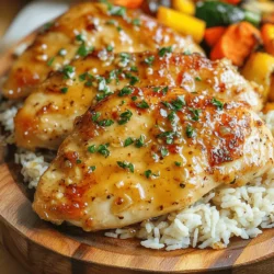 - 4 boneless, skinless chicken breasts - 1/3 cup honey - 3 cloves garlic, minced - 2 tablespoons soy sauce (low-sodium preferred) - 1 tablespoon apple cider vinegar - 1 tablespoon cornstarch - 2 tablespoons olive oil - Salt and pepper to taste - Fresh parsley, chopped (for garnish) - Medium bowl - Skillet - Resealable plastic bag or shallow dish - Whisk To create a great dish, you need the right ingredients. The chicken breasts are the star here. They are lean and soak up flavors well. Honey gives a nice sweetness. Garlic adds depth and aroma. Low-sodium soy sauce keeps it savory without too much salt. Apple cider vinegar adds a nice tang. Cornstarch helps thicken the sauce later. Olive oil keeps the chicken juicy while cooking. Do not forget salt and pepper for seasoning. Finally, fresh parsley brightens up the dish when you serve it. Gather these items before you start. It makes cooking smoother and more fun. You can find all these ingredients at your local store. If you want to see how to use them, check out the Full Recipe. First, we need to make the marinade. In a medium bowl, whisk together the honey, minced garlic, soy sauce, apple cider vinegar, and cornstarch. This mix gives the chicken a sweet and savory flavor that you will love. Next, season your chicken breasts. Sprinkle salt and pepper on both sides. This simple step adds a nice touch to your chicken. Then, combine the chicken and marinade. Place the chicken breasts in a large resealable bag or shallow dish. Pour the marinade over the chicken. Make sure each piece is well coated. Seal the bag or cover the dish, then put it in the fridge for at least 30 minutes. If you have time, marinate for up to 2 hours to boost the flavor. Now, let’s cook the chicken. Heat olive oil in a large skillet over medium heat. This step is key for getting a nice sear on the chicken. After the oil is hot, take the chicken out of the marinade. Let the excess marinade drip off. Place the chicken in the skillet. Cook the chicken for about 5 to 7 minutes on each side. You want the outside to be golden brown, and the inside should reach an internal temperature of 165°F (75°C). Once the chicken is cooked, it’s time to make the sauce. Remove the chicken from the skillet and cover it with aluminum foil to keep it warm. In the same skillet, add the reserved marinade. Bring it to a simmer over medium heat. Cook for 2 to 3 minutes. Stir frequently until the sauce thickens slightly. Now, you can drizzle this thickened sauce over the chicken or toss the chicken in the skillet to coat it well. This adds extra flavor to every bite. Enjoy your Easy Honey Garlic Chicken Breasts! For more details, check the Full Recipe. - Recommended marinating times: I suggest marinating your chicken breasts for at least 30 minutes. For the best flavor, aim for up to 2 hours. This allows the chicken to soak up the honey garlic goodness. - Impact of timing on flavor: The longer you marinate, the deeper the flavor. A quick marinade gives a hint of taste, while a longer one makes every bite burst with flavor. - Ensuring even cooking: Make sure your chicken breasts are about the same thickness. This helps them cook evenly. If some pieces are thicker, pound them down gently with a meat mallet. - Checking doneness with a meat thermometer: Always use a meat thermometer. Chicken should reach 165°F (75°C) to be safe to eat. This ensures juicy chicken without undercooking or overcooking. - Best side dishes to complement the dish: Pair your honey garlic chicken with steamed rice or roasted vegetables. These sides soak up the sauce well and balance the meal. - Presentation tips for an appealing meal: Serve the chicken on a nice platter, drizzled with sauce. Add a sprinkle of fresh parsley for color. This simple touch makes the dish look gourmet. You can find the full recipe to impress your guests. {{image_2}} You might want to change the honey in this dish. Maple syrup is a great alternative. It brings a sweet flavor, too. You can also use agave nectar if you prefer. Both swaps keep the dish delicious. For vinegar, you can swap apple cider vinegar for rice vinegar. Rice vinegar adds a mild taste. You can even try balsamic vinegar for a richer flavor. Each change gives a new twist to your honey garlic chicken. Want some spice? Add red pepper flakes or a pinch of cayenne. This will give your dish a nice kick. If you like herbs, consider adding fresh thyme or rosemary. They work great with chicken and add depth. You can also toss in veggies like bell peppers or broccoli. These not only add color but also nutrition. Sauté them with the chicken for a one-pan meal. It makes the dish even more appealing. If you're gluten-free, use a gluten-free soy sauce. There are many brands available today. This way, you can enjoy the dish without worry. For a low-sugar option, try using a sugar substitute in place of honey. Products like monk fruit sweetener can work well. Just adjust the amount to your taste. You will still have a tasty dish without the extra sugar. For more ideas, check out the Full Recipe. To store leftovers, let the chicken cool to room temperature. Place it in an airtight container. This helps keep it fresh. You can store it in the fridge for up to four days. When reheating, use the microwave or skillet. Heat it gently to avoid drying out the chicken. To freeze cooked chicken, let it cool first. Wrap it tightly in plastic wrap. Then, place it in a freezer bag. Make sure to squeeze out all the air. For best results, use it within three months. Thaw in the fridge overnight before reheating. You can also use the microwave for quick thawing. In the fridge, this dish lasts about four days. Keep an eye out for any changes in color or smell. If the chicken looks slimy or has a sour odor, it’s time to toss it. Always trust your senses when checking for spoilage. For the best flavor, marinate chicken breasts for at least 30 minutes. You can go up to 2 hours for deeper taste. Longer marination gives you more sweetness and garlic flavor. Just don’t exceed 24 hours to avoid mushiness. Yes, you can use bone-in chicken. Adjust the cooking time to 10-12 minutes per side. Make sure the internal temperature reaches 165°F. Bone-in chicken cooks more slowly, so check it often. If you need a soy sauce alternative, try coconut aminos. It’s soy-free and has a mild flavor. You can also use tamari for a gluten-free option. For a sweeter taste, mix balsamic vinegar with some water. In this article, we explored the key ingredients and tools needed for a delicious chicken dish. We walked through marinating, cooking, and creating a rich sauce. I provided helpful tips to enhance flavor and ensure perfect cooking. Remember, you can customize this recipe with various ingredients and flavors. Follow the storage tips for freshness and enjoy your tasty meals!