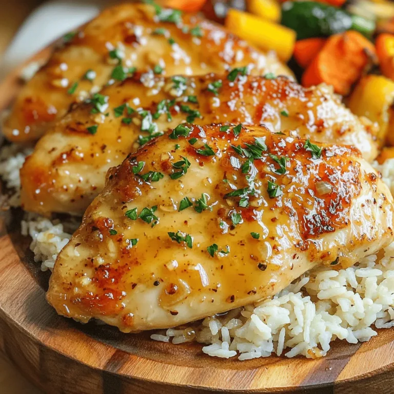 - 4 boneless, skinless chicken breasts - 1/3 cup honey - 3 cloves garlic, minced - 2 tablespoons soy sauce (low-sodium preferred) - 1 tablespoon apple cider vinegar - 1 tablespoon cornstarch - 2 tablespoons olive oil - Salt and pepper to taste - Fresh parsley, chopped (for garnish) - Medium bowl - Skillet - Resealable plastic bag or shallow dish - Whisk To create a great dish, you need the right ingredients. The chicken breasts are the star here. They are lean and soak up flavors well. Honey gives a nice sweetness. Garlic adds depth and aroma. Low-sodium soy sauce keeps it savory without too much salt. Apple cider vinegar adds a nice tang. Cornstarch helps thicken the sauce later. Olive oil keeps the chicken juicy while cooking. Do not forget salt and pepper for seasoning. Finally, fresh parsley brightens up the dish when you serve it. Gather these items before you start. It makes cooking smoother and more fun. You can find all these ingredients at your local store. If you want to see how to use them, check out the Full Recipe. First, we need to make the marinade. In a medium bowl, whisk together the honey, minced garlic, soy sauce, apple cider vinegar, and cornstarch. This mix gives the chicken a sweet and savory flavor that you will love. Next, season your chicken breasts. Sprinkle salt and pepper on both sides. This simple step adds a nice touch to your chicken. Then, combine the chicken and marinade. Place the chicken breasts in a large resealable bag or shallow dish. Pour the marinade over the chicken. Make sure each piece is well coated. Seal the bag or cover the dish, then put it in the fridge for at least 30 minutes. If you have time, marinate for up to 2 hours to boost the flavor. Now, let’s cook the chicken. Heat olive oil in a large skillet over medium heat. This step is key for getting a nice sear on the chicken. After the oil is hot, take the chicken out of the marinade. Let the excess marinade drip off. Place the chicken in the skillet. Cook the chicken for about 5 to 7 minutes on each side. You want the outside to be golden brown, and the inside should reach an internal temperature of 165°F (75°C). Once the chicken is cooked, it’s time to make the sauce. Remove the chicken from the skillet and cover it with aluminum foil to keep it warm. In the same skillet, add the reserved marinade. Bring it to a simmer over medium heat. Cook for 2 to 3 minutes. Stir frequently until the sauce thickens slightly. Now, you can drizzle this thickened sauce over the chicken or toss the chicken in the skillet to coat it well. This adds extra flavor to every bite. Enjoy your Easy Honey Garlic Chicken Breasts! For more details, check the Full Recipe. - Recommended marinating times: I suggest marinating your chicken breasts for at least 30 minutes. For the best flavor, aim for up to 2 hours. This allows the chicken to soak up the honey garlic goodness. - Impact of timing on flavor: The longer you marinate, the deeper the flavor. A quick marinade gives a hint of taste, while a longer one makes every bite burst with flavor. - Ensuring even cooking: Make sure your chicken breasts are about the same thickness. This helps them cook evenly. If some pieces are thicker, pound them down gently with a meat mallet. - Checking doneness with a meat thermometer: Always use a meat thermometer. Chicken should reach 165°F (75°C) to be safe to eat. This ensures juicy chicken without undercooking or overcooking. - Best side dishes to complement the dish: Pair your honey garlic chicken with steamed rice or roasted vegetables. These sides soak up the sauce well and balance the meal. - Presentation tips for an appealing meal: Serve the chicken on a nice platter, drizzled with sauce. Add a sprinkle of fresh parsley for color. This simple touch makes the dish look gourmet. You can find the full recipe to impress your guests. {{image_2}} You might want to change the honey in this dish. Maple syrup is a great alternative. It brings a sweet flavor, too. You can also use agave nectar if you prefer. Both swaps keep the dish delicious. For vinegar, you can swap apple cider vinegar for rice vinegar. Rice vinegar adds a mild taste. You can even try balsamic vinegar for a richer flavor. Each change gives a new twist to your honey garlic chicken. Want some spice? Add red pepper flakes or a pinch of cayenne. This will give your dish a nice kick. If you like herbs, consider adding fresh thyme or rosemary. They work great with chicken and add depth. You can also toss in veggies like bell peppers or broccoli. These not only add color but also nutrition. Sauté them with the chicken for a one-pan meal. It makes the dish even more appealing. If you're gluten-free, use a gluten-free soy sauce. There are many brands available today. This way, you can enjoy the dish without worry. For a low-sugar option, try using a sugar substitute in place of honey. Products like monk fruit sweetener can work well. Just adjust the amount to your taste. You will still have a tasty dish without the extra sugar. For more ideas, check out the Full Recipe. To store leftovers, let the chicken cool to room temperature. Place it in an airtight container. This helps keep it fresh. You can store it in the fridge for up to four days. When reheating, use the microwave or skillet. Heat it gently to avoid drying out the chicken. To freeze cooked chicken, let it cool first. Wrap it tightly in plastic wrap. Then, place it in a freezer bag. Make sure to squeeze out all the air. For best results, use it within three months. Thaw in the fridge overnight before reheating. You can also use the microwave for quick thawing. In the fridge, this dish lasts about four days. Keep an eye out for any changes in color or smell. If the chicken looks slimy or has a sour odor, it’s time to toss it. Always trust your senses when checking for spoilage. For the best flavor, marinate chicken breasts for at least 30 minutes. You can go up to 2 hours for deeper taste. Longer marination gives you more sweetness and garlic flavor. Just don’t exceed 24 hours to avoid mushiness. Yes, you can use bone-in chicken. Adjust the cooking time to 10-12 minutes per side. Make sure the internal temperature reaches 165°F. Bone-in chicken cooks more slowly, so check it often. If you need a soy sauce alternative, try coconut aminos. It’s soy-free and has a mild flavor. You can also use tamari for a gluten-free option. For a sweeter taste, mix balsamic vinegar with some water. In this article, we explored the key ingredients and tools needed for a delicious chicken dish. We walked through marinating, cooking, and creating a rich sauce. I provided helpful tips to enhance flavor and ensure perfect cooking. Remember, you can customize this recipe with various ingredients and flavors. Follow the storage tips for freshness and enjoy your tasty meals!