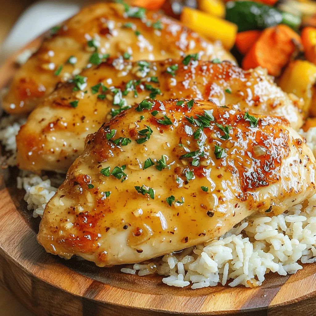 - 4 boneless, skinless chicken breasts - 1/3 cup honey - 3 cloves garlic, minced - 2 tablespoons soy sauce (low-sodium preferred) - 1 tablespoon apple cider vinegar - 1 tablespoon cornstarch - 2 tablespoons olive oil - Salt and pepper to taste - Fresh parsley, chopped (for garnish) - Medium bowl - Skillet - Resealable plastic bag or shallow dish - Whisk To create a great dish, you need the right ingredients. The chicken breasts are the star here. They are lean and soak up flavors well. Honey gives a nice sweetness. Garlic adds depth and aroma. Low-sodium soy sauce keeps it savory without too much salt. Apple cider vinegar adds a nice tang. Cornstarch helps thicken the sauce later. Olive oil keeps the chicken juicy while cooking. Do not forget salt and pepper for seasoning. Finally, fresh parsley brightens up the dish when you serve it. Gather these items before you start. It makes cooking smoother and more fun. You can find all these ingredients at your local store. If you want to see how to use them, check out the Full Recipe. First, we need to make the marinade. In a medium bowl, whisk together the honey, minced garlic, soy sauce, apple cider vinegar, and cornstarch. This mix gives the chicken a sweet and savory flavor that you will love. Next, season your chicken breasts. Sprinkle salt and pepper on both sides. This simple step adds a nice touch to your chicken. Then, combine the chicken and marinade. Place the chicken breasts in a large resealable bag or shallow dish. Pour the marinade over the chicken. Make sure each piece is well coated. Seal the bag or cover the dish, then put it in the fridge for at least 30 minutes. If you have time, marinate for up to 2 hours to boost the flavor. Now, let’s cook the chicken. Heat olive oil in a large skillet over medium heat. This step is key for getting a nice sear on the chicken. After the oil is hot, take the chicken out of the marinade. Let the excess marinade drip off. Place the chicken in the skillet. Cook the chicken for about 5 to 7 minutes on each side. You want the outside to be golden brown, and the inside should reach an internal temperature of 165°F (75°C). Once the chicken is cooked, it’s time to make the sauce. Remove the chicken from the skillet and cover it with aluminum foil to keep it warm. In the same skillet, add the reserved marinade. Bring it to a simmer over medium heat. Cook for 2 to 3 minutes. Stir frequently until the sauce thickens slightly. Now, you can drizzle this thickened sauce over the chicken or toss the chicken in the skillet to coat it well. This adds extra flavor to every bite. Enjoy your Easy Honey Garlic Chicken Breasts! For more details, check the Full Recipe. - Recommended marinating times: I suggest marinating your chicken breasts for at least 30 minutes. For the best flavor, aim for up to 2 hours. This allows the chicken to soak up the honey garlic goodness. - Impact of timing on flavor: The longer you marinate, the deeper the flavor. A quick marinade gives a hint of taste, while a longer one makes every bite burst with flavor. - Ensuring even cooking: Make sure your chicken breasts are about the same thickness. This helps them cook evenly. If some pieces are thicker, pound them down gently with a meat mallet. - Checking doneness with a meat thermometer: Always use a meat thermometer. Chicken should reach 165°F (75°C) to be safe to eat. This ensures juicy chicken without undercooking or overcooking. - Best side dishes to complement the dish: Pair your honey garlic chicken with steamed rice or roasted vegetables. These sides soak up the sauce well and balance the meal. - Presentation tips for an appealing meal: Serve the chicken on a nice platter, drizzled with sauce. Add a sprinkle of fresh parsley for color. This simple touch makes the dish look gourmet. You can find the full recipe to impress your guests. {{image_2}} You might want to change the honey in this dish. Maple syrup is a great alternative. It brings a sweet flavor, too. You can also use agave nectar if you prefer. Both swaps keep the dish delicious. For vinegar, you can swap apple cider vinegar for rice vinegar. Rice vinegar adds a mild taste. You can even try balsamic vinegar for a richer flavor. Each change gives a new twist to your honey garlic chicken. Want some spice? Add red pepper flakes or a pinch of cayenne. This will give your dish a nice kick. If you like herbs, consider adding fresh thyme or rosemary. They work great with chicken and add depth. You can also toss in veggies like bell peppers or broccoli. These not only add color but also nutrition. Sauté them with the chicken for a one-pan meal. It makes the dish even more appealing. If you're gluten-free, use a gluten-free soy sauce. There are many brands available today. This way, you can enjoy the dish without worry. For a low-sugar option, try using a sugar substitute in place of honey. Products like monk fruit sweetener can work well. Just adjust the amount to your taste. You will still have a tasty dish without the extra sugar. For more ideas, check out the Full Recipe. To store leftovers, let the chicken cool to room temperature. Place it in an airtight container. This helps keep it fresh. You can store it in the fridge for up to four days. When reheating, use the microwave or skillet. Heat it gently to avoid drying out the chicken. To freeze cooked chicken, let it cool first. Wrap it tightly in plastic wrap. Then, place it in a freezer bag. Make sure to squeeze out all the air. For best results, use it within three months. Thaw in the fridge overnight before reheating. You can also use the microwave for quick thawing. In the fridge, this dish lasts about four days. Keep an eye out for any changes in color or smell. If the chicken looks slimy or has a sour odor, it’s time to toss it. Always trust your senses when checking for spoilage. For the best flavor, marinate chicken breasts for at least 30 minutes. You can go up to 2 hours for deeper taste. Longer marination gives you more sweetness and garlic flavor. Just don’t exceed 24 hours to avoid mushiness. Yes, you can use bone-in chicken. Adjust the cooking time to 10-12 minutes per side. Make sure the internal temperature reaches 165°F. Bone-in chicken cooks more slowly, so check it often. If you need a soy sauce alternative, try coconut aminos. It’s soy-free and has a mild flavor. You can also use tamari for a gluten-free option. For a sweeter taste, mix balsamic vinegar with some water. In this article, we explored the key ingredients and tools needed for a delicious chicken dish. We walked through marinating, cooking, and creating a rich sauce. I provided helpful tips to enhance flavor and ensure perfect cooking. Remember, you can customize this recipe with various ingredients and flavors. Follow the storage tips for freshness and enjoy your tasty meals!