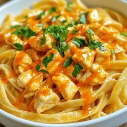 - 8 oz fettuccine pasta - 1 lb chicken breast, diced - 1/2 cup buffalo sauce - 1 cup heavy cream - 1 cup grated Parmesan cheese - 2 tablespoons olive oil - Garlic powder, onion powder, paprika - Fresh parsley for garnish - You can use gluten-free pasta if needed. - For a dairy-free version, try almond or coconut cream. Using different ingredients can change the flavor and texture. This lets you make the dish your own. Want a spicier kick? Add more buffalo sauce. Prefer it mild? Use less. When picking your chicken, look for fresh, high-quality meat. It makes a big difference in taste. For a fun twist, try adding shrimp or tofu instead of chicken. You can also mix in seasonal veggies for extra nutrition. The Full Recipe guides you through each step, ensuring a delicious meal every time. Start by boiling water in a large pot. Add salt to make the pasta tasty. Then, add 8 oz of fettuccine pasta. Cook according to the package instructions. This usually takes about 8-10 minutes. You want the pasta to be al dente, which means it should be firm but not hard. To check, taste a piece a minute or two before the time is up. When done, drain the pasta and save 1/2 cup of the water for later. In a large skillet, heat 2 tablespoons of olive oil over medium-high heat. Add 1 lb of diced chicken breast. Season the chicken with 1 teaspoon garlic powder, 1 teaspoon onion powder, 1 teaspoon paprika, salt, and pepper to taste. Cook for about 6-8 minutes. You want the chicken to be golden brown. Browning adds a lot of flavor to the dish. Make sure to stir it often so it cooks evenly. Once the chicken is cooked, lower the heat. Pour 1/2 cup of buffalo sauce over the chicken. Stir well to coat the chicken. Cook for another 2 minutes to blend the flavors. Now, it's time to make the creamy Alfredo sauce. Move the chicken to one side of the skillet. Pour in 1 cup of heavy cream and stir until it starts to simmer. Gradually whisk in 1 cup of grated Parmesan cheese until it's melted and creamy. This creates a rich and delicious sauce that pairs perfectly with the chicken. Don't forget to check out the Full Recipe for all the details! To get the best taste from your buffalo chicken Alfredo pasta, start by balancing the spice from the buffalo sauce. You want a kick but not too much heat. If the sauce is too spicy, add more cream or cheese to tone it down. Next, think about adding herbs and spices. Fresh parsley brightens the dish. You can also use garlic powder or onion powder for more depth. Try adding some dried oregano or thyme for extra flavor. When making your sauce, decide if you want it creamy or thick. For a creamy sauce, use more heavy cream. If you want it thicker, let it simmer a bit longer to reduce it. Pasta water is your secret weapon! It helps achieve the right consistency. Always save a bit of pasta water after cooking. If your sauce is too thick, add some water to loosen it up. Buffalo chicken Alfredo pasta pairs well with simple sides. A fresh salad or steamed broccoli complements the richness of the dish. For presentation, serve it in deep bowls. Garnish with chopped parsley and drizzle extra buffalo sauce on top for a spicy touch. You can also sprinkle more Parmesan cheese for a flavorful finish. Enjoy your meal with a glass of iced tea or lemonade! {{image_2}} You can easily switch up the protein in this dish. Shrimp or tofu work great. Shrimp adds a sweet touch, while tofu gives a nice texture. Using seasonal vegetables can boost nutrition. Think about adding spinach or bell peppers for color and flavor. Want a new taste? Try different sauces! You can use ranch dressing or blue cheese for a fun twist. These alternatives will change the flavor profile while keeping it creamy. Mix these sauces in with the buffalo sauce for a unique experience. Adjust the buffalo sauce to match your heat level. If you want it mild, use less sauce. For families, this is a smart choice. You can even add a dollop of sour cream to cool the heat. Everyone can enjoy Buffalo Chicken Alfredo Pasta! To keep your Buffalo Chicken Alfredo Pasta fresh, follow these steps. First, allow the pasta to cool completely at room temperature. Then, transfer it to an airtight container. This helps prevent moisture loss and keeps flavors intact. Store the container in your refrigerator. Buffalo Chicken Alfredo Pasta lasts about 3 to 4 days in the fridge. To freeze your dish, place it in a freezer-safe container. Leave some space at the top for expansion. It’s best to freeze it in portions. This way, you can grab just what you need later. When it’s time to eat, thaw the pasta in the fridge overnight. For reheating, place it in a skillet over low heat. Add a splash of cream or broth to keep it moist. Stir gently until warmed through, and enjoy! Prepping for the week can save time. You can chop your chicken and mix the spices in advance. Store them in the fridge for easy cooking. Cook your pasta and sauce on a busy night for a quick meal. You can also make a big batch and freeze portions. This way, you can have a tasty dinner ready in minutes. You can make this dish lighter with some easy swaps. Use whole wheat pasta instead of regular fettuccine. This adds fiber and nutrients. Choose lean chicken breast or swap it for turkey. For the sauce, try reduced-fat cream or Greek yogurt. These options cut calories without losing taste. You can also use less buffalo sauce and add spices for flavor. Yes, you can easily make this dish vegetarian. Instead of chicken, use diced tofu or tempeh. These options soak up flavors well. For a veggie boost, add sautéed bell peppers or spinach. Use vegetable broth in place of chicken broth for the sauce. This keeps the creamy texture while being meat-free. If your sauce is too thick, don't worry! You can fix it easily. Use the reserved pasta water to thin the sauce. Add a little at a time until it reaches your desired texture. If you want it creamier, add a splash of heavy cream. Stir well to mix everything together. You can use store-bought Alfredo sauce for quick cooking. It saves time and effort. However, it may taste different from homemade sauce. Check for flavor and adjust seasoning as needed. To make it better, mix in some buffalo sauce. This adds a kick and blends the flavors nicely. To reheat leftovers, use a skillet over low heat. Add a splash of milk or cream to keep it moist. Stir frequently to avoid burning. You can also use the microwave. Heat in short bursts, stirring in between. This ensures even heating and keeps the flavor intact. This recipe for Buffalo Chicken Alfredo Pasta combines great flavors and simple steps. You learned about key ingredients, cooking techniques, and tasty variations. Remember, you can customize this dish to suit your taste. Whether you want it spicy or mild, it’s all about balance and fun. Store leftovers easily and enjoy them later. With this guide, you can confidently create a delicious meal your family will love. Dive into your kitchen and start cooking!