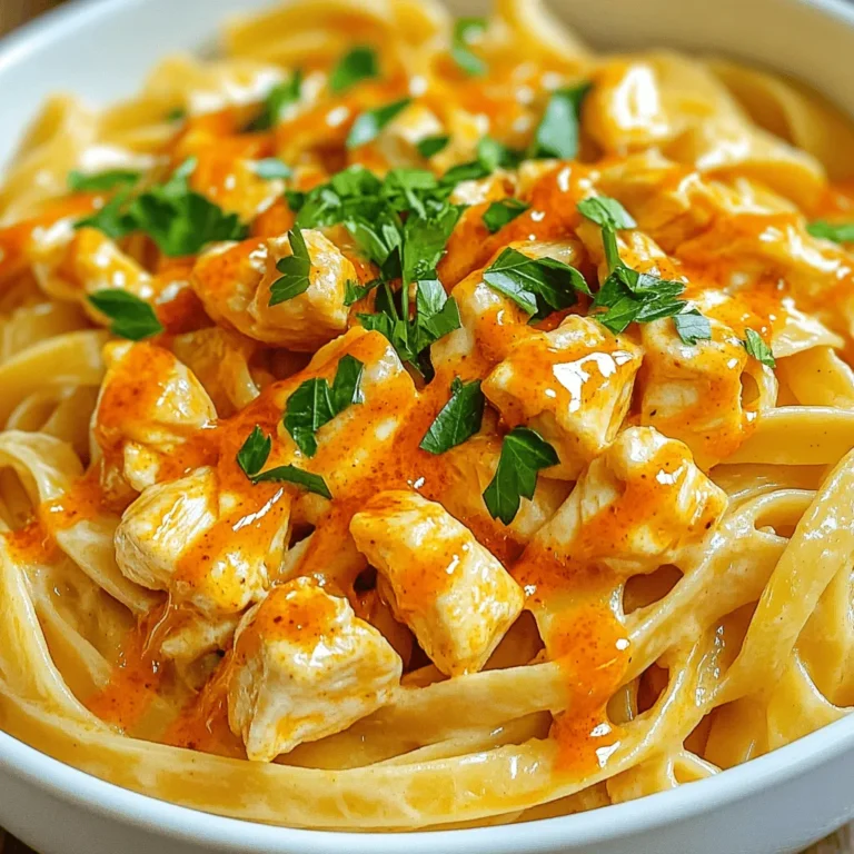 - 8 oz fettuccine pasta - 1 lb chicken breast, diced - 1/2 cup buffalo sauce - 1 cup heavy cream - 1 cup grated Parmesan cheese - 2 tablespoons olive oil - Garlic powder, onion powder, paprika - Fresh parsley for garnish - You can use gluten-free pasta if needed. - For a dairy-free version, try almond or coconut cream. Using different ingredients can change the flavor and texture. This lets you make the dish your own. Want a spicier kick? Add more buffalo sauce. Prefer it mild? Use less. When picking your chicken, look for fresh, high-quality meat. It makes a big difference in taste. For a fun twist, try adding shrimp or tofu instead of chicken. You can also mix in seasonal veggies for extra nutrition. The Full Recipe guides you through each step, ensuring a delicious meal every time. Start by boiling water in a large pot. Add salt to make the pasta tasty. Then, add 8 oz of fettuccine pasta. Cook according to the package instructions. This usually takes about 8-10 minutes. You want the pasta to be al dente, which means it should be firm but not hard. To check, taste a piece a minute or two before the time is up. When done, drain the pasta and save 1/2 cup of the water for later. In a large skillet, heat 2 tablespoons of olive oil over medium-high heat. Add 1 lb of diced chicken breast. Season the chicken with 1 teaspoon garlic powder, 1 teaspoon onion powder, 1 teaspoon paprika, salt, and pepper to taste. Cook for about 6-8 minutes. You want the chicken to be golden brown. Browning adds a lot of flavor to the dish. Make sure to stir it often so it cooks evenly. Once the chicken is cooked, lower the heat. Pour 1/2 cup of buffalo sauce over the chicken. Stir well to coat the chicken. Cook for another 2 minutes to blend the flavors. Now, it's time to make the creamy Alfredo sauce. Move the chicken to one side of the skillet. Pour in 1 cup of heavy cream and stir until it starts to simmer. Gradually whisk in 1 cup of grated Parmesan cheese until it's melted and creamy. This creates a rich and delicious sauce that pairs perfectly with the chicken. Don't forget to check out the Full Recipe for all the details! To get the best taste from your buffalo chicken Alfredo pasta, start by balancing the spice from the buffalo sauce. You want a kick but not too much heat. If the sauce is too spicy, add more cream or cheese to tone it down. Next, think about adding herbs and spices. Fresh parsley brightens the dish. You can also use garlic powder or onion powder for more depth. Try adding some dried oregano or thyme for extra flavor. When making your sauce, decide if you want it creamy or thick. For a creamy sauce, use more heavy cream. If you want it thicker, let it simmer a bit longer to reduce it. Pasta water is your secret weapon! It helps achieve the right consistency. Always save a bit of pasta water after cooking. If your sauce is too thick, add some water to loosen it up. Buffalo chicken Alfredo pasta pairs well with simple sides. A fresh salad or steamed broccoli complements the richness of the dish. For presentation, serve it in deep bowls. Garnish with chopped parsley and drizzle extra buffalo sauce on top for a spicy touch. You can also sprinkle more Parmesan cheese for a flavorful finish. Enjoy your meal with a glass of iced tea or lemonade! {{image_2}} You can easily switch up the protein in this dish. Shrimp or tofu work great. Shrimp adds a sweet touch, while tofu gives a nice texture. Using seasonal vegetables can boost nutrition. Think about adding spinach or bell peppers for color and flavor. Want a new taste? Try different sauces! You can use ranch dressing or blue cheese for a fun twist. These alternatives will change the flavor profile while keeping it creamy. Mix these sauces in with the buffalo sauce for a unique experience. Adjust the buffalo sauce to match your heat level. If you want it mild, use less sauce. For families, this is a smart choice. You can even add a dollop of sour cream to cool the heat. Everyone can enjoy Buffalo Chicken Alfredo Pasta! To keep your Buffalo Chicken Alfredo Pasta fresh, follow these steps. First, allow the pasta to cool completely at room temperature. Then, transfer it to an airtight container. This helps prevent moisture loss and keeps flavors intact. Store the container in your refrigerator. Buffalo Chicken Alfredo Pasta lasts about 3 to 4 days in the fridge. To freeze your dish, place it in a freezer-safe container. Leave some space at the top for expansion. It’s best to freeze it in portions. This way, you can grab just what you need later. When it’s time to eat, thaw the pasta in the fridge overnight. For reheating, place it in a skillet over low heat. Add a splash of cream or broth to keep it moist. Stir gently until warmed through, and enjoy! Prepping for the week can save time. You can chop your chicken and mix the spices in advance. Store them in the fridge for easy cooking. Cook your pasta and sauce on a busy night for a quick meal. You can also make a big batch and freeze portions. This way, you can have a tasty dinner ready in minutes. You can make this dish lighter with some easy swaps. Use whole wheat pasta instead of regular fettuccine. This adds fiber and nutrients. Choose lean chicken breast or swap it for turkey. For the sauce, try reduced-fat cream or Greek yogurt. These options cut calories without losing taste. You can also use less buffalo sauce and add spices for flavor. Yes, you can easily make this dish vegetarian. Instead of chicken, use diced tofu or tempeh. These options soak up flavors well. For a veggie boost, add sautéed bell peppers or spinach. Use vegetable broth in place of chicken broth for the sauce. This keeps the creamy texture while being meat-free. If your sauce is too thick, don't worry! You can fix it easily. Use the reserved pasta water to thin the sauce. Add a little at a time until it reaches your desired texture. If you want it creamier, add a splash of heavy cream. Stir well to mix everything together. You can use store-bought Alfredo sauce for quick cooking. It saves time and effort. However, it may taste different from homemade sauce. Check for flavor and adjust seasoning as needed. To make it better, mix in some buffalo sauce. This adds a kick and blends the flavors nicely. To reheat leftovers, use a skillet over low heat. Add a splash of milk or cream to keep it moist. Stir frequently to avoid burning. You can also use the microwave. Heat in short bursts, stirring in between. This ensures even heating and keeps the flavor intact. This recipe for Buffalo Chicken Alfredo Pasta combines great flavors and simple steps. You learned about key ingredients, cooking techniques, and tasty variations. Remember, you can customize this dish to suit your taste. Whether you want it spicy or mild, it’s all about balance and fun. Store leftovers easily and enjoy them later. With this guide, you can confidently create a delicious meal your family will love. Dive into your kitchen and start cooking!