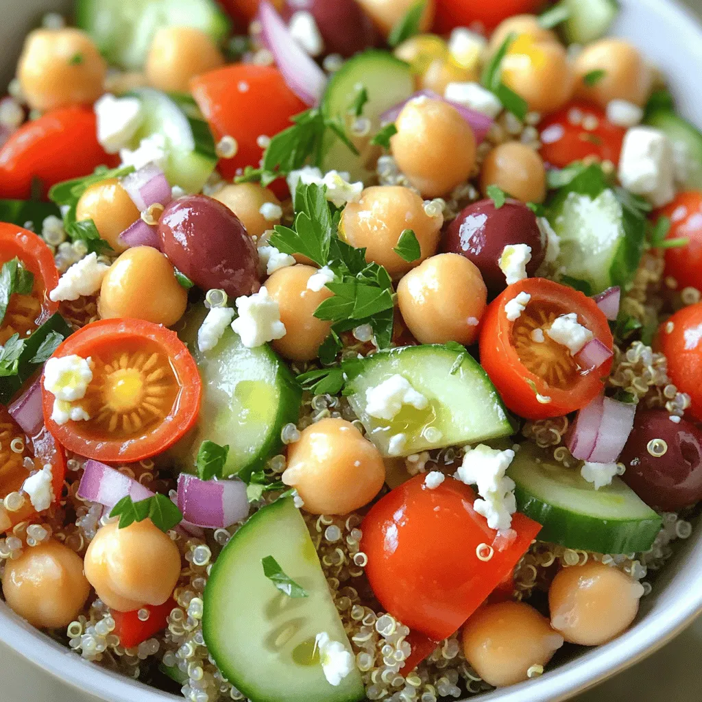 To make a Mediterranean Quinoa Bowl, gather these fresh and vibrant ingredients: - 1 cup quinoa, rinsed - 2 cups vegetable broth or water - 1 cup cherry tomatoes, halved - 1 cucumber, diced - 1/2 red onion, finely chopped - 1 red bell pepper, diced - 1 cup canned chickpeas, rinsed and drained - 1/2 cup kalamata olives, sliced - 1/4 cup fresh parsley, chopped - 1/4 cup feta cheese, crumbled (optional) - 3 tablespoons olive oil - 2 tablespoons lemon juice - 1 teaspoon dried oregano - Salt and pepper to taste Each ingredient adds unique flavors and textures. Quinoa is packed with protein and fiber. It serves as a hearty base. The vegetables bring crunch and freshness. Cherry tomatoes add sweetness, while cucumbers cool the dish. Red onion gives a sharp bite. Red bell pepper adds color and sweetness. Chickpeas are a great source of plant protein. Kalamata olives offer a briny flavor that balances the bowl nicely. Fresh parsley adds brightness. Feta cheese, though optional, gives a creamy tang. The olive oil and lemon juice dressing brings everything together, making each bite fresh and exciting. For the full recipe, you can check out the complete instructions to create this delicious Mediterranean Quinoa Bowl! 1. In a medium saucepan, bring 2 cups of vegetable broth or water to a boil. 2. Once boiling, add 1 cup of rinsed quinoa. 3. Reduce heat to low and cover the pot. 4. Simmer for about 15 minutes until the quinoa is fluffy and all the liquid is absorbed. 5. After cooking, remove from heat and let it sit for an extra 5 minutes. Fluff with a fork before serving. 1. While the quinoa cooks, grab a large bowl. 2. Combine 1 cup of halved cherry tomatoes, 1 diced cucumber, 1/2 finely chopped red onion, and 1 diced red bell pepper. 3. Add 1 cup of canned chickpeas, drained and rinsed, and 1/2 cup of sliced kalamata olives. Mix well. 1. In a small bowl, whisk together 3 tablespoons of olive oil, 2 tablespoons of lemon juice, 1 teaspoon of dried oregano, salt, and pepper. 2. Taste the dressing and adjust the flavors to your liking. You might want more lemon juice or salt. Now, you have all the key parts ready for your Mediterranean Quinoa Bowl. For the complete recipe, check the [Full Recipe]. To achieve fluffy quinoa, start by rinsing it well. Rinsing removes the bitter coating called saponin. Use a fine mesh strainer for this step. Next, cook the quinoa in vegetable broth or water. Bring the liquid to a boil, then reduce the heat. Cover and let it simmer for about 15 minutes. When done, let it sit covered for 5 more minutes. This helps the quinoa become light and airy. For seasoning, add salt and pepper to the quinoa after cooking. Mix in olive oil, lemon juice, and dried oregano for a fresh taste. Taste the quinoa and adjust the flavors to your liking. A little extra lemon can brighten the dish. Presentation matters in making your meal look appealing. Serve the quinoa bowl in colorful dishes. This makes the fresh ingredients pop. Arrange the ingredients in sections for a beautiful look. Start with a base of fluffy quinoa and layer the veggies on top. Garnishing your bowl can enhance its visual charm. Sprinkle fresh parsley all over the top. Add a lemon wedge on the side for a splash of color. These small touches make a big difference. You want your Mediterranean Quinoa Bowl to look as good as it tastes. {{image_2}} You can easily make this dish vegan. Just skip the feta cheese. It still tastes great without it. You can also try different dressings. For a zesty kick, use balsamic vinegar or tahini. You might enjoy a spicy hummus topping for extra flavor. These changes keep your meal fresh and exciting. If you want to switch grains, quinoa is not the only choice. You can use farro, couscous, or bulgur for a different texture. Each grain adds its own unique taste. If you need gluten-free options, choose quinoa or rice. Both are tasty and keep the bowl light. You can mix and match grains to find your favorite. For the full recipe, check out the Mediterranean Quinoa Bowl. To keep your Mediterranean Quinoa Bowl fresh, store leftovers in the fridge. Use airtight containers to prevent moisture loss. This method keeps your bowl tasty for up to three days. Make sure to let the dish cool before sealing. If you have extra dressing, store it separately. This step keeps your quinoa and veggies crisp. Can you freeze the quinoa bowl? Yes, you can! Freezing is a great way to save leftovers. Use freezer-safe containers or bags to store the bowl. Make sure to remove air to avoid freezer burn. You can freeze it for up to three months. When you're ready to eat, thaw it in the fridge overnight. Reheat gently, adding a splash of olive oil or lemon juice to refresh the flavors. Yes, you can prepare this quinoa bowl in advance. Store the cooked quinoa and vegetables separately in the fridge. This keeps everything fresh. You can mix them together just before serving. I recommend making the dressing ahead too. Keep it in a jar, so it’s ready to use. This makes meal prep easy and saves time during busy days. You can add many proteins to this quinoa bowl. If you like meat, grilled chicken or shrimp works great. For a plant-based option, try adding tofu or tempeh. Canned tuna or salmon also makes a tasty addition. Chickpeas are already in the recipe, but you can add more if you want extra protein. Choose what you enjoy most! Yes, this Mediterranean Quinoa Bowl is gluten-free. Quinoa itself is a gluten-free grain. All the other ingredients, like vegetables and chickpeas, are also gluten-free. Just ensure that any added toppings or dressings are gluten-free too. This bowl is a great choice for anyone avoiding gluten. Enjoy it worry-free! This blog post covered a tasty Mediterranean Quinoa Bowl. You learned about the fresh ingredients, easy steps, and helpful tips. Each section helps you create a balanced meal. Remember, you can customize this dish to fit your taste. Whether vegan or with added protein, it offers much flavor. Store leftovers properly for easy meals later. Enjoy making and sharing this dish. It’s healthy and fun!