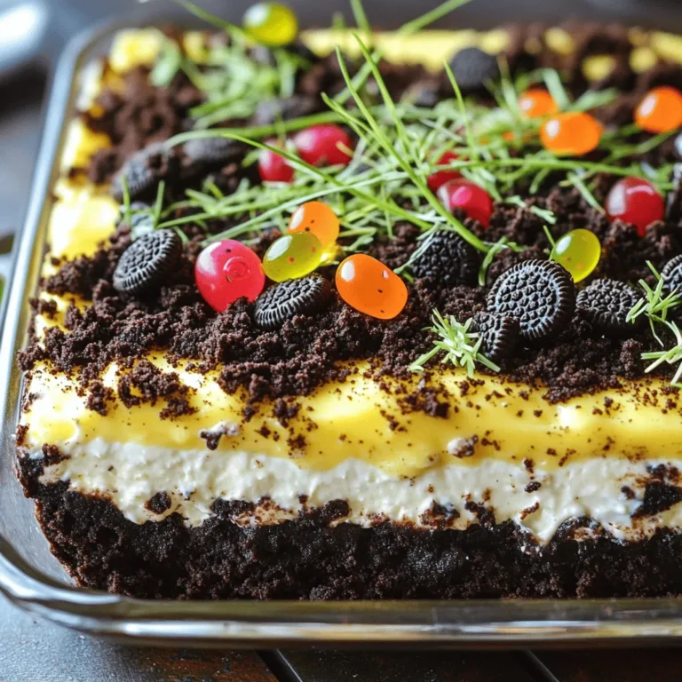 To make the Easter Dirt Cake Casserole, you will need these tasty ingredients: - 1 package (15.25 oz) chocolate cake mix - 3 cups milk - 2 packages (3.4 oz each) instant vanilla pudding mix - 1 container (8 oz) whipped topping (such as Cool Whip) - 1 package (20 oz) crushed Oreo cookies - 1 cup gummy worms - Edible grass (found in stores or homemade) - Fresh berries for garnish (optional) This list gives you a mix of flavors and textures that kids and adults love. The chocolate cake provides a rich base. The vanilla pudding adds creaminess. Gummy worms and crushed Oreos bring fun and whimsy. You can also add fresh berries for a burst of color. Each ingredient plays a role in making this dish a hit at your Easter gathering. The cake mix is easy to prepare and provides a soft base. Instant pudding saves time while keeping the dessert creamy. The whipped topping adds airiness, making the whole dish light and fun. When you gather these ingredients, pick fresh berries that are in season. They will add not just flavor but also a nice pop of color. The edible grass can be homemade or bought. It gives a playful touch to the final look of the casserole. With this list, you are ready to start your Easter Dirt Cake Casserole adventure. If you want to see the full recipe, you can find it easily as you move on to the next steps. - First, preheat your oven to 350°F (175°C). - Grease a 9x13 inch baking dish with butter or cooking spray. - Next, mix the chocolate cake according to the package instructions. - Pour the batter into the greased baking dish. - Bake the cake for 30-35 minutes. Use a toothpick to check for doneness. - Let the cake cool completely before moving on. - In a large bowl, whisk the instant vanilla pudding mix with 3 cups of milk. - Keep whisking until the pudding is smooth and thick. - Let the pudding sit for about 5 minutes. - Now, fold in the whipped topping gently until you see no streaks. - Crumble the cooled cake into large pieces in the baking dish. - Spread the pudding mixture evenly over the crumbled cake. - Sprinkle the crushed Oreo cookies on top to mimic dirt in a garden. - For a fun touch, place gummy worms and edible grass on top. - Chill the casserole in the fridge for at least 2 hours before serving. You can find the full recipe to enjoy this delightful treat! To get a great cake texture, start by ensuring even baking. Make sure your oven is preheated to 350°F (175°C) before you bake the cake. This helps the cake rise evenly. Use a toothpick to check if the cake is done. When you insert it in the center, it should come out clean. After baking, cooling is key. Let your cake cool completely before you assemble the casserole. This keeps the layers from mixing and helps the flavors stay distinct. If you rush this step, your pudding layer could melt into the cake. To make the pudding layer even better, consider adding flavors. You can swap out the vanilla pudding for chocolate or butterscotch pudding. This can give a nice twist to your cake. For toppings, think beyond just crushed Oreos. You could use chocolate sprinkles or even mini marshmallows. These add fun textures and tastes. They also make the dish look more appealing for your guests. Easter is a perfect time to serve this dish. It’s fun, festive, and sure to impress. You can also serve it at birthday parties or family gatherings. The fun colors and textures will be a hit with kids and adults alike. Pair your casserole with milk or a light fruit punch. Both drinks complement the rich flavors of the cake. If you want something lighter, fresh fruit on the side works well too. It adds a refreshing touch to the meal. For the full recipe, be sure to check out the complete instructions! {{image_2}} You can make this recipe work for different diets. If you need a gluten-free option, try using a gluten-free chocolate cake mix. This swap keeps the taste and texture great. You can also change the pudding. Use chocolate pudding instead of vanilla for a richer flavor. Easter is a fun time to get creative! You can add seasonal candies for extra fun. Think about using pastel M&M's or chocolate eggs. They can make your casserole look festive. You can also adapt this dish for other holidays. For Halloween, swap gummy worms for candy corn. For Christmas, use crushed peppermint candies on top. If you want a healthier treat, consider low-sugar pudding. You can find sugar-free options at most stores. For a dairy-free version, use almond or coconut milk. Replace whipped topping with coconut cream for a rich taste. Store any leftovers in an airtight container. This keeps the casserole fresh. Place it in the fridge right after serving. It will last up to 3 days. After that, it may lose its taste and texture. You can freeze the casserole, but it’s best to avoid it. The texture may change when thawed. If you still want to freeze, wrap it tightly in plastic wrap. Then, place it in a freezer-safe bag. It can last up to 2 months in the freezer. When you're ready to serve, thaw it in the fridge overnight. Once it's soft, you can serve it cold or let it sit at room temp for 30 minutes. This will make the flavors pop again. Enjoy your Easter Dirt Cake Casserole! How to make Easter Dirt Cake Casserole? To make Easter Dirt Cake Casserole, start by baking a chocolate cake. Use a chocolate cake mix, follow the package directions, and bake it in a greased dish. After it cools, mix instant vanilla pudding with milk. Fold in whipped topping, then crumble the cooled cake. Layer the pudding mix over the crumbled cake. Top with crushed Oreos, gummy worms, and edible grass. Chill it for two hours before serving. You can find the Full Recipe for detailed steps. Can I use homemade whipped cream? Yes, you can use homemade whipped cream in this recipe. It will add a fresh taste. Just whip heavy cream until it forms soft peaks. Then, gently fold it into the pudding mix. This swap gives the dessert a lovely texture. What can I substitute for gummy worms? You can use other candies instead of gummy worms. Try chocolate-covered raisins, jelly beans, or even candy insects. These options can add fun and color to your Easter Dirt Cake Casserole. Why did my cake not rise? If your cake did not rise, check if your baking powder is fresh. Old baking powder can cause flat cakes. Also, ensure you mixed the batter well. Over-mixing can lead to dense cakes, while under-mixing can cause uneven rising. How can I fix a runny pudding layer? If your pudding layer is runny, it may need more time to set. Refrigerate it longer to thicken. For the next time, use less milk when mixing the pudding. This will help achieve a firmer texture. What is the number of servings? This recipe typically serves 12 people. It’s a great dessert for a gathering. Each serving offers a fun and tasty treat for everyone. How to scale the recipe for larger gatherings? To scale the recipe, you can double the ingredients. Use a larger baking dish, like a 12x18 inch pan. Adjust the baking time as needed. Check for doneness with a toothpick. This way, you can share more delicious dirt cake with friends and family. This blog post covered how to create a fun Easter Dirt Cake Casserole. We discussed the key ingredients and provided step-by-step instructions. Tips and variations helped you think outside the box. Proper storage info ensures your leftovers stay fresh. Enjoy making this dessert for your next gathering! It's simple, tasty, and always a hit. Don't hesitate to experiment with flavors and decorations. Have fun creating and sharing this special treat!